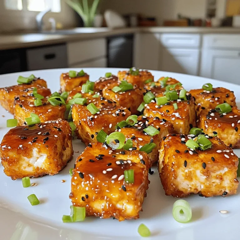 - 1 block (14 oz) firm tofu, pressed and cubed - 1/4 cup soy sauce (or tamari for gluten-free) - 2 tablespoons maple syrup - 1 tablespoon rice vinegar - 1 tablespoon sesame oil - 1 teaspoon cornstarch - 1 tablespoon fresh ginger, minced - 2 cloves garlic, minced - 1/2 teaspoon black sesame seeds (optional) - Chopped green onions for garnish To make these air fryer teriyaki tofu nuggets, I start with firm tofu. Press it to squeeze out extra water. This step is key to getting crispy nuggets. I cut the tofu into bite-sized cubes. This size helps them cook evenly. Next, I prepare a simple marinade. I mix soy sauce, maple syrup, rice vinegar, sesame oil, ginger, and garlic in a bowl. This mix gives the tofu a rich flavor. I toss the tofu cubes in this marinade, letting them soak for at least 30 minutes. This wait time helps the tofu absorb all those tasty flavors. After marinating, I sprinkle cornstarch over the tofu. This powder helps create a crispy outside when cooking. It’s a small step, but it makes a big difference. Now, for the fun part! I preheat the air fryer to 380°F (193°C). It takes just a few minutes. Then, I place the tofu cubes in the basket in a single layer. Cooking takes about 12 to 15 minutes. I shake the basket halfway through for even crispiness. When they turn golden brown and crispy, they are ready! I love to garnish them with black sesame seeds and green onions. They add a nice touch and extra flavor. These nuggets are not just tasty; they’re also fun to make! To start, you need to press the tofu. This removes water that makes tofu soggy. Use a tofu press or wrap it in a clean towel. Then, place a heavy object on top for about 15-20 minutes. After pressing, cut the tofu into 1-inch cubes. This size helps them cook evenly and get crispy. In a bowl, combine 1/4 cup of soy sauce, 2 tablespoons of maple syrup, 1 tablespoon of rice vinegar, and 1 tablespoon of sesame oil. Add 1 teaspoon of cornstarch for extra thickness. Mix well with a whisk. Then, add 1 tablespoon of minced ginger and 2 cloves of minced garlic. This blend gives a rich flavor to the tofu. Place the cubed tofu into a large mixing bowl. Pour the marinade over the tofu and toss gently. Make sure all pieces are coated. Let the tofu sit for at least 30 minutes. This allows the tofu to soak up the flavors. After marinating, sprinkle 1 teaspoon of cornstarch over the tofu. Toss gently again to coat each cube. Preheat your air fryer to 380°F (193°C) for about 5 minutes. Once hot, add the marinated tofu cubes in a single layer in the air fryer basket. Cook for 12-15 minutes. Shake the basket halfway through to ensure even cooking. Check if the nuggets are golden brown and crispy. If you want them extra crispy, cook for 2-3 more minutes. To achieve that perfect crispiness, marinating the tofu is key. I recommend marinating for at least 30 minutes. This helps the tofu soak up all the delicious flavors. If you have more time, marinate it longer for even better taste. Adjust the cooking time based on your personal preference. I suggest starting at 12 minutes. If you want it extra crispy, add 2-3 more minutes. Keep an eye on the nuggets. They should turn golden brown and feel firm to the touch. The best temperature for air frying tofu is 380°F (193°C). This setting cooks the tofu evenly while making it crispy. Make sure to preheat your air fryer for about 5 minutes. It helps to get the cooking process started right. Cooking in batches is also a good idea. Avoid overcrowding the basket. This allows hot air to circulate freely, giving you crispier nuggets. If you have a lot of tofu, cook it in two or three rounds. For serving, these tofu nuggets pair well with rice or steamed veggies. You can also serve them with a side of teriyaki sauce for dipping. It adds an extra flavor boost! For presentation, sprinkle chopped green onions and black sesame seeds on top. This makes your dish look vibrant and appetizing. A colorful plate always catches the eye! {{image_2}} You can spice up your teriyaki tofu nuggets. Try adding chili paste for a kick. This gives a nice heat and depth. Also, consider using Asian-inspired seasonings. Five-spice powder or hoisin sauce can add unique flavors. These tweaks make the dish fun and different each time. If you need gluten-free options, swap soy sauce for tamari. Tamari tastes the same and works well. For vegan-friendly sides, pair the nuggets with fresh veggies. You can use avocado or a tasty salad. These options keep your meal healthy and satisfying. You can enjoy these tofu nuggets in many ways. Use them as a salad topping for added crunch. Wrap them in lettuce for a fresh bite. You can also toss them in stir-fry dishes. This adds flavor and protein to your meals. Each option brings a new twist to the classic nuggets. To keep your cooked tofu nuggets fresh, place them in an airtight container. Make sure they cool down before sealing. Store them in the fridge for up to four days. This keeps their taste and texture intact. Avoid stacking them too much; it helps them stay crispier. To reheat your tofu nuggets and keep them crispy, use the air fryer again. Set it to 350°F (175°C) and cook for about 5-7 minutes. This method revives their crunch. You can also use a skillet over medium heat if you prefer. Just add a little oil to prevent sticking. You can freeze these tofu nuggets too! For uncooked nuggets, place them on a baking sheet and freeze until solid. Then, transfer them to a freezer bag for up to three months. When ready to cook, no need to thaw. Just air fry them straight from the freezer. For cooked nuggets, cool them first, then freeze. They can last for about a month. Marinate the tofu for at least 30 minutes. This allows the cubes to soak up the sauce. For even more flavor, you can marinate it longer, up to 8 hours in the fridge. Just remember to keep it covered. I recommend using firm tofu. Soft tofu can break apart easily during cooking. Firm tofu holds its shape well and gives you those perfect crispy nuggets. Yes, preheating is important. It helps the tofu cook evenly and become crispy. Set your air fryer to 380°F (193°C) and preheat it for about 5 minutes. These nuggets pair well with rice or quinoa. You can also serve them with steamed veggies or in a wrap. A side of dipping sauce, like extra teriyaki, adds a nice touch too. Check for a golden brown color. The tofu should be crispy on the outside. If you want more crunch, add an extra 2-3 minutes of cooking time. In this blog post, we explored how to make delicious air fryer teriyaki tofu nuggets. You learned about key ingredients like firm tofu, soy sauce, and maple syrup. We walked through easy steps to prepare, marinate, and cook the tofu nuggets. You picked up tips for crispiness and variations for different flavors. These nuggets are a tasty, healthy choice. Try them as a snack or meal. Enjoy your cooking journey!