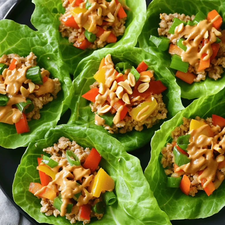 To create Thai Peanut Chicken Lettuce Wraps, gather these tasty ingredients: - 1 lb ground chicken - 2 tablespoons peanut butter - 1 tablespoon soy sauce - 1 tablespoon fish sauce - 1 tablespoon brown sugar - 1 tablespoon lime juice - 1 clove garlic, minced - 1 teaspoon ginger, grated - ½ cup diced bell peppers (any color) - ½ cup grated carrots - ¼ cup chopped green onions - ¼ cup chopped fresh cilantro - 1 head of butter or romaine lettuce, leaves separated - Chopped peanuts for garnish - Sriracha or chili sauce for added spice (optional) You can swap some ingredients based on your taste or what you have. Here’s how: - Use ground turkey or tofu instead of ground chicken for different proteins. - Almond butter or sunbutter can replace peanut butter for nut allergies. - Coconut aminos work well if you need a soy sauce alternative. - Maple syrup can replace brown sugar for a different sweet touch. - You can use lemon juice in place of lime juice for a similar tart flavor. Understanding the nutrition in your wraps helps you make healthy choices. Here’s a breakdown: - Ground Chicken: High in protein, low in carbs. Good for muscle health. - Peanut Butter: Provides healthy fats and protein. It gives energy too. - Soy Sauce: Adds flavor but can be high in sodium. Use low-sodium if preferred. - Bell Peppers: These add vitamins A and C and fiber. They are crunchy and sweet. - Lettuce: Low in calories. It adds crunch and helps keep wraps light. - Cilantro: Rich in vitamins K and C. It adds a fresh taste. These ingredients come together for a tasty, healthy meal. 1. Start by heating a drizzle of oil in a large skillet over medium heat. 2. Add minced garlic and grated ginger. Sauté for about 1 minute until it smells great. 3. Next, add the ground chicken to the skillet. Break it apart with a spoon. Cook for 5 to 7 minutes until it turns white and is no longer pink. 4. While the chicken cooks, grab a separate bowl. Combine peanut butter, soy sauce, fish sauce, brown sugar, and lime juice. Mix it well until it is smooth. 5. Pour this sauce over the cooked chicken. Stir in diced bell peppers and grated carrots. Cook for another 2 to 3 minutes until the veggies soften a bit. 6. Remove the skillet from heat. Stir in chopped green onions and cilantro. Taste it and add salt or lime juice if you want. - Use a non-stick skillet. This helps prevent the chicken from sticking. - Break the chicken into small pieces. This helps it cook evenly. - Make sure the chicken is fully cooked. It should be white with no pink spots. - Don’t rush the cooking. Let the flavors develop by cooking at medium heat. 1. Take a lettuce leaf and lay it flat on a plate. 2. Spoon a generous amount of the chicken mixture into the center of the leaf. 3. Top it with chopped peanuts for crunch. 4. If you like spice, drizzle Sriracha or chili sauce on top. 5. Fold the lettuce around the filling like a little package. Enjoy your wrap right away! To make your Thai peanut chicken wraps burst with flavor, try these tips: - Use fresh lime juice for brightness. - Add fresh herbs like basil or mint for a twist. - Toast the peanuts to deepen their nutty taste. - Include sriracha or chili sauce to boost the heat. These small changes can elevate your dish to a new level. Having the right tools makes cooking easier and more fun. Here are my top picks: - Large skillet: Perfect for browning the chicken. - Mixing bowl: Use this for your sauce and veggie mix. - Cutting board and knife: These are essential for chopping. - Measuring spoons: Accurate measurements keep flavors balanced. - Spatula: This helps to stir and combine your ingredients well. With these tools, you set yourself up for success. Even seasoned cooks make slip-ups. Here are some common mistakes to watch for: - Overcooking the chicken can make it dry. Cook until just no longer pink. - Not chopping vegetables small enough can lead to uneven cooking. - Forgetting to taste the mixture before serving can leave flavors lacking. - Skipping the garnishes can make your wraps look less appealing. Avoid these pitfalls for a tasty and attractive meal! {{image_2}} You can switch up the protein in these wraps. Try using ground beef or turkey for a richer taste. If you want a plant-based option, tofu works great. Just press and cube it first. Then sauté the tofu until golden and crispy. This way, you keep the texture nice and firm. While the peanut sauce is a star, you can explore other flavors. A sweet chili sauce gives a nice kick. Or, try a hoisin sauce for a sweeter twist. You can even mix soy sauce with sesame oil for a unique taste. Just remember to adjust the sweetness based on the sauce you choose. To make these wraps vegetarian or vegan, simply use tofu or tempeh. Replace the fish sauce with soy sauce or a vegan alternative. You can also add extra veggies like mushrooms or zucchini for more texture. This keeps the dish filling and delicious without meat. Enjoy exploring these variations as you make your wraps! Store leftover wraps in an airtight container. Place them in the fridge. They will stay fresh for up to three days. Make sure to keep the chicken mixture separate from the lettuce leaves. This helps the lettuce stay crisp. If the wraps sit in the fridge too long, they may become soggy. To reheat the chicken mixture, use a skillet. Warm it over medium heat for about five minutes. Stir often to heat it evenly. You can also use a microwave. Heat in short bursts of 30 seconds, stirring in between. This keeps the chicken moist and tasty. You can freeze the chicken mixture for later use. Let it cool completely before packing it. Use a freezer-safe container or bag. It will last for up to three months. When ready to use, thaw it in the fridge overnight. Then, reheat it before serving. Enjoy your wraps fresh! Yes, you can prepare the filling ahead of time. Cook the chicken mixture and let it cool. Store it in the fridge for up to two days. When you're ready to eat, just reheat it in a skillet. Assemble your wraps with fresh lettuce leaves right before serving. This keeps everything crisp and tasty. You have many choices for toppings! Try adding sliced cucumbers for crunch. Radishes give a nice spice. Shredded cabbage adds extra texture. Fresh herbs like mint or basil bring bright flavors. You can even use avocado for creaminess. Just mix and match to find what you like best! To make these wraps gluten-free, use tamari instead of soy sauce. Tamari is a gluten-free soy sauce alternative. Check the fish sauce label to ensure it is gluten-free too. Use fresh veggies and avoid any bread or crumbs. This way, you can enjoy the wraps without worry! This blog post covered the key ingredients and their substitutes for delicious lettuce wraps. I shared step-by-step cooking tips and common mistakes to avoid. You learned about flavor enhancements and equipment that can help. We also explored variations like alternative proteins and vegetarian options. Finally, I discussed storage tips to keep your wraps fresh. Remember, making these wraps can be fun and easy. Don't hesitate to try your own twists. Enjoy every bite!