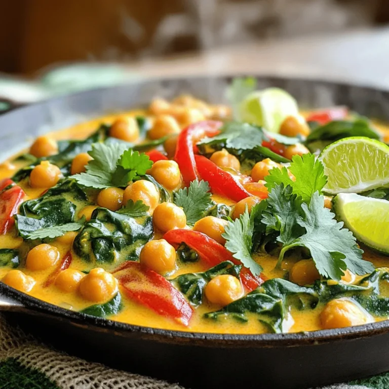 To make Thai Coconut Curry Chickpeas, gather these items: - 1 can (15 oz) chickpeas, drained and rinsed - 1 tablespoon coconut oil - 1 onion, finely chopped - 3 cloves garlic, minced - 1 tablespoon fresh ginger, grated - 1 red bell pepper, sliced - 1 tablespoon red curry paste - 1 can (14 oz) coconut milk - 1 tablespoon soy sauce (or tamari for gluten-free) - 1 tablespoon brown sugar - 1 cup baby spinach - Fresh cilantro, for garnish - Lime wedges, for serving - Salt and pepper to taste You can spice up your dish with these extras: - 1 tablespoon lime juice - 1 teaspoon turmeric for color and health - Sliced jalapeños for heat - Chopped green onions for crunch These ingredients can boost the taste and make your meal more exciting. If you can't find some items, here are swaps: - Use olive oil if you don't have coconut oil. - Swap red curry paste for yellow or green curry paste. - If you don't like chickpeas, try lentils or tofu. - Use coconut cream instead of coconut milk for a richer taste. These substitutions will keep the dish tasty while catering to your needs. First, gather all your ingredients. You need: - 1 can (15 oz) chickpeas, drained and rinsed - 1 tablespoon coconut oil - 1 onion, finely chopped - 3 cloves garlic, minced - 1 tablespoon fresh ginger, grated - 1 red bell pepper, sliced - 1 tablespoon red curry paste - 1 can (14 oz) coconut milk - 1 tablespoon soy sauce (or tamari for gluten-free) - 1 tablespoon brown sugar - 1 cup baby spinach - Fresh cilantro, for garnish - Lime wedges, for serving - Salt and pepper to taste 1. Heat the coconut oil in a large skillet over medium heat. 2. Add the chopped onion and sauté for 3-4 minutes until it turns translucent. 3. Toss in the minced garlic and grated ginger. Cook for 1-2 minutes until fragrant. 4. Add the sliced red bell pepper and cook for 3-4 minutes until it softens. 5. Stir in the red curry paste and cook for 1 minute to enhance its flavor. 6. Pour in the coconut milk, soy sauce, and brown sugar. Mix well to combine. 7. Add the drained chickpeas. Bring the mixture to a gentle simmer. Cook for 10-15 minutes to thicken the sauce. 8. Once thickened, stir in the baby spinach. Season with salt and pepper to taste. Cook for an extra 2-3 minutes until the spinach wilts. Serve the curry hot. Garnish with fresh cilantro. Add lime wedges on the side for squeezing over the dish. This adds a bright flavor that pairs well with the rich curry. Enjoy your meal with rice or flatbread for a complete experience. To cook chickpeas well, start with canned ones for ease. Rinse them to remove extra salt. If you use dried chickpeas, soak them overnight. This step helps them cook faster. Cook the soaked chickpeas in boiling water for about one hour. This method makes them soft and creamy. For the right thickness in your curry, let it simmer. After adding the coconut milk, let it cook on low heat. Stir occasionally to avoid sticking. The curry will thicken as it cooks. If you want it thicker, mash some chickpeas while cooking. This adds body without changing the taste. Want to boost flavors? Try adding fresh lime juice for brightness. A dash of fish sauce can deepen the taste, too. For heat, add chopped jalapeños or red pepper flakes. Fresh herbs like basil or mint can add a nice twist. You can also mix in other veggies like carrots or peas for added nutrition. {{image_2}} You can easily make this dish vegan and gluten-free. Use tamari instead of soy sauce for a gluten-free option. All the other ingredients are already vegan. If you want a creamier sauce, use full-fat coconut milk. This adds rich flavor without any dairy. Chickpeas are great, but you can add more protein. Tofu works well. Press and cube firm tofu, then sauté it with the onion. You can also add cooked lentils or shredded chicken. These options add texture and heartiness to the curry. Adjusting the spice level is easy. If you like it hot, add more red curry paste. You can also toss in chopped fresh chili peppers. For a milder taste, use less curry paste or skip it altogether. Taste as you go to find your perfect balance. After you enjoy your Thai Coconut Curry Chickpeas, store any leftovers. Use an airtight container. Place the cooled curry in the container and seal it tight. This method keeps the flavors fresh. Store the dish in the fridge for up to three days. You can freeze this curry for longer storage. Let it cool completely first. Then, transfer it to a freezer-safe container. Leave some space at the top for expansion. Seal it well and label the container with the date. You can freeze the curry for up to three months. Reheating is easy! For the best taste, use a skillet over medium heat. Stir the curry gently until it's hot. If the sauce is too thick, add a splash of water or coconut milk. You can also microwave it in a safe dish. Heat in short intervals to avoid overcooking. Enjoy your meal again with fresh cilantro and lime! You can use almond milk or soy milk if you need a swap. These options give a different taste but still work. If you want creaminess, try cashew cream. It adds a nice texture. For a richer flavor, mix equal parts of yogurt and water. This makes a good base for the curry. To add heat, include fresh chili peppers or red pepper flakes. You can mix in sliced jalapeños for a kick. If you want more depth, add extra red curry paste. Start with a small amount and taste as you go. This way, you can control the spice level just how you like it. Yes, you can use dried chickpeas. But you need to soak and cook them first. Soak them overnight in water. Then, boil them until soft. This usually takes about an hour. Once cooked, you can add them to the curry just like canned chickpeas. They will add a nice texture to your meal. This blog post covered all you need to know about making chickpea curry. We explored key ingredients, easy steps, and tips to get it just right. You can customize your dish with various spices and proteins to suit your taste. Remember to store leftovers properly and feel free to experiment with flavors. Chickpea curry is tasty, simple, and versatile. Enjoy cooking and sharing this dish with others.