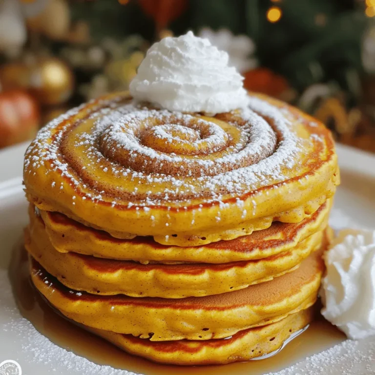 For the perfect batch of cinnamon swirl pumpkin pancakes, gather these simple ingredients: - 1 cup all-purpose flour - 1 tablespoon baking powder - 1 teaspoon ground cinnamon - 1/2 teaspoon ground nutmeg - 1/4 teaspoon salt - 1 cup milk - 1/2 cup canned pumpkin puree - 1 large egg - 2 tablespoons brown sugar - 1 teaspoon vanilla extract - 2 tablespoons melted butter - 1/4 cup granulated sugar (for swirl) - 1 teaspoon ground cinnamon (for swirl) These ingredients come together to create a rich, flavorful pancake. The pumpkin puree adds moisture and a subtle sweetness. The spices bring warmth and depth to each bite. The swirl of cinnamon sugar creates a delightful visual and taste experience. This blend makes your breakfast feel like a special treat every time. Start by gathering your dry ingredients. In a large bowl, add 1 cup of all-purpose flour, 1 tablespoon of baking powder, 1 teaspoon of ground cinnamon, 1/2 teaspoon of ground nutmeg, and 1/4 teaspoon of salt. Whisk these together until they are well mixed. This helps to combine flavors and ensure even cooking. Next, grab another bowl for the wet ingredients. Combine 1 cup of milk, 1/2 cup of canned pumpkin puree, 1 large egg, 2 tablespoons of brown sugar, 1 teaspoon of vanilla extract, and 2 tablespoons of melted butter. Stir these ingredients until smooth. The pumpkin adds flavor and moisture to the pancakes. Now it's time to bring the two mixtures together. Pour the wet ingredients into the bowl with the dry mix. Stir gently until just combined. It’s okay if the batter is slightly lumpy. Overmixing can make the pancakes tough, and we want them light and fluffy. In a small bowl, mix 1/4 cup of granulated sugar and 1 teaspoon of ground cinnamon. This will be our sweet swirl. Set it aside for later. This mix adds a delightful surprise to each bite. Preheat your griddle or non-stick skillet over medium heat. Lightly grease it with cooking spray or butter. Pour 1/4 cup of batter onto the hot skillet for each pancake. Now, using a spoon, sprinkle a bit of the cinnamon-sugar mixture on top of the batter. Use a toothpick or the end of a spoon to create a spiral design. Cook until bubbles form on the surface, about 3 to 4 minutes. Flip the pancake and cook for another 2 to 3 minutes, until golden brown. Repeat this process until all the batter is used. Adjust the heat if needed to avoid burning. Enjoy the warm, cozy flavors of these cinnamon swirl pumpkin pancakes! To make the best pancakes, use a hot skillet. If it's not hot enough, your pancakes will not cook well. I recommend using a non-stick pan for easy flipping. Make sure to grease the pan lightly with butter or cooking spray. Pour the batter in a 1/4 cup measure for even sizes. Watch for bubbles on the surface. When you see them, it’s time to flip. Cook until golden brown on both sides. This way, you get a fluffy, golden pancake every time! Feel free to adjust spices to suit your taste. You can add more cinnamon or nutmeg for a stronger flavor. If you want a sweeter pancake, increase the brown sugar slightly. For a richer taste, use whole milk instead of low-fat. You can also try adding a splash of maple syrup into the batter. Each change can bring a new twist to your pancakes, making them your own. These pancakes shine when served warm. Stack them high on a plate and dust with powdered sugar. Drizzle with pure maple syrup for a sweet finish. A dollop of whipped cream adds a nice touch. For a fun twist, sprinkle extra cinnamon or even some chopped nuts on top. You can also serve them with fresh fruit like bananas or berries. These toppings enhance the flavor and make your meal look beautiful! {{image_2}} You can easily make pumpkin spice pancakes. Simply add more spices to the batter. Try adding 1/2 teaspoon of ginger and 1/4 teaspoon of cloves. This will give your pancakes a warm, spicy kick. You might also add a bit more pumpkin puree for extra flavor and moisture. If you want gluten-free pancakes, swap the all-purpose flour for a gluten-free blend. Many blends work great in pancakes. Just check the package for the right amount. You may also need to adjust the liquid slightly, as some blends absorb more moisture. For a fun twist, add chocolate chips or nuts to your batter. Fold in 1/2 cup of semi-sweet chocolate chips or chopped nuts like walnuts or pecans. This adds texture and flavor. Just be careful not to overmix the batter to keep the pancakes fluffy. If you have leftover pancakes, store them in the fridge. Place them in an airtight container or wrap them tightly in plastic wrap. They stay fresh for up to three days. You can also stack them with parchment paper in between to prevent sticking. To freeze pancakes, let them cool completely. Then, layer them with parchment paper in a freezer-safe bag or container. This method keeps them from sticking together. You can freeze them for up to two months. Just label the bag with the date for easy tracking. Reheat your pancakes in several ways. For the microwave, place a pancake on a plate and heat for 20-30 seconds. If you want a crispy edge, use a skillet. Heat it over medium heat for about 1-2 minutes on each side. You can also pop them in a toaster for a quick, crunchy finish. Enjoy them warm, topped with your favorite syrup! Yes, you can use fresh pumpkin. Just cook and mash it first. Use about the same amount as canned pumpkin. Fresh pumpkin adds a vibrant flavor and freshness that is hard to beat. To make your pancakes fluffier, you can separate the egg. Beat the egg white until it is stiff. Then fold it into the batter at the end. This adds air and lightens the texture. Many toppings work well with these pancakes. Some favorites are maple syrup, whipped cream, or a sprinkle of nuts. You could also add fresh fruit like bananas or apples for extra flavor. Yes, you can prepare the batter ahead of time. Store it in the fridge for up to 24 hours. Just give it a good stir before cooking, as it may thicken a bit. To store pancake batter, place it in an airtight container. Keep it in the fridge. Use it within a day for the best taste and texture. This blog post covered how to make delicious Cinnamon Swirl Pumpkin Pancakes. We looked at key ingredients, step-by-step instructions, and helpful tips. I shared ways to customize these pancakes, along with storage options. In conclusion, enjoy the warm flavors and easy prep. You can impress friends and family with these tasty pancakes. Happy cooking!