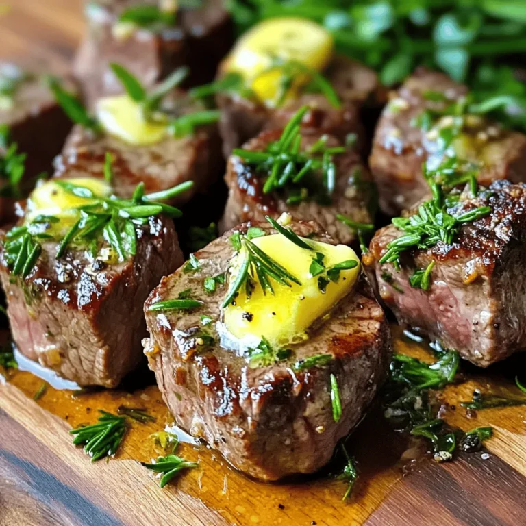 - 1 lb sirloin steak, cut into bite-sized cubes - 4 tablespoons unsalted butter, melted - 4 cloves garlic, minced - 1 teaspoon fresh rosemary, chopped - 1 teaspoon fresh thyme, chopped - Salt and black pepper to taste - 1 tablespoon olive oil - Fresh parsley for garnish (optional) - Add a splash of Worcestershire sauce for a tangy kick. - Include red pepper flakes for some heat. - Consider using fresh herbs like oregano or basil for a unique twist. - Sirloin steak can be swapped with ribeye or tenderloin for richer flavors. - Use ghee or olive oil instead of butter for a dairy-free option. - If fresh herbs are not available, dried herbs work well too; just use less. - Garlic powder can replace fresh garlic in a pinch, but fresh is best for taste. To start, gather your ingredients. In a medium bowl, mix the melted butter and minced garlic. Add chopped rosemary and thyme. Sprinkle in salt and black pepper to taste. This mix is your garlic herb butter marinade. It adds rich flavor to the steak. Next, cut your sirloin steak into bite-sized cubes. Place these cubes in your marinade. Make sure each piece gets coated well. This step is key for tasty bites. Let the steak marinate for 15-20 minutes. This time allows the flavors to soak in. Keeping it at room temperature helps too. Now, preheat your air fryer to 400°F (200°C). After marinating, drizzle olive oil over the steak bites. Toss them gently to coat. Place the bites in a single layer in the air fryer basket. You might need to do this in batches. Cook for 8-10 minutes. Shake the basket halfway through to cook evenly. When they are done, you can drizzle extra garlic butter over them for more taste. Add fresh parsley on top for a nice touch. For perfect steak bites, timing is key. Here’s a quick guide: - Medium-rare: Cook for 8 minutes. The inside will be warm and red. - Medium: Cook for 9 minutes. The center will be pink and warm. - Medium-well: Cook for 10 minutes. The center will be slightly pink. - Well done: Cook for 11 minutes. The steak will be brown throughout. Always check the internal temperature with a meat thermometer. Aim for 130°F for medium-rare and 160°F for well-done. To get that crispy crust on your steak bites, follow these steps: 1. Pat Dry: Before marinating, pat the steak cubes dry with paper towels. This helps them crisp up. 2. Oil Coating: Drench the steak bites in olive oil before air frying. This adds flavor and helps with browning. 3. Single Layer: Arrange the bites in a single layer in the air fryer basket. Avoid overcrowding for even cooking. 4. Shake It Up: Halfway through cooking, shake the basket to let all sides cook well. These tips will give you a nice, crunchy exterior that pairs perfectly with the tender inside. These garlic butter steak bites are great on their own but shine with sides. Here are some tasty ideas: - Salads: Serve with a fresh garden salad or a Caesar salad for crunch. - Veggies: Roasted or air-fried vegetables like broccoli or asparagus complement the steak well. - Dips: Offer a garlic aioli or a spicy sauce for dipping. - Carbs: Try them with fluffy mashed potatoes or crispy fries for a hearty meal. Get creative and mix and match! The steak bites will make any meal special. {{image_2}} You can use many cuts of steak for this recipe. Sirloin is great, but ribeye works too. Ribeye gives more flavor due to its fat content. Tenderloin is another option if you want a leaner bite. Each cut brings its own taste and texture. Just remember, the cooking time may change with thicker cuts. Spice it up! You can add spices to the garlic herb butter. Try paprika for a smoky touch or cayenne for heat. Marinades can change the flavor too. A soy sauce or balsamic vinegar mix adds depth. You can even use fresh herbs like oregano or basil. Get creative! The goal is to enhance the steak's natural taste. You can serve these steak bites in different ways. For appetizers, keep them small and bite-sized. Serve with toothpicks for easy eating. Pair with a dipping sauce like chimichurri or ranch. As a main dish, serve larger portions with sides like mashed potatoes or veggies. The steak bites are versatile and fit any meal style. To keep your steak bites fresh, store them in an airtight container. Let them cool first, then cover tightly. Place them in the fridge if you plan to eat them within three days. For longer storage, consider freezing them. Always label your container with the date, so you know when you made them. When you want to enjoy leftover steak bites, preheat your air fryer to 350°F. Place the steak bites in the basket in a single layer. Heat them for about 4-5 minutes, shaking halfway through. This helps them heat evenly and regain some of their crispiness. You can also microwave them, but they may lose some texture. If you want to freeze your steak bites, do so right after they cool. Place them in a freezer-safe bag or container. Squeeze out as much air as possible to prevent freezer burn. They can last up to three months in the freezer. When ready to eat, thaw them in the fridge overnight before reheating. You should marinate steak bites for at least 15-20 minutes. This lets the flavors soak in. If you have time, go for an hour. Longer marinating gives deeper flavor. Yes, you can use other meats. Chicken, pork, or shrimp work well. Just adjust cooking times for each type. Each meat brings its own taste, so get creative! Great side dishes include mashed potatoes or roasted vegetables. A simple salad adds freshness. You can also serve garlic bread for a tasty touch. Enjoy your meal with a side that balances the rich steak bites. This guide covered everything you need for making garlic butter steak bites. We explored ingredients, step-by-step instructions, and helpful tips. You learned how to enhance flavor and serve them well. Remember to store any leftovers properly and reheat with care. Try different cuts and spice blends to keep dishes fresh. Enjoy your cooking journey and impress your friends and family with these tasty bites. Your meals can be simple yet delicious!