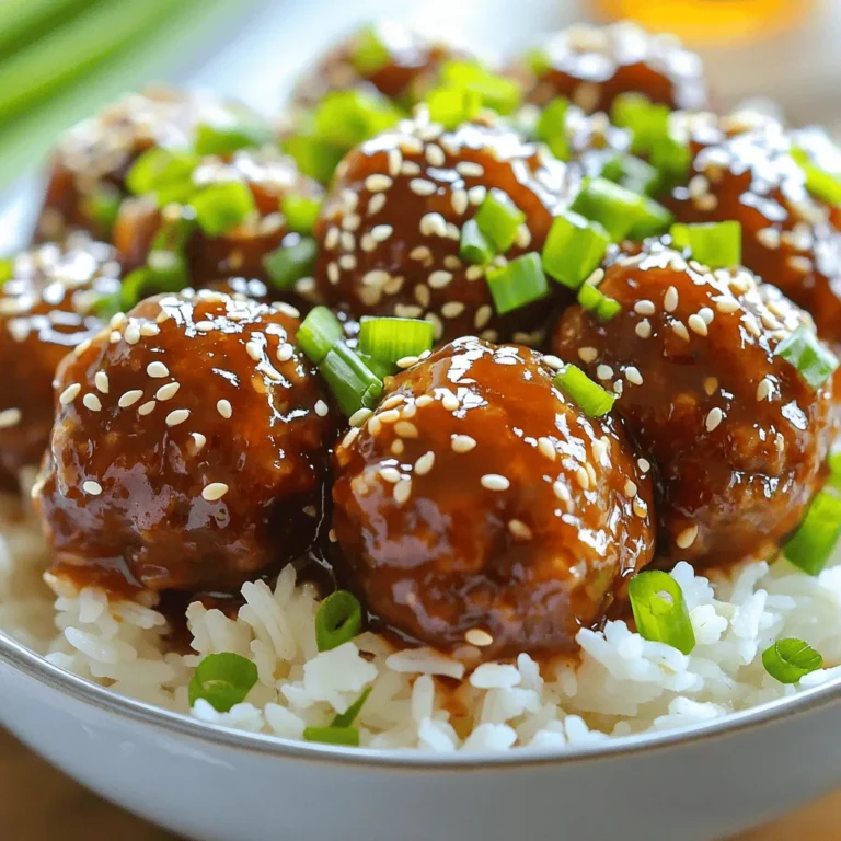 - 1 pound ground beef or turkey - 1/2 cup breadcrumbs - 1/4 cup grated Parmesan cheese - 1 large egg For the meatballs, you need ground beef or turkey. Both work well, but turkey can be lighter. Combine it with breadcrumbs for texture. The grated Parmesan cheese adds a nice flavor. Don’t forget the egg; it helps bind everything together. - Honey - Soy sauce (or tamari for gluten-free) - Rice vinegar - Sesame oil The sauce is key to the dish's flavor. Honey gives a sweet note. Soy sauce adds saltiness and umami. Rice vinegar brings in some tang, while sesame oil gives a warm, nutty flavor. This mix creates a perfect glaze for your meatballs. - Minced garlic - Onion powder - Salt - Black pepper - Cornstarch mixed with water Seasonings make the meatballs shine. Minced garlic brings a bold taste. Onion powder adds depth, while salt and black pepper enhance the flavors. For a thicker sauce, you’ll mix cornstarch with water. This will make your sauce glossy and rich. First, gather your ingredients. In a big bowl, combine: - 1 pound ground beef or turkey - 1/2 cup breadcrumbs - 1/4 cup grated Parmesan cheese - 1 large egg - 1 tablespoon minced garlic - 1 teaspoon onion powder - 1 teaspoon salt - 1/2 teaspoon black pepper Mix these well. I like to use my hands for this. It makes sure everything blends nicely. Next, shape the mixture into 1-inch meatballs. You should get about 20 meatballs. Place them on a baking sheet. Now, let’s make the sauce. In a separate bowl, whisk together: - 1/2 cup honey - 1/4 cup soy sauce (or tamari for gluten-free) - 2 tablespoons rice vinegar - 1 tablespoon sesame oil This sauce will give your meatballs that sweet and savory taste. I love how the honey and soy sauce work together. Next, lightly grease the slow cooker with cooking spray or olive oil. Layer the meatballs in a single layer. Pour the honey garlic sauce over the meatballs. Make sure every meatball gets a good coat of sauce. Cover the slow cooker and set it to low for 6 hours or high for 3 hours. You want the meatballs to cook well and become tender. If you want a thicker sauce, stir in the cornstarch mixture 30 minutes before serving. This will make the sauce glossy and rich. When they are ready, use tongs to take out the meatballs. Place them on a serving dish. Drizzle some sauce over the top and garnish with chopped green onions. Enjoy this flavorful delight! When using a slow cooker, you can choose between two settings: low and high. If you set it to low, cook the meatballs for about six hours. On the high setting, they will be ready in about three hours. Both methods work well, but low cooking gives the best flavor. To keep your meatballs juicy, do not overpack them. Gently mix the meat and other ingredients without squishing them. This helps keep air in the meatballs. Also, don't skip the breadcrumbs. They soak up moisture and help keep the meatballs soft. If you want a thicker sauce, add the cornstarch mixture 30 minutes before serving. Stir the mixture well before pouring it in. This ensures it blends nicely. Cover the slow cooker again and let the sauce heat. It will become glossy and rich, perfect for drizzling over your meatballs. Garnishing adds color and flavor. Chopped green onions give a fresh taste. Just sprinkle them over the meatballs before serving. Sesame seeds also work well. They add a nice crunch and look great on the plate. Together, they make your dish more appealing and tasty. {{image_2}} You can switch the meat in this recipe. Ground turkey offers a leaner option. Ground chicken is another great choice. If you prefer plant-based meals, try using lentils or chickpeas. For gluten-free needs, use gluten-free breadcrumbs. Tamari is a safe option for soy sauce. These swaps keep the dish tasty while fitting different diets. To change up the taste, add spices like ginger or chili flakes. Ginger gives a warm, spicy kick. Chili flakes add heat to the sweet sauce. You can also use different sweeteners. Maple syrup is a tasty swap for honey. It gives a rich flavor that works well with the other ingredients. Serve the meatballs over rice for a hearty meal. Noodles are another great option. They soak up the sauce nicely. If you want to serve them as snacks, use toothpicks for easy grabbing. These meatballs also shine at parties as a tasty appetizer. Garnish with green onions for added color and crunch. To store leftover meatballs, let them cool first. Place them in an airtight container. Make sure the lid seals well. You can keep them in the fridge for up to four days. This keeps them fresh and tasty. If you want to enjoy them later, follow the freezing guidelines. For freezing, use a freezer-safe container or bag. Arrange the meatballs in a single layer. This helps them freeze evenly. You can freeze them for up to three months. When you're ready to eat, thaw them in the fridge overnight. Reheat gently in the microwave or on the stove. This way, they stay juicy and flavorful. In the fridge, meatballs last about four days. If you freeze them, they remain good for three months. After that, their taste may change, and they may not be safe to eat. Always check for any signs of spoilage before consuming. Enjoy your delicious meatballs while they're at their best! You can tell meatballs are done when they reach an internal temperature of 165°F. You can also check their color. They should be brown on the outside and no longer pink inside. The sauce should also bubble and thicken. If you follow these signs, you can be sure they are ready to enjoy. Yes, you can make these meatballs ahead of time. You can prepare the meatball mixture and store it in the fridge for up to one day. You can also freeze the shaped meatballs for later use. Just thaw them in the fridge before cooking. For the sauce, mix it up and store it in a sealed container. This makes meal prep quick and easy. Honey garlic meatballs pair well with many sides. Here are a few ideas: - Steamed rice - Noodles - Toasted bread rolls - A fresh green salad - Stir-fried vegetables These options will balance the sweet and savory flavors of the meatballs. Plus, they make for a colorful and tasty meal! Now you know how to make tasty slow cooker honey garlic meatballs. We covered the key ingredients, step-by-step instructions, and useful tips. You also learned about variations and how to store leftovers. These meatballs are perfect for any meal, whether you serve them with rice or enjoy them as a snack. Feel free to mix and match flavors to find your favorite twist. Enjoy cooking and sharing this dish with loved ones.