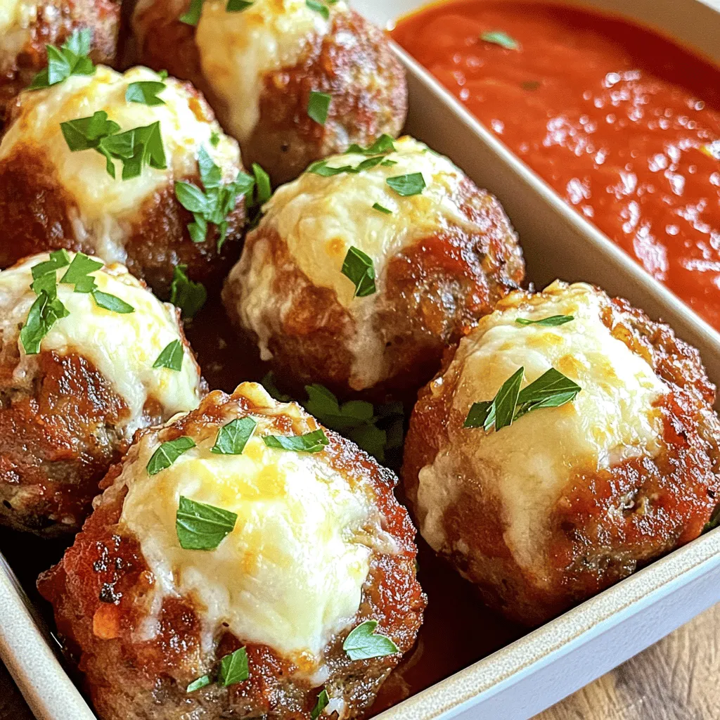 - 1 lb ground beef - 1/2 lb ground pork (or an extra 1/2 lb of ground beef) - 1/2 cup breadcrumbs - 1/4 cup grated Parmesan cheese - 1/4 cup chopped fresh parsley - 1 egg - 2 cloves garlic, minced - 1 teaspoon Italian seasoning - Salt and pepper to taste - 1 cup mozzarella cheese, cubed (for stuffing) - Marinara sauce (for serving) You can switch the ground pork for more beef. This keeps the taste strong. If you want a lighter option, try ground turkey. For breadcrumbs, use crushed crackers or oats. If you can't find fresh parsley, dried parsley works too. Just use less. You can use any cheese you like for stuffing. Try cheddar or provolone if you want a change. When picking meat, look for bright color and no smell. Fresh ground meat has a red hue. Check the fat content. A bit of fat adds flavor. For cheese, choose blocks over pre-shredded options. Fresh cheese melts better. When buying herbs, look for bright green leaves. They should smell strong and fresh. Fresh ingredients make a big difference in taste. Always read labels to avoid hidden fillers. Start by mixing the meats in a large bowl. I use 1 pound of ground beef and ½ pound of ground pork. If you prefer, you can use another ½ pound of ground beef instead of pork. Next, add ½ cup of breadcrumbs for texture. Then, mix in ¼ cup of grated Parmesan cheese for a savory taste. Toss in ¼ cup of chopped fresh parsley for freshness. Don’t forget the egg; it helps bind everything together. Add 2 minced garlic cloves for that extra flavor kick. Finally, sprinkle in 1 teaspoon of Italian seasoning, and season with salt and pepper to taste. Use your hands to mix everything well until combined. Now it’s time to form the meatballs. Take a handful of the meat mixture and flatten it in your palm. Place a cube of mozzarella cheese in the center. Then, carefully wrap the meat around the cheese and roll it into a ball. Make sure the cheese is fully encased. This step is key for that cheesy surprise inside! Repeat this process until you’ve used all the meat mixture. Aim for even sizes so they cook evenly. Preheat your air fryer to 375°F (190°C) for the best results. Arrange the meatballs in the air fryer basket in a single layer. Make sure to leave space between each meatball for proper air flow. This helps them cook evenly. Cook them for 12-15 minutes. You’ll know they’re done when they are browned and cooked through. Depending on your air fryer size, you might need to cook in batches. Once cooked, serve them hot with warm marinara sauce on the side. This adds a nice touch for dipping! Air frying is fun and easy. Preheat your air fryer to 375°F (190°C). This step helps the meatballs cook evenly. Avoid overcrowding the basket. Leave space around each meatball. This allows hot air to flow and cooks them well. To ensure even cooking, try flipping the meatballs halfway through. This simple step makes a big difference. If your air fryer is small, cook in batches. Avoid stacking meatballs. The heat needs to reach all sides for great results. Serve the meatballs hot for the best taste. Pair them with marinara sauce for dipping. You can also add a sprinkle of fresh parsley on top. This adds color and flavor. Serve with pasta or on a sub for a tasty meal. Enjoy your savory delight! {{image_2}} You can swap out the ground beef and pork. Try ground turkey or chicken for a lighter option. If you prefer a richer flavor, mix in some lamb. For cheese, use cheddar or pepper jack for a kick. This small change can make a big difference in taste. Add spices to boost the flavor. Try crushed red pepper for heat or smoked paprika for depth. You can also mix in chopped olives or sun-dried tomatoes for a unique twist. Fresh herbs like basil or oregano can add bright notes. Experiment with these options to find your favorite flavor combo. To make meatballs vegetarian, use lentils or chickpeas as the base. For a vegan twist, you can use flaxseed meal as a binder instead of an egg. For cheese, opt for vegan mozzarella or cashew cream. These swaps keep the dish tasty while fitting various diets. You can store leftover cheese stuffed meatballs in the fridge. Place them in an airtight container. They stay fresh for up to three days. Before storing, let them cool to room temperature. This helps prevent moisture buildup. Freezing is a great way to keep meatballs longer. First, let them cool completely. Then, place them in a freezer-safe bag. You can also wrap them in plastic wrap. They can last up to three months in the freezer. Label the bags with the date to keep track. To reheat, you have a few options. If using the air fryer, preheat it to 350°F (175°C). Place the meatballs in the basket and heat for about 5-7 minutes. You can also use a microwave. Heat on medium power for 1-2 minutes. Check if they are warm all the way through. Enjoy them with marinara sauce for a tasty meal! You can serve these meatballs with marinara sauce for dipping. Pasta makes a great side too. Garlic bread adds a nice crunch. A fresh salad can help balance the meal. You can also serve them in a sub roll for a fun sandwich. Yes, you can make these meatballs ahead of time. Prepare the meat mixture and form the meatballs. Place them in a single layer on a tray. Cover and refrigerate for up to 24 hours. You can also freeze them before cooking. Just thaw in the fridge before air frying. Check the internal temperature with a meat thermometer. It should reach 160°F (71°C). You can also cut one in half. The meat should be brown and the cheese melted. If you see any pink, cook them longer. You now have all the tools to make delicious cheese stuffed meatballs. You learned about ingredients and cooking methods. I shared tips for air frying and ensuring even cooking. You can explore different variations and storage methods too. Experiment with flavors and find what you like best. Enjoy making and sharing these tasty meatballs. They bring joy to any meal and make cooking fun. Happy cooking!