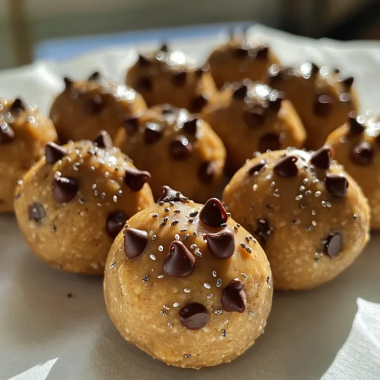 To make these no-bake cookie dough bites, you will need: - 1 cup almond flour - 1/4 cup coconut flour - 1/4 cup peanut butter (or almond butter) - 1/4 cup maple syrup (or honey) - 1/2 tsp vanilla extract - 1/2 tsp sea salt - 1/2 cup mini chocolate chips - 2 tbsp chia seeds (optional, for added nutrition) You can swap some ingredients to fit your taste or needs. Here are some ideas: - Use sunflower seed butter instead of peanut butter for a nut-free option. - Replace maple syrup with honey or agave syrup for sweetness. - If you do not have almond flour, try oat flour or all-purpose flour. - You can skip chia seeds if you want, but they add good nutrition. Each ingredient brings unique health benefits to the table: - Almond flour is low in carbs and high in healthy fats. It gives protein and fiber. - Coconut flour is also high in fiber and helps keep you full longer. - Peanut butter contains protein and healthy fats, great for energy. - Maple syrup has antioxidants and can be a better sweetener than refined sugar. - Chia seeds boost fiber, omega-3s, and protein, adding extra nutrition. - Mini chocolate chips add joy and a small amount of antioxidants to your bites. These ingredients make your cookie dough bites not only tasty but also good for you! Making no-bake cookie dough bites is easy and quick. You will need about 10 minutes for prep. Gather your ingredients first. This will help you work faster and smoother. 1. Start with a large mixing bowl. Add 1 cup almond flour and 1/4 cup coconut flour. Mix them well. 2. Next, add 1/4 cup peanut butter and 1/4 cup maple syrup. Pour in 1/2 tsp vanilla extract and 1/2 tsp sea salt. Stir until the mix forms a thick dough. 3. If you want extra crunch, fold in 1/2 cup mini chocolate chips and 2 tbsp chia seeds. This step is optional but adds great taste. 4. Use your hands to roll the dough into balls. Each ball should be about 1 inch in size. You will make around 12 to 15 bites. 5. Place the cookie dough bites on a baking sheet lined with parchment paper. Make sure they do not touch each other. 6. Put the sheet in the fridge for about 30 minutes. This will help the bites firm up. 7. After chilling, enjoy your tasty no-bake cookie dough bites as a snack or dessert! - Make sure to blend the dry ingredients well before adding wet ones. This helps mix flavors. - If the dough is too sticky, you can add a little more almond flour. This will make it easier to handle. - Use a small cookie scoop for even-sized bites. This helps them look nice and uniform. One of the biggest mistakes is not measuring the flours correctly. Use a scale for the best results. If you pack the flour too tightly, your bites may be dry. Another mistake is skipping the chilling step. This helps the bites firm up and improves their texture. Remember to mix the dough well. If you don't combine the ingredients thoroughly, the flavors won’t blend properly. Lastly, don’t rush when forming the bites. Take your time to shape them evenly for a better bite. To make the dough easier to handle, chill the mixture for about 10 minutes before shaping. This will make it less sticky. If your hands get sticky while forming balls, dampen them with water. This simple trick prevents the dough from sticking to your hands. You can also use a cookie scoop for even portioning. This helps in creating uniform bites that look great. You can enhance flavor by adding spices like cinnamon or nutmeg. These spices give a warm touch to the bites. For texture, consider mixing in chopped nuts or seeds. They add a nice crunch. You can also use flavored nut butters, like hazelnut, for a twist. Don’t forget the chocolate chips! They bring sweetness and richness. If you want a more decadent bite, try adding a drizzle of melted dark chocolate on top. {{image_2}} You can change the flavor of your no bake cookie dough bites easily! Swap peanut butter for almond butter for a nutty twist. If you want a sweeter taste, use cashew butter instead. Each nut butter brings its unique flavor. You can also add a pinch of cinnamon or cocoa powder for extra depth. The fun part of this recipe is adding your favorite mix-ins. You can fold in dried fruits like raisins or cranberries for sweetness. Chopped nuts like walnuts or pecans add crunch. Want some protein? Add seeds like sunflower or pumpkin seeds. Get creative! You can make a new flavor every time. If you're vegan, simply replace honey with maple syrup. This keeps it plant-based and delicious. For gluten-free options, stick with almond flour and coconut flour, which are both gluten-free. You can enjoy these bites without worry. They fit many diets, making them a great treat for everyone! To keep your no-bake cookie dough bites fresh, store them in an airtight container. This helps prevent them from drying out. You can place parchment paper between layers to avoid sticking. Keep the container in the fridge for easy access. If you want to save some bites for later, freezing is a great option. Just arrange the bites on a baking sheet first. Freeze them for about an hour until firm. Then, transfer them to a freezer-safe bag or container. They will stay fresh for up to three months. These cookie dough bites last about one week in the fridge. After that, they may lose some taste and texture. It’s best to enjoy them fresh for the best flavor. No, these cookie dough bites are meant to be no-bake. Baking them changes their texture and taste. The fun is in enjoying them raw! The mix of almond flour and peanut butter gives a great taste without needing heat. You can tell they are firm after chilling for about 30 minutes. The bites should feel solid to the touch. If they still feel soft, give them extra time in the fridge. This step helps them hold their shape when you eat them. You have many tasty options! You can use dried fruit, like raisins or cranberries. Chopped nuts, like walnuts or pecans, can add crunch. You can also use carob chips for a different flavor. Get creative with what you like! You learned about the key ingredients and the health benefits they bring. We covered how to prepare and cook your bites with clear steps. I shared tips to avoid mistakes and improve texture. You also discovered fun variations and storage tips for your bites. Remember, these cookie dough bites are easy to customize. Enjoy making them your own and sharing them with others. Happy cooking!