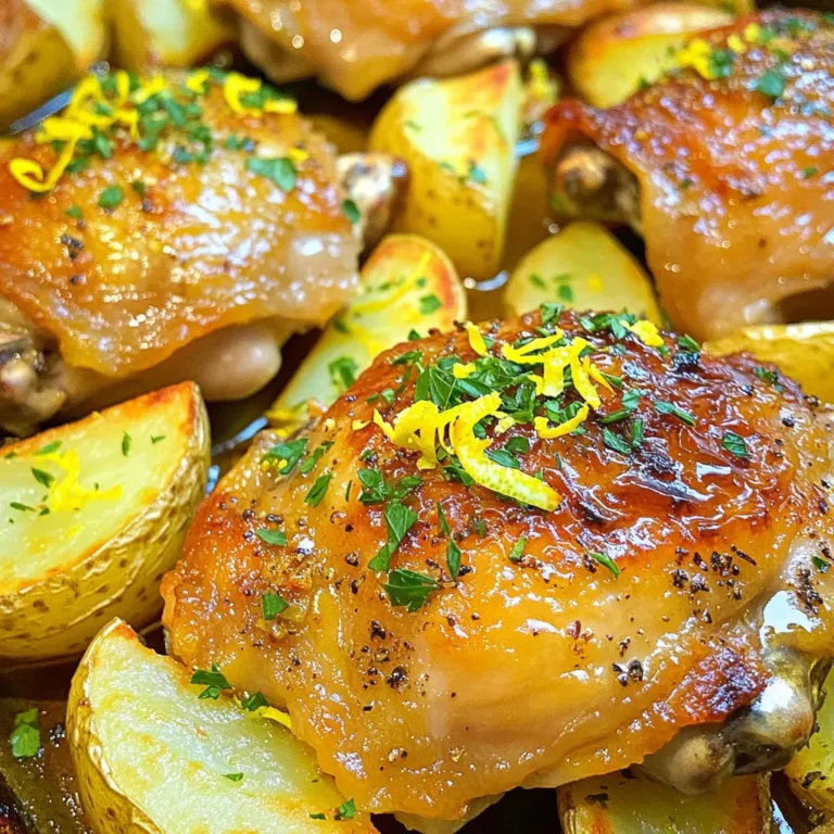 - 4 chicken thighs, bone-in and skin-on - 4 medium potatoes, cut into wedges - 1 lemon, zested and juiced - 4 garlic cloves, minced - 3 tablespoons olive oil For this dish, I always use bone-in and skin-on chicken thighs. They stay juicy and tender. The potatoes should be medium-sized, as they cook evenly. A fresh lemon adds a zesty touch that brightens the meal. Garlic provides depth and flavor. Olive oil keeps everything moist and helps with browning. - 2 teaspoons dried oregano - 1 teaspoon paprika - Salt and pepper, to taste I love using dried oregano for that classic Greek flavor. Paprika adds a subtle warmth and color to the dish. Salt and pepper are essential for enhancing all the flavors. Adjust these spices according to your taste preferences. - Fresh parsley Chopped fresh parsley adds a pop of color and freshness. It balances the rich flavors of the chicken and potatoes. You can sprinkle it just before serving for the best effect. First, gather your ingredients. In a large bowl, combine the following: - 1 lemon, zested and juiced - 4 garlic cloves, minced - 2 teaspoons dried oregano - 1 teaspoon paprika - 3 tablespoons olive oil Mix these well. The lemon juice and zest give a bright flavor. The garlic adds depth. Oregano and paprika enhance the dish with herbal and smoky notes. This marinade will make your chicken tasty and juicy. Next, season four chicken thighs with salt and pepper. Then, add them to the bowl with the marinade. Make sure each piece is well-coated. Let the chicken marinate for at least 15 minutes. This step is key for flavor. You can marinate longer if you have time. Now, preheat your oven to 400°F (200°C). On a large baking sheet, spread four medium potato wedges in a single layer. Drizzle them with olive oil, and season with salt and pepper. Toss the potatoes to coat them evenly. Nestle the marinated chicken thighs among the potatoes. Pour any leftover marinade over the chicken and potatoes. Place the pan in the oven and roast for 35-40 minutes. Check that the chicken reaches 165°F (75°C) for safety. The potatoes should be golden and tender. For extra crispy skin, broil on high for the last 5 minutes. This adds a nice crunch. Once done, let the dish rest for a few minutes. Garnish with freshly chopped parsley before serving. Enjoy your meal! Marinate your chicken for at least 15 minutes. This short time lets the flavors sink in. For the best taste, marinate it for up to 2 hours. This longer time enhances the lemon and garlic flavors. If you have extra time, go for it! To get that crispy chicken skin, broil it for the last 5 minutes. Make sure your oven is on high. This step gives the skin a nice, golden crunch. Keep an eye on it, so it doesn’t burn. Cooking times may change with the size of the chicken. If using larger thighs, add 5-10 minutes. Always check the thickest part of the chicken. The right internal temp is 165°F (75°C). Adjust your cooking time based on what you use. {{image_2}} You can swap out chicken for hearty vegetables. Use mushrooms, zucchini, or bell peppers. These will soak up the lemony marinade. Cut the veggies into bite-sized pieces. Toss them in the marinade for flavor. Roast them just like the chicken. This way, you still get a tasty one-pan meal. Feel free to change the potatoes. Sweet potatoes add a nice sweetness. They also pair well with the lemon. You can use red or Yukon Gold potatoes too. Each type brings its own flavor and texture. Cut them into wedges, and they will roast just as well. Want to kick up the flavor? Try adding fresh herbs. Rosemary or thyme works great. You can also mix in some red pepper flakes for heat. A pinch of cumin adds warmth and depth. Feel free to experiment with your favorite spices. This dish can easily adapt to your taste. To keep your Greek Lemon Chicken and potatoes fresh, store leftovers in an airtight container. Place the chicken and potatoes together, but separate them if you want. They will last up to three days in the fridge. Make sure your fridge is at 40°F (4°C) or lower to keep everything safe. When you reheat, aim to keep the chicken crispy. Preheat your oven to 350°F (175°C). Place the chicken and potatoes on a baking sheet. Heat for about 15-20 minutes. Check if they are warm throughout. You can also use a microwave. If you do, cover the dish with a damp paper towel to keep moisture in. Yes, you can freeze this dish! Place cooled chicken and potatoes in a freezer-safe container. They can stay in the freezer for up to three months. When ready to eat, thaw overnight in the fridge. Reheat in the oven or microwave as mentioned above. Enjoy your meal anytime! Yes, you can use boneless chicken. Boneless chicken cooks faster. You may need to adjust the cooking time. Keep an eye on it. The chicken should still reach 165°F. This will keep it safe to eat. The flavor from the marinade will still shine through. Greek Lemon Chicken pairs great with many side dishes. Consider serving it with rice, a fresh salad, or roasted veggies. Couscous or quinoa works well too. You can also enjoy it with warm pita bread. These sides add to the meal's flavor and texture. To check if the chicken is done, use a meat thermometer. Insert it into the thickest part of the thigh. It should read 165°F. If you do not have a thermometer, cut into the chicken. The juices should run clear, not pink. Yes, this recipe is gluten-free. The ingredients used do not contain gluten. Be sure to check your spices and any sauces. Some store-bought products may have hidden gluten. Always read labels to be safe. Enjoy this dish with peace of mind. This blog post covers making a tasty Greek Lemon Chicken dish. You need simple ingredients like chicken thighs, potatoes, lemon, garlic, and olive oil. I shared step-by-step instructions to marinate and roast your chicken and potatoes. I also included tips for perfecting flavors, variations for vegetarians, and storage advice. In closing, this recipe offers a great way to enjoy a classic dish. It is easy to make and fits many tastes. I hope you try it and love every bite!