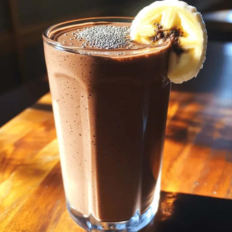 - 1 cup unsweetened almond milk - 1 ripe banana - 1 scoop chocolate protein powder - 1 tablespoon unsweetened cocoa powder - 1 tablespoon instant coffee granules - 1 tablespoon almond butter - 1 tablespoon chia seeds - 1 teaspoon honey or maple syrup (optional) - Ice cubes (as needed) This high-protein mocha smoothie combines rich flavors and healthy ingredients. Each item on this list plays a key role in making your drink tasty and nutritious. The unsweetened almond milk serves as a creamy base. It keeps the smoothie light while adding calcium. The ripe banana gives natural sweetness and a smooth texture. Chocolate protein powder boosts the protein content. It helps you stay full longer. Unsweetened cocoa powder adds a rich chocolatey flavor without the sugar. Instant coffee granules provide that coffee kick. It energizes your morning or afternoon. Almond butter contributes healthy fats and a nutty taste. Chia seeds are tiny but mighty. They add fiber and omega-3 fatty acids. Honey or maple syrup is optional for extra sweetness, but you can skip it if you prefer. Finally, ice cubes make the smoothie cold and refreshing. Adjust the amount based on how thick you like your drink. Gather these ingredients, and you’re ready to blend up a delicious, high-protein mocha smoothie! 1. Start by adding 1 cup of unsweetened almond milk and 1 ripe banana to your blender. Blend them together until smooth. This step creates a creamy base for your smoothie. 2. Next, add the 1 scoop of chocolate protein powder, 1 tablespoon of unsweetened cocoa powder, 1 tablespoon of instant coffee granules, 1 tablespoon of almond butter, and 1 tablespoon of chia seeds. If you like it sweet, add 1 teaspoon of honey or maple syrup. 3. Blend everything on high until it combines fully. You want a creamy texture that feels rich and delicious. 4. If you want a colder or thicker smoothie, add a few ice cubes. Blend again until you reach your desired consistency. 5. Taste your smoothie. If it needs a bit more sweetness, adjust it now. 6. Pour your smoothie into a glass and enjoy it right away! - To get the best mix, always start with your liquid first. This helps the blender work better. - If your smoothie is too thin, add more ice or a bit more protein powder. For a thinner smoothie, add a splash more almond milk. Making a High-Protein Mocha Smoothie is easy and fun. These steps will help you create a tasty drink that supports your health goals. Enjoy the process! This High-Protein Mocha Smoothie packs a protein punch. It uses chocolate protein powder, almond butter, and chia seeds. These ingredients boost muscle growth and repair. Protein helps you feel full, too. If you want to build strength or lose weight, protein is key. It fuels workouts and aids recovery. By adding protein to your diet, you support your fitness goals effectively. Chia seeds and almond butter offer many health perks. Chia seeds are rich in fiber and omega-3s. They help with digestion and heart health. Almond butter is a great source of healthy fats and vitamin E. It can lower bad cholesterol levels. Cocoa and coffee bring antioxidant benefits. Antioxidants fight free radicals in your body. They help reduce inflammation and support overall health. The cocoa powder adds a rich flavor while boosting your mood. Instant coffee gives you that extra energy kick. Together, these ingredients create a delightful drink that nourishes your body and mind. {{image_2}} To make your High-Protein Mocha Smoothie even better, you can tweak the sweetness. If you like it sweeter, add a teaspoon of honey or maple syrup. Start with a small amount, taste, and add more if needed. This way, you control the sugar. For blending, I recommend adding the almond milk first. Then add the banana. This helps the blender mix everything well. Blend on high until smooth. If it’s too thick, add ice cubes. Blend again until you reach your favorite consistency. For a great look, pour your smoothie into a tall glass. This makes it more inviting. You can sprinkle a few chia seeds on top for added texture. A slice of banana or a dusting of cocoa powder also gives it a nice touch. Serve it right away to enjoy the fresh flavors. This way, you impress your friends or family with your tasty creation! You can change some ingredients to fit your needs. If you want a dairy-free option, use oat milk or coconut milk instead of almond milk. These options still taste great and add creaminess. If you want to replace protein powder, consider using Greek yogurt or silken tofu. Both add protein and make the smoothie thick. You can also switch up the nut butter. Try peanut butter, cashew butter, or sunflower seed butter. Each choice brings a unique flavor and texture. Get creative with flavors by adding fruits or spices. For a fruity twist, add a handful of berries or a few slices of mango. You could also add a pinch of cinnamon or nutmeg for warmth. Experiment with different base liquids. You can use coconut water for a refreshing taste or add coffee for a stronger mocha flavor. Each change can make your smoothie feel fresh and new. To keep your high-protein mocha smoothie fresh, store it in an airtight container. This helps prevent oxidation and keeps flavors bright. If you want to save some for later, consider freezing it. Pour your smoothie into ice cube trays or small containers. This way, you can grab just the right amount for future use. Enjoy your smoothie as a quick breakfast or a post-workout snack. Pair it with a handful of nuts or some whole-grain toast for extra energy. This smoothie also works great as a mid-afternoon treat to keep you fueled. For the best benefits, drink it soon after blending to enjoy the fresh flavors and nutrients. To thicken your smoothie, add more ice cubes. You can also use less almond milk. Another option is to add a bit more almond butter or a second banana. These methods help create a creamier texture. Yes, frozen bananas work great in this smoothie. They make it colder and thicker. Just blend them in like you would with fresh bananas. This gives a nice, creamy taste. Absolutely! This recipe is already vegan if you use plant-based protein powder. Stick with almond milk and skip honey for a fully vegan drink. You can use maple syrup as a sweetener instead. You can store your smoothie in the fridge for about 24 hours. Keep it in a sealed container to keep it fresh. Just give it a good shake or stir before drinking. If you don’t have almond milk, try other plant milks like soy, oat, or coconut milk. Each brings its own flavor, so choose what you like best. You can even use regular cow's milk if you prefer. You can create a delicious and healthy smoothie with simple steps. We covered the key ingredients, from almond milk to chia seeds. You learned how to blend them for the best taste and texture. Adding protein helps with fitness goals, and the nutritional benefits support your health. Feel free to explore variations and storage tips for freshness. With these ideas, you can enjoy your smoothie at any time. Dive into these recipes and make them your own!