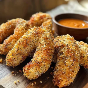- 1 lb chicken tenderloins - 1 cup buttermilk (or dairy-free alternative) - 1 cup all-purpose flour - 1 teaspoon garlic powder - 1 teaspoon onion powder - 2 tablespoons everything bagel seasoning - 1 cup panko breadcrumbs - 2 large eggs - 1/2 teaspoon salt - 1/2 teaspoon black pepper - Cooking spray Each ingredient plays a key role in making these chicken tenders fun and tasty. Chicken tenderloins are the star, giving you juicy bites. The buttermilk helps the chicken stay moist and adds flavor. If you're dairy-free, a plant-based milk works too. The flour adds a nice base for the spices. Garlic powder and onion powder give depth. Everything bagel seasoning adds that classic flavor we all love. Panko breadcrumbs create a crispy texture that air frying enhances. You will also need eggs to help the coating stick. Don't forget salt and black pepper for seasoning. Lastly, cooking spray helps achieve a golden finish without extra oil. With these ingredients in hand, you’re ready to create a delicious meal! Start by marinating the chicken tenderloins in buttermilk. This step adds moisture and makes the chicken tender. You want to soak them for at least 30 minutes. If you have time, let them sit for up to 4 hours. The longer they soak, the better they taste. Next, set up your breading station with three shallow bowls. In the first bowl, mix 1 cup of flour with 1 teaspoon of garlic powder, 1 teaspoon of onion powder, 1/2 teaspoon of salt, and 1/2 teaspoon of black pepper. In the second bowl, beat 2 large eggs. In the third bowl, combine 1 cup of panko breadcrumbs with 2 tablespoons of everything bagel seasoning. This mix gives your chicken a tasty crunch. Now, it's time to coat the chicken. Remove the tenderloins from the buttermilk. Shake off the extra but do not rinse them. First, dredge each tenderloin in the flour mix. Make sure they are well-coated. Then, dip them into the egg wash. Finally, press each one into the panko mixture to coat evenly. This three-step coating helps create a crispy outer layer. Preheat your air fryer to 400°F (200°C) for about 5 minutes. Lightly spray the basket with cooking spray to prevent sticking. Place the chicken tenders in a single layer in the air fryer. Don't overcrowd them; give them space to cook evenly. Spray the tops lightly with cooking spray. Cook for 10-12 minutes. Flip them halfway through for even browning. Check that the internal temperature reaches 165°F (74°C) to ensure they are fully cooked. To get that perfect crunch, use panko breadcrumbs. Panko makes the chicken tenders light and crispy. Regular breadcrumbs won’t give the same texture. Spray the chicken tenders lightly with cooking spray before cooking. This helps them brown nicely and keeps them from being dry. Use just enough to coat the tops. Too much spray can make them soggy. Want to kick up the flavor? Try adding some spices. Smoked paprika or cayenne pepper can add a nice kick. You can also mix in some dried herbs like thyme or oregano. For dipping sauces, ranch or honey mustard works great. Sweet chili sauce adds a fun twist too. Pairing the tenders with a tasty sauce makes each bite better. A big mistake is overcrowding the air fryer basket. Give the chicken tenders space. This allows hot air to circulate and cook them evenly. Another mistake is not marinating long enough. Soak the chicken in buttermilk for at least 30 minutes. This makes the chicken tender and juicy. If you have time, marinate for up to 4 hours for even better results. {{image_2}} You can change the coating for your chicken tenders. If you want to switch things up, try using crushed cornflakes instead of panko breadcrumbs. Cornflakes add a fun crunch. You can also use a gluten-free breadcrumb if needed. For the seasoning blend, feel free to get creative! Try adding some smoked paprika for a smoky taste. You can also mix in some dried herbs like oregano or thyme for extra flavor. The goal is to make these tenders your own. You don’t have to stick to chicken tenderloins. Chicken breasts or thighs work great too. Just cut them into strips and keep the cooking time the same. If you want a vegetarian option, tofu or eggplant are tasty choices. Slice the eggplant into strips or cubes. For tofu, use firm or extra-firm tofu and press it to remove extra moisture. These options will give you a nice, crispy texture too. Dips can make your meal even better. Try serving your chicken tenders with ranch dressing or honey mustard. You could also make a simple yogurt dip with herbs. For sides, think about serving with sweet potato fries or a fresh salad. You can also include some sliced veggies for a colorful plate. These ideas make your meal balanced and fun! To keep your chicken tenders fresh, place them in a shallow container. Use a container with a tight lid to seal in moisture. Line the bottom with paper towels to absorb excess moisture. Store the chicken in the fridge. Enjoy the leftovers within three days for best taste. For the best results, use your air fryer to heat the chicken tenders. Set the air fryer to 350°F (175°C). Cook the tenders for about 5 to 7 minutes. This keeps them crispy and warm. If you don't have an air fryer, use a microwave. Microwave in short bursts to prevent sogginess. You can freeze cooked chicken tenders for later. Place them in a freezer-safe bag or container. Remove as much air as possible to avoid freezer burn. They can stay frozen for up to three months. When ready to eat, thaw them in the fridge overnight. Reheat as mentioned above for best results. Everything bagel seasoning is a mix of flavors. It usually includes sesame seeds, poppy seeds, garlic, onion, and salt. This blend gives a tasty crunch and a savory bite to dishes. You can use it on many foods, not just bagels. It adds a fun twist to your chicken tenders! To check if your chicken is done, use a meat thermometer. The safe internal temperature for chicken is 165°F (74°C). This ensures it is safe to eat. Insert the thermometer into the thickest part of the tender. Do not touch the bone, as it can give a false reading. Yes, you can use different cuts of chicken. Chicken breasts and thighs work well. If you use breasts, cut them into strips for even cooking. Thighs will add more flavor and stay juicy. Just adjust the cooking time if the pieces are thicker. To make these chicken tenders gluten-free, swap the flour and panko breadcrumbs with gluten-free options. You can use almond flour or a gluten-free flour blend. Look for gluten-free panko at the store. This way, you can enjoy the same crispy texture without gluten. You can bake the chicken tenders if you prefer. Preheat your oven to 425°F (220°C). Place the breaded tenders on a baking sheet lined with parchment paper. Bake for 20-25 minutes, flipping halfway through. Check that they reach the safe internal temperature of 165°F (74°C). Enjoy the crunchy goodness! This blog post covered the essential ingredients, step-by-step instructions, and helpful tips for making chicken tenders. You learned about marinating and the importance of using panko for crunch. We also explored various variations, toppings, and storage tips to enjoy your tenders later. In conclusion, using these methods, you can create tasty chicken tenders perfect for any meal. Enjoy experimenting with flavors and techniques. With practice, you’ll master this dish and impress anyone at the table.
