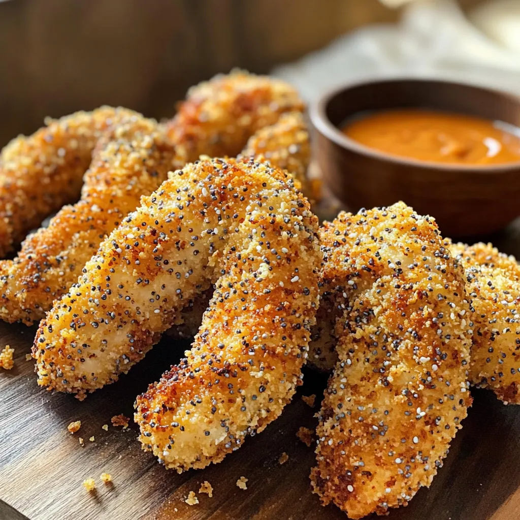 - 1 lb chicken tenderloins - 1 cup buttermilk (or dairy-free alternative) - 1 cup all-purpose flour - 1 teaspoon garlic powder - 1 teaspoon onion powder - 2 tablespoons everything bagel seasoning - 1 cup panko breadcrumbs - 2 large eggs - 1/2 teaspoon salt - 1/2 teaspoon black pepper - Cooking spray Each ingredient plays a key role in making these chicken tenders fun and tasty. Chicken tenderloins are the star, giving you juicy bites. The buttermilk helps the chicken stay moist and adds flavor. If you're dairy-free, a plant-based milk works too. The flour adds a nice base for the spices. Garlic powder and onion powder give depth. Everything bagel seasoning adds that classic flavor we all love. Panko breadcrumbs create a crispy texture that air frying enhances. You will also need eggs to help the coating stick. Don't forget salt and black pepper for seasoning. Lastly, cooking spray helps achieve a golden finish without extra oil. With these ingredients in hand, you’re ready to create a delicious meal! Start by marinating the chicken tenderloins in buttermilk. This step adds moisture and makes the chicken tender. You want to soak them for at least 30 minutes. If you have time, let them sit for up to 4 hours. The longer they soak, the better they taste. Next, set up your breading station with three shallow bowls. In the first bowl, mix 1 cup of flour with 1 teaspoon of garlic powder, 1 teaspoon of onion powder, 1/2 teaspoon of salt, and 1/2 teaspoon of black pepper. In the second bowl, beat 2 large eggs. In the third bowl, combine 1 cup of panko breadcrumbs with 2 tablespoons of everything bagel seasoning. This mix gives your chicken a tasty crunch. Now, it's time to coat the chicken. Remove the tenderloins from the buttermilk. Shake off the extra but do not rinse them. First, dredge each tenderloin in the flour mix. Make sure they are well-coated. Then, dip them into the egg wash. Finally, press each one into the panko mixture to coat evenly. This three-step coating helps create a crispy outer layer. Preheat your air fryer to 400°F (200°C) for about 5 minutes. Lightly spray the basket with cooking spray to prevent sticking. Place the chicken tenders in a single layer in the air fryer. Don't overcrowd them; give them space to cook evenly. Spray the tops lightly with cooking spray. Cook for 10-12 minutes. Flip them halfway through for even browning. Check that the internal temperature reaches 165°F (74°C) to ensure they are fully cooked. To get that perfect crunch, use panko breadcrumbs. Panko makes the chicken tenders light and crispy. Regular breadcrumbs won’t give the same texture. Spray the chicken tenders lightly with cooking spray before cooking. This helps them brown nicely and keeps them from being dry. Use just enough to coat the tops. Too much spray can make them soggy. Want to kick up the flavor? Try adding some spices. Smoked paprika or cayenne pepper can add a nice kick. You can also mix in some dried herbs like thyme or oregano. For dipping sauces, ranch or honey mustard works great. Sweet chili sauce adds a fun twist too. Pairing the tenders with a tasty sauce makes each bite better. A big mistake is overcrowding the air fryer basket. Give the chicken tenders space. This allows hot air to circulate and cook them evenly. Another mistake is not marinating long enough. Soak the chicken in buttermilk for at least 30 minutes. This makes the chicken tender and juicy. If you have time, marinate for up to 4 hours for even better results. {{image_2}} You can change the coating for your chicken tenders. If you want to switch things up, try using crushed cornflakes instead of panko breadcrumbs. Cornflakes add a fun crunch. You can also use a gluten-free breadcrumb if needed. For the seasoning blend, feel free to get creative! Try adding some smoked paprika for a smoky taste. You can also mix in some dried herbs like oregano or thyme for extra flavor. The goal is to make these tenders your own. You don’t have to stick to chicken tenderloins. Chicken breasts or thighs work great too. Just cut them into strips and keep the cooking time the same. If you want a vegetarian option, tofu or eggplant are tasty choices. Slice the eggplant into strips or cubes. For tofu, use firm or extra-firm tofu and press it to remove extra moisture. These options will give you a nice, crispy texture too. Dips can make your meal even better. Try serving your chicken tenders with ranch dressing or honey mustard. You could also make a simple yogurt dip with herbs. For sides, think about serving with sweet potato fries or a fresh salad. You can also include some sliced veggies for a colorful plate. These ideas make your meal balanced and fun! To keep your chicken tenders fresh, place them in a shallow container. Use a container with a tight lid to seal in moisture. Line the bottom with paper towels to absorb excess moisture. Store the chicken in the fridge. Enjoy the leftovers within three days for best taste. For the best results, use your air fryer to heat the chicken tenders. Set the air fryer to 350°F (175°C). Cook the tenders for about 5 to 7 minutes. This keeps them crispy and warm. If you don't have an air fryer, use a microwave. Microwave in short bursts to prevent sogginess. You can freeze cooked chicken tenders for later. Place them in a freezer-safe bag or container. Remove as much air as possible to avoid freezer burn. They can stay frozen for up to three months. When ready to eat, thaw them in the fridge overnight. Reheat as mentioned above for best results. Everything bagel seasoning is a mix of flavors. It usually includes sesame seeds, poppy seeds, garlic, onion, and salt. This blend gives a tasty crunch and a savory bite to dishes. You can use it on many foods, not just bagels. It adds a fun twist to your chicken tenders! To check if your chicken is done, use a meat thermometer. The safe internal temperature for chicken is 165°F (74°C). This ensures it is safe to eat. Insert the thermometer into the thickest part of the tender. Do not touch the bone, as it can give a false reading. Yes, you can use different cuts of chicken. Chicken breasts and thighs work well. If you use breasts, cut them into strips for even cooking. Thighs will add more flavor and stay juicy. Just adjust the cooking time if the pieces are thicker. To make these chicken tenders gluten-free, swap the flour and panko breadcrumbs with gluten-free options. You can use almond flour or a gluten-free flour blend. Look for gluten-free panko at the store. This way, you can enjoy the same crispy texture without gluten. You can bake the chicken tenders if you prefer. Preheat your oven to 425°F (220°C). Place the breaded tenders on a baking sheet lined with parchment paper. Bake for 20-25 minutes, flipping halfway through. Check that they reach the safe internal temperature of 165°F (74°C). Enjoy the crunchy goodness! This blog post covered the essential ingredients, step-by-step instructions, and helpful tips for making chicken tenders. You learned about marinating and the importance of using panko for crunch. We also explored various variations, toppings, and storage tips to enjoy your tenders later. In conclusion, using these methods, you can create tasty chicken tenders perfect for any meal. Enjoy experimenting with flavors and techniques. With practice, you’ll master this dish and impress anyone at the table.