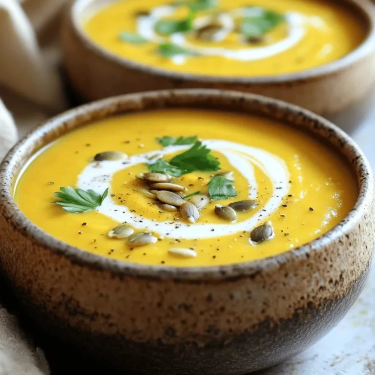 Here is what you need to make Creamy Roasted Garlic Pumpkin Soup: - Medium pumpkin (about 3-4 pounds), halved and seeded - Head of garlic - Chopped onion - Olive oil - Vegetable broth - Coconut milk (or heavy cream) - Ground cumin - Ground nutmeg - Salt and pepper - Fresh parsley or pumpkin seeds for garnish Each ingredient plays a key role. The pumpkin gives the soup its rich body and flavor. Roasting the garlic adds a sweet, mellow taste. Olive oil helps to bring everything together. The broth gives moisture and depth. Coconut milk or heavy cream makes it smooth and creamy. Ground cumin and nutmeg add warmth and spice. Lastly, salt and pepper balance all the flavors. When you gather these ingredients, remember to pick the best quality. Fresh veggies and spices make a big difference. Enjoy the process of choosing your ingredients, as they set the stage for a delightful meal. Preheating the oven Start by setting your oven to 400°F (200°C). This heat will help roast the pumpkin and garlic. Preparing the pumpkin and garlic Cut the pumpkin in half and remove the seeds. Place the pumpkin cut side up on a baking sheet. Drizzle it with olive oil. Add salt and pepper to taste. For the garlic, slice off the top of the head to show the cloves. Drizzle it with olive oil and wrap it in aluminum foil. Roasting the pumpkin and garlic Carefully place the baking sheet in the preheated oven. Roast the pumpkin and garlic for about 40-50 minutes. The pumpkin should feel soft when pierced with a fork. Sautéing the onion While the pumpkin roasts, heat 2 tablespoons of olive oil in a large pot over medium heat. Add the chopped onion. Cook it until it turns soft and translucent, about 5-7 minutes. Mixing and simmering ingredients Once the pumpkin and garlic are done, let them cool for a bit. Scoop the pumpkin flesh from the skin. Squeeze out the roasted garlic cloves into a bowl. Add both to the pot with the sautéed onion. Pour in the vegetable broth, ground cumin, and ground nutmeg. Bring this mix to a simmer and cook for about 10 minutes. This lets the flavors blend together. Blending the soup Remove the pot from the heat. Use an immersion blender to blend the soup until it is smooth and creamy. If you don’t have this, you can use a countertop blender in batches. Adjusting consistency Stir in the coconut milk (or heavy cream). Taste the soup and add salt and pepper as needed. If the soup is too thick, add more vegetable broth until you reach your desired thickness. Presentation tips Serve the soup in warm bowls. For a pretty touch, add a swirl of coconut milk or cream on top. Sprinkle with fresh parsley and a few toasted pumpkin seeds for extra crunch. - Using fresh spices: Fresh spices bring life to your soup. I love using ground cumin and nutmeg. They add warmth and depth. Freshly ground spices are even better if you have them. Just grind what you need before cooking. - Best oils for roasting: Olive oil works great for roasting. It adds flavor and helps with caramelization. You can also try avocado oil, which has a mild taste. This oil can handle high heat well, making it perfect for roasting. - Alternative cooking methods: If you want to try something different, use a stovetop or pressure cooker. For stovetop cooking, sauté the onion first, then add the pumpkin and garlic. If you use a pressure cooker, cut cooking time by half. Just follow the same steps for flavors. - Tips for using canned pumpkin: Canned pumpkin makes this recipe quick and easy. Use it if you are short on time. Just add it after sautéing the onion. Adjust the broth and seasonings to taste, as canned pumpkin can be less sweet. - Ideal pairings: Serve your soup with warm bread or a fresh salad. Crusty bread helps soak up the soup. A green salad adds nice crunch and freshness. You can also pair it with roasted veggies for a hearty meal. - Garnish options: Garnishing adds flair to your soup. I love using a swirl of coconut milk or cream on top. Fresh parsley brightens the dish. For crunch, sprinkle some toasted pumpkin seeds. They add texture and flavor. {{image_2}} You can change the soup's base. Instead of coconut milk, use almond or oat milk. This adds a nutty taste. If you want protein, add shredded chicken or black beans. They make the soup heartier and more filling. Spices bring life to your soup. Try adding a pinch of cinnamon for warmth. A dash of chili powder gives a spicy kick. You can also explore regional twists. For a Thai flair, add ginger and lime. An Italian version could use basil and oregano. This soup is great hot, but you can serve it cold too. Cold soup is refreshing in warm months. For a fancy touch, serve it as a starter. Use small bowls or cups to present it nicely. As a main dish, pair it with crusty bread for a complete meal. After enjoying your Creamy Roasted Garlic Pumpkin Soup, store leftovers in the fridge. Place the soup in an airtight container. This keeps it fresh and tasty for later. The best way to refrigerate is to let it cool first. Once cool, cover it tightly. You can store it for up to five days. If you want to keep it longer, freezing is a great option. Use freezer-safe containers or bags. Make sure to leave some space for the soup to expand. It can last for about three months in the freezer. When you're ready to enjoy it again, simply thaw it overnight in the fridge. When it comes time to reheat, do it slowly. You can use the stove or microwave. If using the stove, heat it in a pot over low heat. Stir often to keep it from sticking. This method helps keep the soup smooth. If using a microwave, place the soup in a microwave-safe bowl. Cover it loosely to let steam escape. Heat in short bursts, stirring in between. This keeps the texture just right. Avoid boiling the soup, as that can change its creaminess. In the fridge, your soup can last for about five days. Always check for spoilage signs before eating. If it has an off smell or strange color, it’s best to toss it. For frozen soup, it can last up to three months. Again, keep an eye on it. If you see ice crystals or freezer burn, it may not taste great. Always use your senses to check if the soup is still good. Can I use canned pumpkin instead of fresh? Yes, you can use canned pumpkin. It saves time and is still tasty. Choose pure pumpkin puree. Avoid pumpkin pie filling, as it has added sugar and spices. What pairs well with Creamy Roasted Garlic Pumpkin Soup? This soup goes great with crusty bread. A side salad with greens also works well. Add a sprinkle of cheese or toasted seeds for extra flavor. Is this soup gluten-free? Yes, this soup is gluten-free. All the ingredients used are safe for a gluten-free diet. Always check labels to be sure. Can it be made vegan? Yes, you can make this soup vegan. Use coconut milk instead of heavy cream. Ensure the vegetable broth is vegan as well. What to do if the soup is too thick/thin? If the soup is too thick, add more vegetable broth. Stir it in until you like the texture. If it’s too thin, cook it longer to reduce. How to adjust flavors if overly seasoned? If the soup is too salty, add more pumpkin or coconut milk. This will help balance the flavors. You can also add a splash of lemon juice for brightness. In this blog post, we explored how to make Creamy Roasted Garlic Pumpkin Soup. We discussed ingredients, preparation, cooking, blending, and serving. I shared tips to enhance flavor and different variations to try. You now know how to store leftovers and the answers to common questions. This soup is not only tasty but also easy and flexible. Don’t hesitate to experiment with flavors and ingredients. Enjoy making your own version!