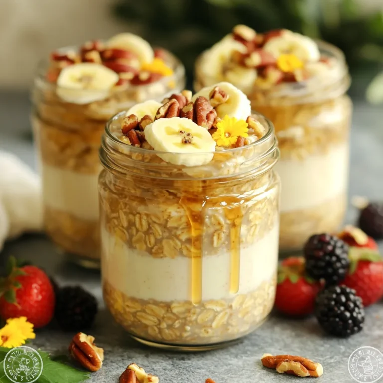 For Maple Pecan Overnight Oats, you need a few simple items. Gather these ingredients for a tasty breakfast: - 1 cup rolled oats - 2 cups unsweetened almond milk - 2 tablespoons pure maple syrup - 1/4 cup chopped pecans - 1/2 teaspoon vanilla extract - 1 tablespoon chia seeds - 1/2 teaspoon cinnamon - Pinch of salt - Fresh fruit for topping These ingredients create a creamy and nutty dish. The rolled oats form the base, while almond milk gives it a rich texture. Pure maple syrup adds sweetness, and chopped pecans bring a delightful crunch. Vanilla extract enhances the flavor, while chia seeds offer a boost of nutrition. Cinnamon adds warmth, and a pinch of salt balances everything out. Fresh fruit on top makes it even better. You can use bananas or berries for a splash of color and taste. Enjoy making your overnight oats! 1. In a large mixing bowl, combine: - 1 cup rolled oats - 2 cups unsweetened almond milk - 2 tablespoons pure maple syrup - 1/2 teaspoon vanilla extract - 1 tablespoon chia seeds - 1/2 teaspoon cinnamon - A pinch of salt Mix these well until smooth. This will create a creamy base. 2. Next, fold in 1/4 cup chopped pecans gently. This adds crunch and flavor. 3. Divide the mixture equally into two jars. Make sure the jars have lids. This helps keep them fresh. 1. Cover the jars with their lids. Place them in the fridge overnight. If you’re short on time, let them chill for at least 6 hours. 2. Chilling time is key. It allows the oats to soak up the milk and flavors. This makes them soft and tasty. 1. When ready to eat, stir the oats. If they seem too thick, add a splash of almond milk. This helps reach your desired creaminess. 2. Top with fresh fruit, like bananas or berries. Add extra chopped pecans for an extra crunch. This makes each bite even better! - To get the best texture, soak rolled oats in liquid. This helps them soften. - Adjust the amount of maple syrup to fit your taste. More syrup means sweeter oats. - Use jars with lids for easy storage. Mason jars work great for overnight oats. - A good whisk or spoon helps mix ingredients well. You want everything combined. {{image_2}} You can change up the flavor of your Maple Pecan Overnight Oats. Adding cocoa powder gives a rich, chocolatey taste. This works great with the maple flavor. You can also try different nuts. Walnuts or almonds add a nice crunch. Fruits are another fun way to mix things up. Use seasonal fruits for better taste. In summer, add fresh berries. In fall, try diced apples or pears. You can even mash bananas for a creamy twist. If you want vegan oats, switch to plant-based milk. Almond milk is a great choice. It keeps the recipe light and tasty. You can also use maple syrup as your sweetener. For a nut-free option, just leave out the pecans. Instead, add seeds like pumpkin or sunflower. This keeps the crunch and adds healthy fats. You can still enjoy a delicious meal without nuts. To keep your maple pecan overnight oats fresh, store them in the fridge. Use airtight containers or jars to lock in the flavor. This helps prevent spoilage and keeps them creamy. You can easily make a batch for the week. They stay delicious for up to four days. If you want to save some for later, you can freeze them. Portion the oats into freezer-safe containers. Leave some space at the top for expansion. This helps avoid spills. They can last in the freezer for up to three months. To thaw them, move the containers to the fridge overnight. You can also leave them out at room temperature for a few hours. Once thawed, stir well. If they seem dry, add a splash of almond milk before enjoying. Can I make these oats without chia seeds? Yes, you can skip the chia seeds. They add texture and some nutrition, but the oats will still taste great without them. Just remember to mix everything well. How long can I keep leftover oats? You can keep leftover oats in the fridge for up to three days. Just make sure to store them in a sealed container. If they get too thick, add a splash of milk before eating. Can I use quick oats instead of rolled oats? Yes, you can use quick oats. They will soak up the liquid faster and may become softer. The flavor will still be good, but the texture will be different. What fruits pair well with these oats? Fruits like bananas, berries, and apples work well. You can mix and match to find your favorite combo. They add sweetness and freshness to your oats. Are there any toppings to avoid? Avoid toppings that are too wet or sticky. For example, syrup or heavy sauces can make the oats soggy. Stick with nuts, seeds, or fresh fruit for the best taste and texture. You’ve learned how to make easy and tasty overnight oats. We covered the ingredients, step-by-step prep, and tips for perfect results. Remember, you can customize these oats to match your taste. Storage is simple, too, whether in the fridge or freezer. Overall, overnight oats are a quick, healthy breakfast choice. Enjoy personalizing your flavors and toppings. You’ll love how easy it is to have breakfast ready for busy mornings. Start creating your own version today!