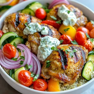 - 4 boneless, skinless chicken thighs - 2 tablespoons olive oil - 2 teaspoons dried oregano - 2 teaspoons garlic powder - 1 teaspoon ground cumin - Salt and pepper to taste - 1 medium red onion, sliced - 1 bell pepper (any color), sliced - 1 zucchini, sliced - 1 cup cherry tomatoes, halved - 1 cup cooked quinoa or brown rice - ½ cup tzatziki sauce - Fresh parsley, chopped for garnish - Feta cheese, crumbled for topping Gathering the right ingredients is key to making these delicious bowls. I love using boneless, skinless chicken thighs. They stay juicy and tender when cooked. For the marinade, I mix olive oil, dried oregano, garlic powder, ground cumin, salt, and pepper. This gives the chicken bright flavor. Next, I prepare the vegetables. I slice a medium red onion, a bell pepper, and a zucchini. I also halve a cup of cherry tomatoes. These veggies roast well and add color to the dish. For the base, I use either cooked quinoa or brown rice. Both are healthy and filling. Finally, I top the bowls with tzatziki sauce, fresh parsley, and crumbled feta cheese. These toppings add creaminess and a fresh taste. Each ingredient plays a big role in making this meal a hit! 1. Preheat your oven to 425°F (220°C). This high heat helps cook the chicken and veggies well. 2. Line a large baking sheet with parchment paper. This makes clean-up easy and helps the food not stick. 3. In a medium bowl, mix 2 tablespoons of olive oil, 2 teaspoons of dried oregano, 2 teaspoons of garlic powder, and 1 teaspoon of ground cumin. Add salt and pepper to taste. This mix creates a tasty marinade for the chicken. 1. Take the 4 boneless, skinless chicken thighs and coat them well in the marinade. Let the chicken sit in the marinade for at least 20 minutes. This allows the flavors to soak in and makes the chicken juicy. 2. While the chicken marinates, prepare the veggies. Slice 1 medium red onion, 1 bell pepper (any color), and 1 zucchini. Halve 1 cup of cherry tomatoes. Spread these veggies on the baking sheet. 3. Drizzle a little olive oil over the veggies. Season them with salt and pepper. Toss them to coat evenly, so they roast well. 1. Place the marinated chicken thighs on the baking sheet with the veggies. Bake everything for about 25-30 minutes. Check that the chicken reaches an internal temperature of 165°F (75°C). The veggies should be tender and slightly caramelized. 2. Once cooked, take the baking sheet out of the oven. Let the chicken rest for a few minutes. This keeps it moist. 3. Slice the chicken into strips. To assemble the bowls, start with a base of 1 cup of cooked quinoa or brown rice. Layer on the roasted veggies and sliced chicken. 4. Drizzle with tzatziki sauce, sprinkle crumbled feta cheese on top, and garnish with chopped parsley. Enjoy your vibrant, tasty meal! To make sure your chicken is cooked just right, use a meat thermometer. The chicken should reach 165°F (75°C) in the thickest part. This keeps it juicy and safe to eat. When roasting vegetables, spread them out on the pan. This helps them get caramelized and crispy. Use a mix of colors too, like red onion and bell pepper, for a great look. For a fun presentation, use wide bowls. Start with a base of quinoa or brown rice. Then layer on the roasted veggies and chicken. Drizzle tzatziki sauce on top. Add crumbled feta cheese and chopped parsley for color. You can also serve extra tzatziki on the side. A lemon wedge adds a nice touch. Want more spice? Add cayenne pepper or red pepper flakes to the marinade. You can swap out herbs too; try thyme or rosemary instead of oregano. If you like toppings, consider avocado slices or olives. For a different crunch, add chopped nuts like pistachios or almonds. {{image_2}} You can switch out the chicken thighs for chicken breast. Chicken breast cooks faster and is leaner. You can also try other meats, like pork or lamb. For a vegetarian option, use chickpeas or tofu. Both options will soak up the marinade well. This gives you a great taste and texture. If you want a change from quinoa or brown rice, you have many options. Try couscous, bulgur, or farro. Each grain adds its own flavor and texture. You can also use cauliflower rice for a low-carb choice. Adding different spices can make your gyro bowls unique. Consider paprika, cayenne, or even curry powder. Each spice brings a new layer of flavor. You can also add unique vegetables. Try mushrooms, spinach, or roasted eggplant. For extra sauce, drizzle some tahini or a spicy yogurt sauce. These small changes keep your meals exciting. To store leftovers, place them in an airtight container. This keeps the gyro bowls fresh. You can keep them in the fridge for up to three days. Make sure to separate the chicken from the veggies if you prefer. This helps maintain texture and flavor. For reheating, the oven works best. Preheat it to 350°F (175°C). Place the gyro bowls on a baking sheet. Heat for about 15 minutes or until warm. You can also use the microwave. Just heat for 1-2 minutes, checking often to avoid overcooking. Yes, you can freeze the dish! To freeze, let the gyro bowls cool completely. Place them in freezer-safe containers. They can last up to three months in the freezer. When ready to eat, thaw them in the fridge overnight. Reheat using the oven or microwave as mentioned. This keeps the flavors intact and delicious. It takes about 50 minutes to cook these bowls. You spend 20 minutes preparing the ingredients. Then, the chicken and veggies roast for about 25 to 30 minutes. This timing helps ensure the chicken is juicy and the veggies are tender. Yes, you can marinate the chicken overnight. This helps the flavors soak into the meat. Just be sure to cover it well in the fridge. If time is tight, marinating for at least 20 minutes works too. Tzatziki sauce is made from yogurt, cucumber, garlic, lemon juice, and herbs like dill. You can also add mint for a fresh twist. If you want to skip making it, store-bought tzatziki works just fine! This guide took you through making Sheet Pan Greek Chicken Gyro Bowls from scratch. We covered the key ingredients, from the juicy chicken thighs to the fresh veggies and tasty toppings. I shared step-by-step instructions for simple prep and cooking. You learned tips for perfecting your dish and discovered creative variations to try. Remember, storing leftovers correctly keeps your meals fresh. Enjoy these bowls as a healthy, fun meal option any time. Explore your flavor ideas and make them truly yours!