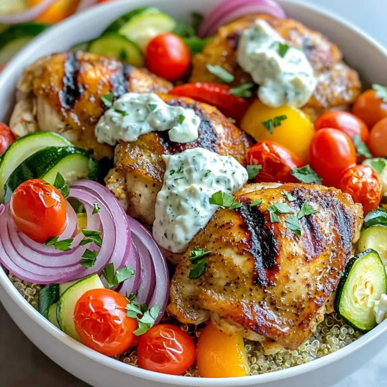 - 4 boneless, skinless chicken thighs - 2 tablespoons olive oil - 2 teaspoons dried oregano - 2 teaspoons garlic powder - 1 teaspoon ground cumin - Salt and pepper to taste - 1 medium red onion, sliced - 1 bell pepper (any color), sliced - 1 zucchini, sliced - 1 cup cherry tomatoes, halved - 1 cup cooked quinoa or brown rice - ½ cup tzatziki sauce - Fresh parsley, chopped for garnish - Feta cheese, crumbled for topping Gathering the right ingredients is key to making these delicious bowls. I love using boneless, skinless chicken thighs. They stay juicy and tender when cooked. For the marinade, I mix olive oil, dried oregano, garlic powder, ground cumin, salt, and pepper. This gives the chicken bright flavor. Next, I prepare the vegetables. I slice a medium red onion, a bell pepper, and a zucchini. I also halve a cup of cherry tomatoes. These veggies roast well and add color to the dish. For the base, I use either cooked quinoa or brown rice. Both are healthy and filling. Finally, I top the bowls with tzatziki sauce, fresh parsley, and crumbled feta cheese. These toppings add creaminess and a fresh taste. Each ingredient plays a big role in making this meal a hit! 1. Preheat your oven to 425°F (220°C). This high heat helps cook the chicken and veggies well. 2. Line a large baking sheet with parchment paper. This makes clean-up easy and helps the food not stick. 3. In a medium bowl, mix 2 tablespoons of olive oil, 2 teaspoons of dried oregano, 2 teaspoons of garlic powder, and 1 teaspoon of ground cumin. Add salt and pepper to taste. This mix creates a tasty marinade for the chicken. 1. Take the 4 boneless, skinless chicken thighs and coat them well in the marinade. Let the chicken sit in the marinade for at least 20 minutes. This allows the flavors to soak in and makes the chicken juicy. 2. While the chicken marinates, prepare the veggies. Slice 1 medium red onion, 1 bell pepper (any color), and 1 zucchini. Halve 1 cup of cherry tomatoes. Spread these veggies on the baking sheet. 3. Drizzle a little olive oil over the veggies. Season them with salt and pepper. Toss them to coat evenly, so they roast well. 1. Place the marinated chicken thighs on the baking sheet with the veggies. Bake everything for about 25-30 minutes. Check that the chicken reaches an internal temperature of 165°F (75°C). The veggies should be tender and slightly caramelized. 2. Once cooked, take the baking sheet out of the oven. Let the chicken rest for a few minutes. This keeps it moist. 3. Slice the chicken into strips. To assemble the bowls, start with a base of 1 cup of cooked quinoa or brown rice. Layer on the roasted veggies and sliced chicken. 4. Drizzle with tzatziki sauce, sprinkle crumbled feta cheese on top, and garnish with chopped parsley. Enjoy your vibrant, tasty meal! To make sure your chicken is cooked just right, use a meat thermometer. The chicken should reach 165°F (75°C) in the thickest part. This keeps it juicy and safe to eat. When roasting vegetables, spread them out on the pan. This helps them get caramelized and crispy. Use a mix of colors too, like red onion and bell pepper, for a great look. For a fun presentation, use wide bowls. Start with a base of quinoa or brown rice. Then layer on the roasted veggies and chicken. Drizzle tzatziki sauce on top. Add crumbled feta cheese and chopped parsley for color. You can also serve extra tzatziki on the side. A lemon wedge adds a nice touch. Want more spice? Add cayenne pepper or red pepper flakes to the marinade. You can swap out herbs too; try thyme or rosemary instead of oregano. If you like toppings, consider avocado slices or olives. For a different crunch, add chopped nuts like pistachios or almonds. {{image_2}} You can switch out the chicken thighs for chicken breast. Chicken breast cooks faster and is leaner. You can also try other meats, like pork or lamb. For a vegetarian option, use chickpeas or tofu. Both options will soak up the marinade well. This gives you a great taste and texture. If you want a change from quinoa or brown rice, you have many options. Try couscous, bulgur, or farro. Each grain adds its own flavor and texture. You can also use cauliflower rice for a low-carb choice. Adding different spices can make your gyro bowls unique. Consider paprika, cayenne, or even curry powder. Each spice brings a new layer of flavor. You can also add unique vegetables. Try mushrooms, spinach, or roasted eggplant. For extra sauce, drizzle some tahini or a spicy yogurt sauce. These small changes keep your meals exciting. To store leftovers, place them in an airtight container. This keeps the gyro bowls fresh. You can keep them in the fridge for up to three days. Make sure to separate the chicken from the veggies if you prefer. This helps maintain texture and flavor. For reheating, the oven works best. Preheat it to 350°F (175°C). Place the gyro bowls on a baking sheet. Heat for about 15 minutes or until warm. You can also use the microwave. Just heat for 1-2 minutes, checking often to avoid overcooking. Yes, you can freeze the dish! To freeze, let the gyro bowls cool completely. Place them in freezer-safe containers. They can last up to three months in the freezer. When ready to eat, thaw them in the fridge overnight. Reheat using the oven or microwave as mentioned. This keeps the flavors intact and delicious. It takes about 50 minutes to cook these bowls. You spend 20 minutes preparing the ingredients. Then, the chicken and veggies roast for about 25 to 30 minutes. This timing helps ensure the chicken is juicy and the veggies are tender. Yes, you can marinate the chicken overnight. This helps the flavors soak into the meat. Just be sure to cover it well in the fridge. If time is tight, marinating for at least 20 minutes works too. Tzatziki sauce is made from yogurt, cucumber, garlic, lemon juice, and herbs like dill. You can also add mint for a fresh twist. If you want to skip making it, store-bought tzatziki works just fine! This guide took you through making Sheet Pan Greek Chicken Gyro Bowls from scratch. We covered the key ingredients, from the juicy chicken thighs to the fresh veggies and tasty toppings. I shared step-by-step instructions for simple prep and cooking. You learned tips for perfecting your dish and discovered creative variations to try. Remember, storing leftovers correctly keeps your meals fresh. Enjoy these bowls as a healthy, fun meal option any time. Explore your flavor ideas and make them truly yours!
