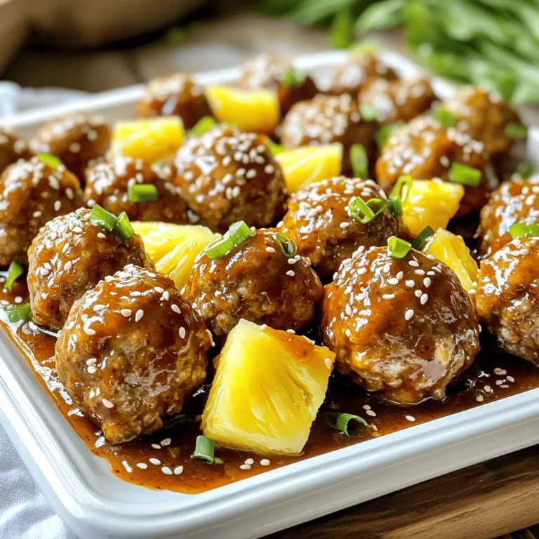 To make Sweet Chili Pineapple Meatballs, gather these key ingredients: - 1 lb ground chicken or turkey - 1/2 cup breadcrumbs - 1/4 cup grated Parmesan cheese - 1 egg - 2 cloves garlic, minced - 1 teaspoon ginger, minced - 1/4 cup finely chopped green onions - 1 teaspoon salt - 1/2 teaspoon black pepper - 1 cup pineapple chunks (fresh or canned, drained) - 1/2 cup sweet chili sauce - 1 tablespoon soy sauce (low sodium) - 1 tablespoon sesame seeds (for garnish) Using these ingredients, you create a dish full of flavor. The ground chicken or turkey gives a light texture. Breadcrumbs and Parmesan add a nice crunch. The egg helps bind everything together. Garlic and ginger bring a warm, rich taste. Green onions add a fresh bite. The sweet and savory mix comes from the sweet chili sauce and soy sauce. Pineapple chunks add a juicy, sweet burst. Finally, sesame seeds give a delightful finish. This blend of ingredients makes the meatballs unique and tasty. Start by preheating your oven to 400°F (200°C). This step helps ensure the meatballs cook evenly. Line a baking sheet with parchment paper for easy cleanup. In a large mixing bowl, combine the following: - 1 lb ground chicken or turkey - 1/2 cup breadcrumbs - 1/4 cup grated Parmesan cheese - 1 egg - 2 cloves garlic, minced - 1 teaspoon ginger, minced - 1/4 cup finely chopped green onions - 1 teaspoon salt - 1/2 teaspoon black pepper Mix these ingredients well. I like to use my hands to make sure everything blends nicely. Shape the mixture into small meatballs. Aim for about 1 inch in diameter. Place them on the baking sheet, keeping space between each one. Bake the meatballs for about 20 minutes. They should turn golden brown and be cooked through. While the meatballs bake, you can make the sauce. In a small saucepan over medium heat, mix: - 1/2 cup sweet chili sauce - 1 tablespoon soy sauce (low sodium) Add in 1 cup of pineapple chunks, either fresh or canned. Cook for 3-4 minutes, stirring often until everything is heated through. When the meatballs are done, take them out of the oven. Place them in a large mixing bowl. Pour the sweet chili pineapple sauce over them. Gently toss to coat every meatball evenly. Transfer the meatballs onto a serving platter. For a nice touch, sprinkle 1 tablespoon of sesame seeds on top. This adds flavor and makes your dish look great! To make great meatballs, start with the right mix. Use ground chicken or turkey for a lean option. Add breadcrumbs for texture and moisture. The egg helps bind all the ingredients together. Mix until everything is combined, but do not overwork the meat. This keeps them tender. If you like, add a bit more Parmesan for extra flavor. Preheat your oven to 400°F (200°C). This high heat cooks the meatballs quickly. Line your baking sheet with parchment paper. This makes cleanup easy and prevents sticking. Space the meatballs about an inch apart. This allows even cooking. Bake for about 20 minutes, or until golden brown and cooked through. These meatballs shine with the sweet chili pineapple sauce. Serve them over rice or noodles for a full meal. They work great as an appetizer too. For a crunchy side, try a fresh salad. Garnish with sesame seeds for a nice touch. You can also pair them with a light dipping sauce for extra flavor. {{image_2}} You can switch up the meat in this recipe. Ground beef or pork works well. You could also try plant-based options like lentils or chickpeas. Mixing in some tofu adds a nice twist too. These alternatives keep the dish fun and fresh. They also let you cater to different diets. To make this recipe gluten-free, use gluten-free breadcrumbs. Many brands offer great options. You can also use oats instead of breadcrumbs. They add a nice texture. Just blend them into a fine powder. This way, you keep the meatballs tasty without gluten. While sweet chili sauce shines here, you can try other flavors. A teriyaki sauce adds a nice twist. Or mix soy sauce with honey for a sweet touch. You could even make a spicy mango sauce for a fruity kick. Each change keeps the dish exciting and unique. To store leftover meatballs, let them cool first. Place them in an airtight container. They can last in the fridge for up to three days. Make sure to separate them from the sauce if you want them to stay firm. If they are in sauce, use them within two days for best taste. To reheat meatballs, you have a few options. You can use the microwave or the oven. If using the microwave, place them on a plate and cover them. Heat them for 1-2 minutes until warm. For the oven, preheat it to 350°F (175°C). Place them on a baking sheet and heat for about 10-15 minutes. This method keeps them nice and juicy. Freezing meatballs is a great way to save time. Once they are cooked and cooled, place them in a freezer bag. Make sure to remove as much air as possible. They can last up to three months in the freezer. When you are ready to use them, thaw them in the fridge overnight before reheating. Enjoy your tasty meatballs anytime! Yes, you can use other meats. Ground beef or pork works well. You can also use plant-based meat for a vegan option. Just remember to adjust cooking times if needed. The sauce has a mild heat. Sweet chili sauce is sweet with just a hint of spice. If you want it spicier, add some red pepper flakes. Leftovers last up to three days in the fridge. Make sure to store them in an airtight container. Reheat them well before serving for the best taste. Yes, you can prepare the meatballs a day in advance. Just form them and store them in the fridge. Bake them just before serving for fresh taste. These meatballs pair well with rice or noodles. You can also serve them with a fresh salad. They make a great appetizer, too! In this post, I shared how to make sweet chili pineapple meatballs with easy steps. You learned about the tasty ingredients, from ground chicken to the sweet sauce. I provided tips for perfect meatballs and made sure you have ideas for variation and storage. Remember, cooking is fun! Don’t hesitate to try new things. With these simple methods, you can impress anyone at the table. Enjoy your cooking adventure and make these meatballs your own. Happy cooking!