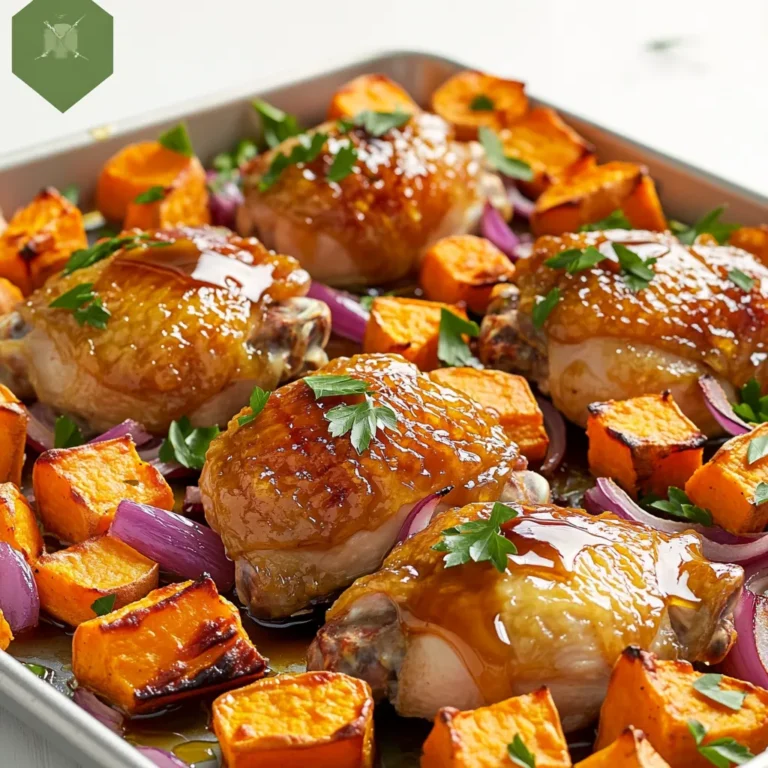 - 4 bone-in, skin-on chicken thighs - 2 medium sweet potatoes, peeled and cubed - 1 red onion, cut into wedges - 3 tablespoons pure maple syrup - 2 tablespoons olive oil - 1 teaspoon dried thyme - 1 teaspoon garlic powder - Salt and pepper, to taste - Fresh parsley This dish brings together simple ingredients for a tasty meal. Chicken thighs are rich and juicy. Sweet potatoes add a sweet touch, while red onion gives a nice bite. For seasoning, I use pure maple syrup. It adds a wonderful sweetness. Olive oil keeps everything moist. Dried thyme gives a fresh, earthy flavor. Garlic powder adds depth. Salt and pepper bring all the flavors together. You can sprinkle fresh parsley on top for a pop of color. It also adds a hint of freshness. This dish is not just tasty; it looks great too! First, preheat the oven to 425°F (220°C). This high heat helps caramelize the sweet potatoes and chicken. Next, prepare the sweet potatoes and onion. Peel the sweet potatoes and cut them into cubes. Cut the red onion into wedges. In a large bowl, combine the sweet potatoes and onion. Drizzle 1 tablespoon of olive oil over them. Add half of the maple syrup, thyme, garlic powder, salt, and pepper. Toss everything together until the sweet potatoes and onion are well coated. Take a large sheet pan and spread the seasoned sweet potatoes and onion across it. Make sure to create space in the center for the chicken. Pat the chicken thighs dry with paper towels. Season both sides with salt and pepper. Place the chicken thighs in the center of the pan. Drizzle the remaining olive oil and maple syrup over the chicken. This will add a nice glaze. Place the pan in the preheated oven and roast for 35-40 minutes. The chicken should reach an internal temperature of 165°F (75°C), and the sweet potatoes should be tender and caramelized. To make sure your chicken is just right, check its internal temperature. Use a meat thermometer. The chicken should reach 165°F (75°C). Insert the thermometer into the thickest part of the thigh. Avoid touching the bone. This ensures an accurate reading. If you find the chicken is not done, return it to the oven for a few more minutes. For extra flavor, consider marinating the chicken before cooking. You can mix maple syrup, olive oil, and spices in a bowl. Coat the chicken thighs well and let them soak for at least 30 minutes. This adds depth to the dish. You can also experiment with additional spices like paprika or cayenne. These spices add a nice kick. When serving, you can keep it simple and rustic. Serve directly from the sheet pan. This saves time and adds charm. If you prefer a more formal look, transfer the chicken and sweet potatoes to a platter. Add fresh parsley for color and a fresh taste. This small touch makes a big difference. {{image_2}} You can switch the chicken thighs for other proteins. Try bone-in chicken breasts or even turkey legs. For a vegetarian option, use firm tofu or chickpeas. These choices add unique flavors and textures. You can also explore different vegetables. Instead of sweet potatoes, use carrots or butternut squash. Brussels sprouts and cauliflower work well, too. Mix and match to find your favorite combo. Adding nuts or seeds can boost the dish. Try walnuts, pecans, or pumpkin seeds for crunch. Toss them on the veggies before roasting. They add great flavor and texture. Incorporating spices can take your meal to the next level. Add paprika for a smoky taste. Cumin or chili powder can bring warmth. Experiment and see what you like best. For gluten-free options, this recipe is naturally gluten-free. Always check your labels for safety. If you follow Paleo or Whole30 diets, this dish fits well. Just ensure your maple syrup is pure. Avoid added sugars and stick to whole foods. Enjoy a hearty, healthy meal! To store leftovers, first let the dish cool. Place the chicken and sweet potatoes in an airtight container. You can keep them in the fridge for up to three days. Make sure to seal the container well. This helps keep the flavors fresh. If you want to enjoy them later, store them separately, if possible. For freezing, pack the chicken and sweet potatoes in freezer-safe bags. Remove as much air as you can from the bags. This helps prevent freezer burn. You can freeze them for up to three months. When you're ready to eat, let them thaw in the fridge overnight before reheating. To reheat, you can use the oven or microwave. If using the oven, preheat it to 350°F (175°C). Place the chicken and sweet potatoes on a baking sheet and cover with foil. This helps keep moisture in. Heat for about 20 minutes or until warm. If using a microwave, place the food in a microwave-safe dish. Heat in short bursts, stirring in between, until hot. Enjoy your meal just like it was fresh! It takes about 35 to 40 minutes to cook sheet-pan chicken. The oven must be set to 425°F (220°C). The chicken is ready when it reaches an internal temperature of 165°F (75°C). The sweet potatoes should be soft and caramelized at this point. Yes, you can use other potatoes. Yukon gold or red potatoes work well. Just chop them into similar sizes to ensure even cooking. Each type of potato will bring its own flavor and texture. This dish pairs well with a simple salad or steamed greens. You can also serve it with crusty bread to soak up the juices. For a heartier meal, add quinoa or rice. No, you do not have to peel the sweet potatoes. The skin adds fiber and nutrients. Just wash them well and cut them into cubes. The skin will soften during cooking. You can prepare the ingredients in advance. Chop the sweet potatoes and onion, then store them in the fridge. You can also season the chicken ahead of time. Just remember to cook it fresh. This blog post covered how to make delicious sheet-pan maple roasted chicken with sweet potatoes and red onion. You learned about the key ingredients, seasonings, and steps to prepare this dish. I also shared tips for perfect cooking and delicious variations. Remember, cooking can be simple and fun. Don’t hesitate to try different ingredients or flavors! Get creative in your kitchen and enjoy your meal. You’ll impress everyone with this easy, tasty recipe. Happy cooking!