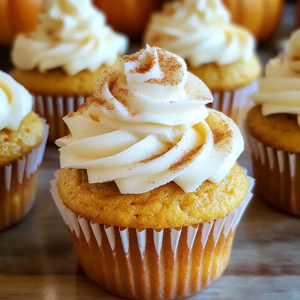 To make these delightful pumpkin spice latte cupcakes, gather the following ingredients: - 1 ½ cups all-purpose flour - 1 teaspoon baking powder - ½ teaspoon baking soda - ½ teaspoon salt - 1 tablespoon pumpkin spice - ½ cup unsalted butter, softened - 1 cup brown sugar - 2 large eggs - 1 cup pumpkin puree - ½ cup brewed coffee, cooled - 1 teaspoon vanilla extract - ½ cup frosting (cream cheese or buttercream) for topping - Lightly whipped cream and a sprinkle of pumpkin spice for garnish Each ingredient plays a key role in making these cupcakes rich and flavorful. The all-purpose flour provides the base. Baking powder and baking soda help the cupcakes rise. The salt enhances the sweetness and flavor. Pumpkin spice gives that cozy fall taste. The unsalted butter makes the cupcakes soft. Brown sugar adds moisture and a hint of caramel flavor. Eggs bind everything together and add richness. Pumpkin puree brings a lovely texture and flavor. Brewed coffee deepens the taste, while vanilla extract adds warmth. Lastly, the frosting adds a sweet finish. You can choose cream cheese for tanginess or buttercream for sweetness. Top with whipped cream and a sprinkle of pumpkin spice to make them look fancy. This combination of ingredients creates the perfect treat for fall. Enjoy baking! - Preheat the oven to 350°F (175°C). - Line the muffin tin with cupcake liners. - In a bowl, whisk together: - 1 ½ cups all-purpose flour - 1 teaspoon baking powder - ½ teaspoon baking soda - ½ teaspoon salt - 1 tablespoon pumpkin spice This mix gives your cupcakes their warm fall flavor. - In a large bowl, beat: - ½ cup unsalted butter, softened - 1 cup brown sugar Mix until it looks light and fluffy. This step adds air for a soft texture. - Add 2 large eggs, one at a time. Mix well after each addition. - Stir in: - 1 cup pumpkin puree - ½ cup cooled brewed coffee - 1 teaspoon vanilla extract This mixture creates a rich and moist batter. - Gradually add the dry mix to the wet ingredients. Stir until just combined. - Spoon the batter into the cupcake liners, filling each about 2/3 full. This helps them rise perfectly in the oven. - Bake for 18-20 minutes. - Cool in the tin for 5 minutes, then transfer to a wire rack. This cooling step is key for the right texture. - Frost the cooled cupcakes with: - ½ cup cream cheese or buttercream frosting Top with a dollop of lightly whipped cream and sprinkle pumpkin spice for a festive touch. Enjoy your tasty fall treat! To get the best cupcakes, you must mix carefully. Overmixing the batter can make them tough. Mix just until the dry and wet ingredients come together. That keeps your cupcakes light and fluffy. After baking, always check for doneness. Use a toothpick and insert it into the center. If it comes out clean, the cupcakes are ready. If not, bake them a few more minutes. You can choose between cream cheese or buttercream frosting. Cream cheese is tangy and rich, while buttercream is sweet and smooth. For a great finish, use a spatula to spread the frosting. You can also use a piping bag for a fun design. Just make sure your cupcakes are cool before you frost them. Want to boost the pumpkin spice flavor? Add an extra half tablespoon of pumpkin spice to the batter. This will make the cupcakes even more aromatic. You can also use flavored coffee instead of regular brewed coffee. A hazelnut or vanilla coffee adds a fun twist. This small change can elevate the taste of your cupcakes. {{image_2}} To make these cupcakes gluten-free, simply swap out all-purpose flour for a gluten-free blend. Look for flour mixes that contain a mix of rice flour, tapioca flour, and potato starch. These blends work well and keep your cupcakes light. Make sure the blend you choose has xanthan gum for proper texture. If you want a vegan version, use flax eggs instead of regular eggs. To make one flax egg, mix one tablespoon of ground flaxseed with three tablespoons of water. Let it sit for a few minutes until it thickens. Instead of butter, use coconut oil for a rich flavor. This keeps the cupcakes moist and tasty. You can add chocolate chips for a sweet twist. Dark chocolate pairs well with pumpkin spice. Nuts like walnuts or pecans add a nice crunch. You can also change the spice mix. For a different flavor, try cinnamon or a hint of nutmeg. Adjust the spices based on your taste. This way, you can create your own unique cupcake style! Store your pumpkin spice latte cupcakes at room temperature. - Keep them in an airtight container. - Place parchment paper between layers to avoid sticking. - They will stay fresh for 2-3 days. If you want to save some for later, freezing is a great option. - Wait until the cupcakes cool completely. - Wrap each cupcake in plastic wrap tightly. - Place them in a freezer-safe bag. - They can last up to 3 months in the freezer. To enjoy frozen cupcakes, thaw them properly. - Take them out of the freezer and unwrap them. - Let them sit at room temperature for about 1-2 hours. - If they seem dry, you can add a bit of frosting on top. - For a warm treat, microwave them for about 10-15 seconds. Store your pumpkin spice latte cupcakes in an airtight container. They stay fresh at room temperature for up to three days. If you want to keep them longer, place them in the fridge for up to a week. Just remember to let them come to room temp before serving. Yes, you can definitely make these cupcakes ahead of time. Bake them and let them cool completely. Then, store them in an airtight container. You can frost them the day you plan to serve them for the best taste. The best way to frost cupcakes is to use a piping bag. This tool gives you control and makes your cupcakes look great. If you don’t have one, you can use a knife to spread the frosting. Just be gentle and aim for a nice, smooth finish. To make your cupcakes more moist, add a little extra pumpkin puree. You could also use oil instead of butter in some recipes. Ensure you do not overbake them. Check for doneness a minute or two early; the toothpick should come out clean but not dry. These cupcakes are not gluten-free or vegan as written. If you need a gluten-free version, try using almond flour or a gluten-free blend. For a vegan option, replace eggs with flax eggs and use coconut oil instead of butter. Pair these cupcakes with a warm cup of coffee or chai tea. The flavors blend well and enhance your tasting experience. You can also serve them with a scoop of vanilla ice cream for a fun dessert twist. These pumpkin spice latte cupcakes are a delicious treat made with simple ingredients. We covered how to prepare, bake, and decorate them for maximum flavor. Remember, small tips can change the game, like not overmixing and exploring frosting options. You can even adapt this recipe for gluten-free or vegan needs. Enjoy your baking journey, and savor each bite of these moist, flavorful cupcakes!