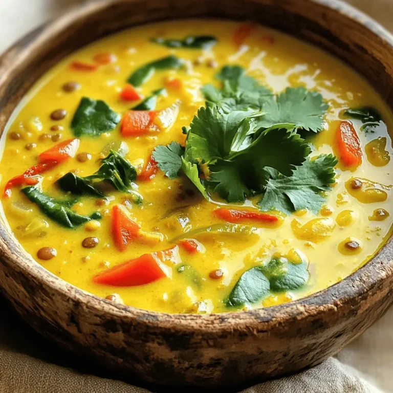 - 1 cup dried green or brown lentils, rinsed - 1 can (13.5 oz) coconut milk - 4 cups vegetable broth - 1 medium onion, chopped - 3 cloves garlic, minced - 1 tablespoon fresh ginger, grated - 1 tablespoon curry powder - 1 teaspoon ground cumin - 1 teaspoon turmeric powder - 1 red bell pepper, diced - 1 carrot, diced - 2 cups fresh spinach - 2 tablespoons soy sauce (or tamari for gluten-free) - Salt and pepper to taste - Fresh cilantro, for garnish - 1 tablespoon olive oil I love using simple, wholesome ingredients for this soup. The lentils are the star here. They give the soup a hearty feel. Coconut milk adds creaminess and a touch of sweetness. Vegetable broth brings depth to the flavor. The aromatics are key. Onion, garlic, and ginger are a must. They create a strong base and add warmth. The spices make the soup sing. Curry powder, cumin, and turmeric offer rich taste and color. Don't forget the veggies! Red bell pepper and carrot add crunch and sweetness. Fresh spinach brings a lovely green finish. Lastly, garnishing with cilantro adds a fresh note. You can also serve this with warm naan or rice for a filling meal. 1. Sauté Aromatics: Start by heating olive oil in a skillet over medium heat. Add chopped onions, minced garlic, and grated ginger. Cook until the onions turn soft and clear, about 5 minutes. This step brings out the rich flavors. 2. Combine Ingredients: In your slow cooker, add the sautéed onion mix. Next, add rinsed lentils, coconut milk, vegetable broth, diced red bell pepper, diced carrot, curry powder, ground cumin, turmeric, and soy sauce. Stir everything well to mix the flavors. 3. Cooking Times: Cover the slow cooker. Cook on low for 6-8 hours or on high for 3-4 hours, until the lentils are soft. The long cooking time allows all the flavors to blend nicely. 1. How to Properly Incorporate Spinach: About 15 minutes before you serve, add fresh spinach to the soup. Stir it in gently and let it wilt. This adds color and nutrients to your dish. 2. Adjusting Seasonings Before Serving: Before serving, taste the soup. Add salt and pepper as needed. This final touch ensures the flavors shine. Enjoy the comfort of this soup with warm naan or rice for a cozy meal! Rinsing lentils is a key step. Place them in a fine mesh strainer and rinse under cold water. This removes dust and any small stones. Clean lentils will cook evenly and taste better. For the best texture, use dried green or brown lentils. They hold their shape well. Aim for a tender but not mushy consistency. Cook them until they are just soft. This usually takes 6-8 hours on low or 3-4 hours on high in the slow cooker. To amp up the taste, consider adding spices. A pinch of cayenne pepper gives it heat. Fresh herbs like cilantro or basil can brighten the soup. You can also add a squeeze of lime for a zesty kick. Seasoning to taste is very important. Start with the suggested salt and pepper. Taste the soup before serving and adjust. Each ingredient can change how it tastes, so feel free to experiment. Your personal touch makes all the difference! {{image_2}} You might want to swap some ingredients. For a gluten-free option, use tamari instead of soy sauce. Both work well for flavor. If you need a vegan version, ensure your broth is plant-based. If you want to try different lentils, you can use red lentils. They cook faster and give a creamier texture. For vegetables, feel free to mix things up. Instead of red bell pepper, use yellow or orange peppers for a sweeter taste. Carrots can be swapped for zucchini or sweet potatoes. If you have other greens, kale or Swiss chard can replace spinach. These changes will still keep the soup delicious. Curry powder is key here, but don’t stop there. You can try different curry blends to find your favorite. Thai curry paste adds a kick and pairs well with coconut milk. For a mild flavor, use a sweet curry blend. Want to explore more? Regional variations can spice things up. South Asian styles often include mustard seeds and fresh herbs. Caribbean versions might add allspice or thyme for a unique twist. Each change brings a new taste, making every bowl special. To keep your soup fresh, store it in an airtight container. Place the container in the fridge right after cooling. This soup lasts up to five days in the fridge. If you want to save it longer, freeze it. Pour the soup into freezer-safe bags or containers. Make sure to leave some space for expansion. In the freezer, this soup can last up to three months. When you are ready to eat, reheat the soup gently. You can use the stove or the microwave. For stovetop reheating, pour the soup into a pot. Heat it over medium heat. Stir often until it warms through. If using a microwave, heat in short bursts, stirring in between. The soup may thicken after storage. If it does, add a bit of vegetable broth or water. This will bring back its creamy texture. Enjoy the rich flavors as they warm up! Can I use different types of lentils? Yes, you can use other lentils, like red or black. Each type changes the soup's texture and flavor. Red lentils cook faster and can make the soup thicker. Green or brown lentils hold their shape well. Experiment to find your favorite! How can I make this soup spicier? To add heat, try adding red pepper flakes or diced jalapeños. You can also use a spicier curry powder or a dash of hot sauce. Start small, and adjust to your taste. The right spice can elevate your soup! Is it possible to make this dish in a conventional pot? Yes, you can make this soup on the stovetop. First, sauté the onions, garlic, and ginger in a pot. Then, add the other ingredients and bring it to a boil. Reduce the heat and let it simmer until the lentils are tender, about 30-40 minutes. Stir occasionally and enjoy! This blog post covers everything you need for a great slow cooker coconut curry lentil soup. We discussed essential ingredients, step-by-step instructions, tips and tricks, and variations. You learned how to enhance flavors and store leftovers properly. I hope you feel ready to make this comforting dish with confidence. Enjoy the rich flavors and easy prep that will make your soup a hit!