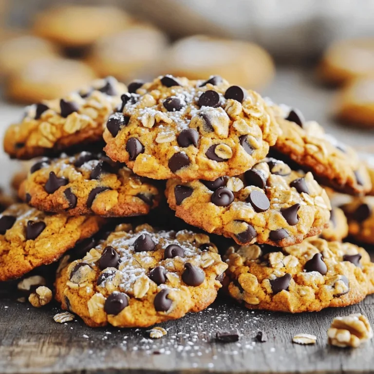 - 1 cup canned pumpkin puree - 1/2 cup brown sugar - 1/4 cup granulated sugar - 1/2 cup unsweetened applesauce - 1/2 cup peanut butter (or almond butter for a nut-free option) - 1 teaspoon vanilla extract - 1 1/2 cups rolled oats - 1 cup all-purpose flour (or gluten-free flour) - 1 teaspoon baking soda - 1 teaspoon pumpkin pie spice - 1/2 teaspoon salt - 1 cup chocolate chips (dark or semi-sweet) - 1/2 cup chopped walnuts (optional) You can switch out ingredients for different flavors or dietary needs. For example, use almond butter instead of peanut butter if you want a nut-free option. You can also try maple syrup in place of brown sugar for a richer taste. If you need gluten-free cookies, use gluten-free flour instead of regular flour. Applesauce adds moisture, so you can replace it with mashed banana if you like. Using high-quality ingredients will improve the flavor. Choose pure pumpkin puree, not pumpkin pie filling, as it has added sugars. Select dark or semi-sweet chocolate chips for a rich chocolate burst. Fresh oats work better than old ones. They provide a nice texture. Always check the expiration dates for ingredients like baking soda and flour. Fresh ingredients lead to the best cookies! Start by preheating your oven to 350°F (175°C). This step is key for even baking. While the oven heats, grab a baking sheet and line it with parchment paper. This makes for easy cleanup and helps the cookies not stick. In a large bowl, mix the following wet ingredients: - 1 cup canned pumpkin puree - 1/2 cup brown sugar - 1/4 cup granulated sugar - 1/2 cup unsweetened applesauce - 1/2 cup peanut butter (or almond butter) - 1 teaspoon vanilla extract Stir these ingredients until they blend well. The smooth mixture should feel creamy and inviting. In a separate bowl, whisk together the dry ingredients: - 1 1/2 cups rolled oats - 1 cup all-purpose flour (or gluten-free flour) - 1 teaspoon baking soda - 1 teaspoon pumpkin pie spice - 1/2 teaspoon salt Mix them until they are evenly distributed. This helps the flavors come together in each bite. Now, it’s time to combine both mixtures. Gradually add the dry ingredients to the wet mix. Stir gently until just combined. Avoid overmixing, as this can make cookies tough. Next, fold in: - 1 cup chocolate chips - 1/2 cup chopped walnuts (optional) Using a spoon or a cookie scoop, drop rounded tablespoons of dough onto the prepared baking sheet. Space them about 2 inches apart. Bake in the oven for 12-15 minutes. Look for golden edges while the centers stay soft. After baking, remove the cookies from the oven. Let them cool on the baking sheet for 5 minutes. This allows them to set. Then, transfer them to a wire rack to cool completely. Serve these cookies stacked on a plate or in a decorative tin. Enjoy them with your favorite drink! To get the best texture, use canned pumpkin puree. It keeps the cookies moist. If you want a thicker cookie, add a bit more flour. Start with one extra tablespoon, then test it. You want the dough to be slightly sticky but not runny. Mixing the wet and dry ingredients gently helps prevent tough cookies. Bake your cookies for 12 to 15 minutes. Keep an eye on them. The edges should turn golden brown, while the centers stay soft. If you want a chewier cookie, take them out sooner. For a firmer bite, leave them in a little longer. Remember, they will continue to cook on the baking sheet after you take them out. Once cooled, store cookies in an airtight container. They stay fresh for up to a week at room temperature. If you want to freeze them, wrap each cookie tightly. Place them in a freezer bag. They can last for up to three months in the freezer. When you're ready to eat, just let them thaw at room temperature. Enjoy the freshly baked taste! {{image_2}} You can easily make these cookies gluten-free. Just swap the all-purpose flour for a gluten-free flour blend. Look for one that works well in baking. This change keeps your cookies soft and chewy. They still taste great! If you want a nut-free version, use sunflower seed butter instead of peanut butter. This swap gives a nice flavor without nuts. You can also skip the walnuts if you prefer. Your cookies will still be tasty and satisfying. Want to add some extra flavor? You can mix in spices like cinnamon or nutmeg. A dash of ginger can also bring warmth. If you like, add a splash of almond or coconut extract. These small changes can make your cookies feel new and exciting! To keep your chocolate chip pumpkin oat cookies fresh, store them properly. Use an airtight container. Line the bottom with parchment paper for added freshness. Place a layer of cookies and add another piece of parchment paper between layers. This prevents sticking. Keep the container in a cool, dry place. Avoid direct sunlight to maintain taste and texture. When stored correctly, these cookies can last up to one week at room temperature. If you want them to last longer, consider freezing them. In the freezer, they can stay good for up to three months. Just make sure to use a freezer-safe container. Label it with the date to track freshness. If you enjoy warm cookies, reheating is easy. Preheat your oven to 300°F (150°C). Place the cookies on a baking sheet. Heat them for about 5 to 10 minutes. This process keeps them soft and chewy. You can also microwave a cookie for 10-15 seconds for a quick warm-up. Enjoy your tasty treat as if they were just baked! Yes, you can use fresh pumpkin. Just cook and mash it first. Make sure it is smooth. Fresh pumpkin gives a nice flavor but may add more moisture. Adjust your flour if needed. You can use almond butter or sunflower seed butter. These are great nut-free options. You might also try cashew butter. Each gives a different taste but still works well. Check the edges of the cookies. They should be golden brown. The centers will look soft. They will firm up as they cool. If you want a chewier cookie, take them out a minute early. If the dough feels too wet, add a bit more flour. Start with one tablespoon at a time. Mix it in gently. Avoid overmixing, or your cookies may turn tough. Yes, you can make the dough ahead. Chill it in the fridge for up to two days. When ready, just scoop and bake. You can also freeze the dough for later use. Just thaw it before baking. This blog post covered key aspects of baking cookies. We started with essential ingredients and their quality. Then, we went through each step for perfect cookies. Helpful tips ensured good texture and storage advice kept them fresh. I also shared tasty variations that suit different needs. Remember, great cookies come from good ingredients and care in baking. Explore, experiment, and enjoy your cookies!