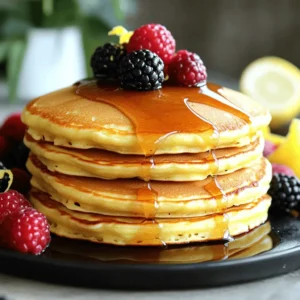 To make these fluffy lemon ricotta pancakes, gather the following ingredients: - 1 cup ricotta cheese - 1 cup all-purpose flour - 2 tablespoons sugar - 1 teaspoon baking powder - ½ teaspoon baking soda - ¼ teaspoon salt - 1 cup milk - 2 large eggs - Zest of 1 lemon - 2 tablespoons lemon juice - 1 teaspoon vanilla extract - Butter or oil for cooking - Maple syrup and fresh berries for serving (optional) When measuring ingredients, accuracy is key for fluffy pancakes. Use a dry measuring cup for flour. Spoon flour into the cup and level it off to avoid packing. You can substitute ricotta cheese with cottage cheese for a lighter texture. If you need a gluten-free option, use a gluten-free flour blend. Almond milk can replace regular milk for a dairy-free choice. To enhance your pancakes, consider these tasty toppings: - A drizzle of warm maple syrup - A handful of fresh berries like strawberries or blueberries - A sprinkle of powdered sugar for extra sweetness - A dollop of whipped cream for creaminess - A touch of lemon zest for added zing Feel free to mix and match these toppings to suit your taste! To make fluffy lemon ricotta pancakes, follow these steps carefully. First, mix the wet and dry ingredients separately. Then, combine them gently. This method keeps the pancakes light and fluffy. 1. In a large bowl, whisk together: - 1 cup ricotta cheese - 1 cup milk - 2 large eggs - Zest of 1 lemon - 2 tablespoons lemon juice - 1 teaspoon vanilla extract 2. In another bowl, mix the dry ingredients: - 1 cup all-purpose flour - 2 tablespoons sugar - 1 teaspoon baking powder - ½ teaspoon baking soda - ¼ teaspoon salt 3. Gradually add the dry mixture to the wet mixture. Stir gently until just combined. It’s okay if some lumps remain. 4. Heat a non-stick skillet over medium heat. Add butter or oil to coat the surface. 5. Pour about ¼ cup of batter onto the skillet for each pancake. 6. Cook until bubbles form, about 2-3 minutes. 7. Flip pancakes and cook for another 2-3 minutes until golden brown. 8. Remove pancakes and keep warm while cooking the rest. Cooking pancakes well is all about control. Medium heat works best. Too high, and they burn. Too low, and they don’t rise. - Use a non-stick skillet or griddle: This helps prevent sticking and makes flipping easier. - Don’t overmix the batter: Overmixing makes pancakes tough. Mix just until combined. - Check for bubbles: Look for bubbles on the surface before flipping. This means they are ready. While I can’t share images or videos here, I recommend checking online for visual guides. Watching someone cook can help you grasp the texture you’re aiming for. Look for videos showing fluffy pancake recipes. They can show you the perfect bubble formation and flipping technique. Try making these pancakes at home. With practice, you’ll master them quickly! To make the fluffiest pancakes, use fresh ricotta cheese. It adds great moisture and airiness. When mixing, combine dry and wet ingredients gently. Overmixing can make the pancakes dense. You want some lumps in the batter. This helps keep the pancakes light. Let the batter rest for a few minutes. This allows the baking powder to work its magic. One common mistake is using cold eggs and milk. Always bring them to room temperature first. This helps the batter mix well. Also, don’t skip the lemon zest. It gives a nice bright flavor. Avoid cooking on high heat. This can burn the outside while leaving the inside raw. Medium heat is best for even cooking. Use a non-stick skillet or griddle for best results. Add a small amount of butter or oil, but not too much. Too much fat can make pancakes greasy. When pouring the batter, use about ¼ cup for each pancake. Cook until bubbles form and edges look set. This usually takes 2-3 minutes. Flip them gently and cook until golden brown. Keep pancakes warm in a low oven while you cook the rest. Enjoy them fresh with maple syrup and berries! {{image_2}} You can play with flavors in your pancakes. Adding fruits like blueberries or strawberries makes them fruity and sweet. Chopped bananas also work well. For a spice kick, try adding cinnamon or nutmeg. A hint of vanilla can deepen the taste too. You could even mix in some lemon zest for an extra citrus punch. If you need a gluten-free option, use almond flour or a gluten-free blend. Both will give you nice pancakes. For a dairy-free choice, swap the ricotta with a dairy-free cheese. Coconut or almond milk can replace regular milk easily. These changes can make the recipe fit your needs without losing flavor. Serve these pancakes warm with maple syrup for sweetness. Fresh berries add a nice touch and color. You can also sprinkle some powdered sugar on top. For a fun twist, top with whipped cream or yogurt. If you want something special, drizzle with honey or a fruit sauce. Each option adds a new taste to your breakfast delight. To store leftover pancakes, let them cool completely first. Place them in an airtight container. You can also use plastic wrap or a resealable bag. Keep them in the fridge for up to three days. This keeps them fresh and tasty for your next breakfast. Reheat pancakes in several ways. You can use a microwave, skillet, or toaster. For the microwave, heat for about 20-30 seconds. Check to see if they are warm. In a skillet, warm over low heat for a few minutes. Flip them to heat both sides. Toaster works well too; just toast until warm. Freezing pancakes is easy and great for meal prep. After they cool, stack them with parchment paper between each pancake. Place them in a freezer bag or container. Seal tightly to avoid freezer burn. They can stay good for up to two months. When you want to eat them, thaw overnight in the fridge before reheating. Yes, you can use whole wheat flour. Whole wheat flour makes the pancakes a bit denser. To keep them fluffy, mix in a little extra milk. This will help balance the texture and keep them light. To make these pancakes vegan, swap the ricotta cheese with a vegan alternative. Use plant-based milk instead of regular milk. Replace eggs with flax eggs. Mix one tablespoon of flaxseed meal with three tablespoons of water. Let it sit for five minutes to thicken. The best way to reheat pancakes is in a toaster or on a skillet. For the toaster, place the pancakes in on a low setting. This keeps them fluffy. If using a skillet, heat it on low and add a tiny bit of butter. Heat for a minute on each side until warm. You learned about the key ingredients for perfect pancakes, from measurements to tasty toppings. I shared step-by-step instructions and helpful cooking techniques to ensure your pancakes are a hit. Remember the tips for fluffiness and avoid common mistakes while cooking. I also covered fun variations and storage methods to keep your pancakes fresh. Use this guide to make breakfast fun and delicious. Enjoy your pancake-making journey!