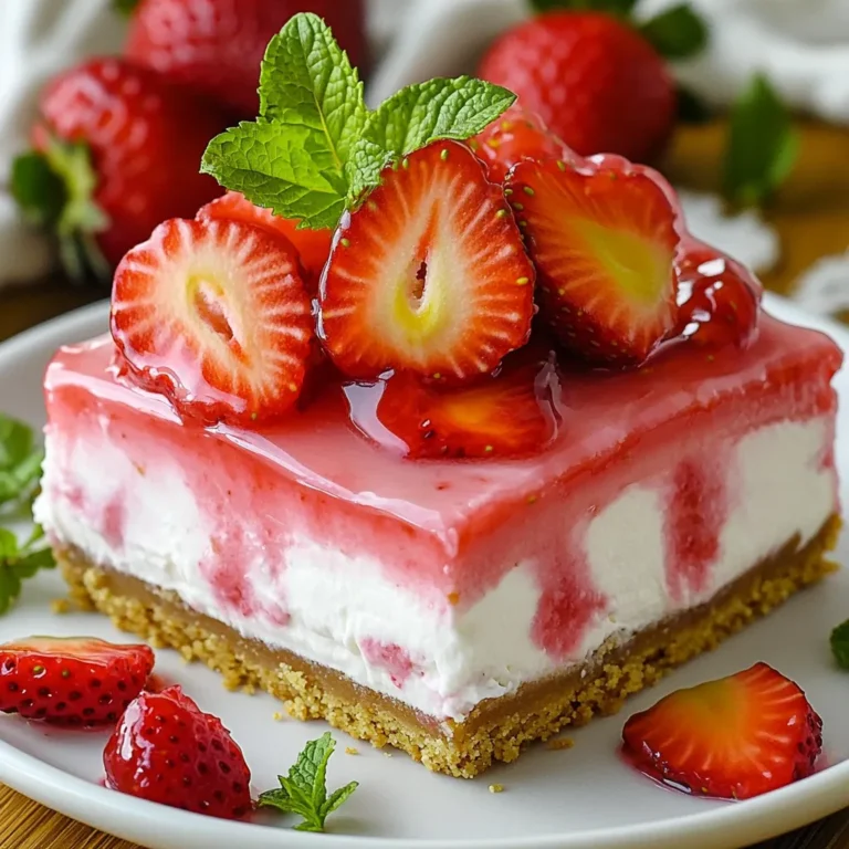 To make no bake strawberry cheesecake bars, gather these simple items: - 1 ½ cups graham cracker crumbs - ⅓ cup granulated sugar - ½ cup unsalted butter, melted - 16 oz cream cheese, softened - 1 cup powdered sugar - 1 teaspoon vanilla extract - 1 cup heavy whipping cream - 1 ½ cups fresh strawberries, pureed - 1 tablespoon lemon juice - Fresh strawberries for topping You can easily swap some ingredients to fit your needs. Here are a few ideas: - Use cookie crumbs instead of graham crackers for a different flavor. - Replace granulated sugar with coconut sugar for a more natural option. - If you want a lighter option, use low-fat cream cheese. - You can use whipped topping instead of heavy cream for a quicker recipe. - Try using lemon zest instead of lemon juice for a zesty twist. Choosing the best strawberries makes a big difference in flavor. Here are some tips: - Look for bright red strawberries with no green or white spots. - Check for firmness; they should not be soft or mushy. - Smell them! Fresh strawberries have a sweet aroma. - Choose berries with healthy green tops. Avoid dried or brown leaves. - Buy organic strawberries when possible to avoid pesticides. These tips will help you create the perfect strawberry cheesecake bars. To start, gather your graham cracker crumbs, sugar, and melted butter. You need 1 ½ cups of graham cracker crumbs and ⅓ cup of granulated sugar. Mix these in a large bowl. Add ½ cup of melted unsalted butter to the crumbs. Stir until the mixture feels like wet sand. Next, take a lined 9x9 inch baking dish. Press the crumb mix firmly into the bottom. I use the back of a measuring cup to make it even. This will form a solid crust. Place the dish in the fridge for 10 minutes. This helps the crust set and hold its shape. In another bowl, beat 16 oz of softened cream cheese until it is smooth. This step is key for a creamy filling. Gradually add 1 cup of powdered sugar and 1 teaspoon of vanilla extract. Mix these well until combined. Now, take a separate bowl and whip 1 cup of heavy cream. Beat it until stiff peaks form. This gives the cheesecake a light texture. Gently fold the whipped cream into the cream cheese mix. Be careful not to deflate the whipped cream. Next, mix 1 ½ cups of pureed fresh strawberries with 1 tablespoon of lemon juice. Fold this into the cheesecake mixture. The strawberries add flavor and color. Now it’s time to put it all together. Spread the strawberry cheesecake filling over your prepared crust. Use a spatula to smooth the top. Make sure it’s even for a nice finish. Refrigerate the bars for at least 4 hours. For the best results, let them chill overnight. Once set, lift the bars from the dish using the parchment paper. Cut them into squares. Top each bar with fresh strawberry slices before serving. This adds a lovely pop of color and extra flavor. Enjoy your delightful no-bake strawberry cheesecake bars! When making no-bake strawberry cheesecake bars, avoid these common mistakes: - Overmixing the cheesecake: This can lead to a dense texture. Mix just until smooth. - Skipping the chilling time: Chilling is key for the bars to set properly. Don’t rush this step. - Not pressing the crust firmly: A loose crust will fall apart. Make sure it's well packed. Whipping cream gives your cheesecake its light texture. Here are some tips: - Use cold equipment: Chill your bowl and beaters in the freezer for about 10 minutes. - Start slow: Begin mixing on low speed to avoid splatters. Gradually increase to medium-high. - Watch for stiff peaks: Stop mixing as soon as you see stiff peaks form. Overwhipping can turn it into butter. Folding is crucial to keep the air in the whipped cream. Follow these steps: - Use a spatula: A rubber spatula works best for folding without deflating the cream. - Add whipped cream gradually: Start with a small amount of cream cheese mixture. This helps to lighten the heavier mixture. - Fold gently: Use a scooping motion, and turn the bowl as you fold. This keeps the mixture airy and light. {{image_2}} You can easily mix up the fruit in this recipe. Instead of strawberries, use blueberries, raspberries, or peaches. Each fruit adds a new twist. For blueberries, mash them slightly before mixing. For raspberries, you might want to strain the seeds. Peaches can be pureed. All these fruits will taste great! Want to make this treat gluten-free? Swap the graham cracker crumbs for gluten-free crumbs. You can find these at most stores. Just check the label to ensure they are safe. Use a gluten-free butter for the crust too. This way, everyone can enjoy these bars without worry. To make a vegan version, replace cream cheese with cashew cream. You make cashew cream by soaking cashews and blending them with a bit of lemon juice and maple syrup. Use coconut cream instead of heavy cream for a rich texture. Check that your graham crackers are vegan-friendly. Now, you have a delicious dessert for all! To store your no bake strawberry cheesecake bars, place them in an airtight container. Use parchment paper to separate layers if needed. This prevents sticking and keeps them fresh. Keep the container in the fridge for best results. This will maintain the creamy texture. If you have extra strawberries, store them separately to avoid sogginess. You can freeze these cheesecake bars, too! Cut them into squares first. Wrap each piece tightly in plastic wrap. Then, place them in a freezer-safe bag. This helps protect them from freezer burn. They can last in the freezer for up to three months. When ready to eat, let them thaw in the fridge overnight. In the fridge, these cheesecake bars last about five days. Make sure they stay covered to keep them fresh. If you notice any changes in texture or smell, it’s best to toss them. Enjoy your delicious treat within this time to savor the flavors at their best! Yes, you can make these bars ahead of time. They actually taste better when chilled overnight. Make them a day before your event for the best flavor and texture. Just keep them in the fridge until you’re ready to serve. This lets the flavors blend nicely and makes them easier to cut. To cut the cheesecake bars neatly, use a sharp knife. First, chill the bars until they are firm. Then, dip the knife in warm water and wipe it dry. This helps the knife glide through the bars. Cut straight down without sawing back and forth. Clean the knife after each cut for clean edges. These bars pair well with many tasty treats. Consider serving them with fresh whipped cream or a scoop of vanilla ice cream. A drizzle of chocolate sauce can add a nice touch, too. You can also serve them with fresh fruit like berries or mint leaves for a pop of color and flavor. This blog post covered all you need for strawberry cheesecake bars. We explored ingredients, step-by-step instructions, and storage tips. We also shared common mistakes and delicious variations. You can now create your own tasty treats with ease. Remember to pick fresh strawberries and follow the tips for success. Enjoy making your dessert, and don't forget to store any leftovers properly. Happy baking!