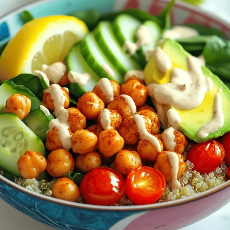 - 1 can (15 oz) chickpeas, drained and rinsed - 2 tablespoons olive oil - 1 teaspoon smoked paprika - 1 teaspoon garlic powder - 1 teaspoon cumin - Salt and pepper to taste Chickpeas are the star here. They give protein and fiber to the bowl. Olive oil helps make them crispy. The smoked paprika adds a nice, smoky flavor. Garlic powder and cumin bring warmth and depth. Don’t forget salt and pepper to suit your taste. - 2 cups cooked quinoa - 1 cup cherry tomatoes, halved - 1 cucumber, diced - 1 avocado, sliced - 1 cup spinach or mixed greens Quinoa serves as a base. It’s nutty and fills you up. Cherry tomatoes add sweetness and color. Cucumber gives a crunch. Avocado brings creaminess. Spinach or mixed greens add freshness and nutrients, making the bowl bright and lively. - ¼ cup tahini - 2 tablespoons lemon juice - Water (as needed for tahini sauce) The tahini sauce ties everything together. It’s rich and creamy. Lemon juice adds zing. You can adjust the water to make the sauce as thick or thin as you like. This mix adds a lovely touch to each bite. - First, preheat your oven to 400°F (200°C). This step is key for crispy chickpeas. - In a bowl, toss 1 can of drained and rinsed chickpeas with 2 tablespoons of olive oil, 1 teaspoon of smoked paprika, 1 teaspoon of garlic powder, and 1 teaspoon of cumin. Add salt and pepper to taste. Mix well until all the chickpeas are coated. - Next, spread the seasoned chickpeas on a baking sheet lined with parchment paper. Make sure they are in a single layer for even cooking. - Roast the chickpeas for about 20-25 minutes. Shake the pan halfway through to ensure they crisp up nicely. They should be golden brown when done. - While the chickpeas roast, prepare the sauce. In a small bowl, mix ¼ cup of tahini with 2 tablespoons of lemon juice. - Gradually add water, stirring until you achieve a smooth and pourable sauce. Season with salt to taste. - Now, cook 2 cups of quinoa according to the package instructions. Once it’s fluffy, set it aside. - In serving bowls, start layering the cooked quinoa as your base. - Add a handful of spinach or mixed greens, followed by halved cherry tomatoes, diced cucumber, and sliced avocado. - Finally, top each bowl with the crispy chickpeas. Drizzle the tahini sauce over everything. You can also add seeds or nuts for extra crunch if you like. To get the best crispy chickpeas, roast them at 400°F (200°C). This high heat helps them crisp up nicely. Roast them for about 20-25 minutes. Shake the pan halfway through to cook them evenly. Keep an eye on them towards the end to ensure they don't burn. To avoid sogginess, make sure to dry the chickpeas well after rinsing. A towel can help soak up excess moisture before roasting. For a smooth tahini sauce, mix tahini and lemon juice in a bowl. Gradually add water until you reach the right consistency. If the sauce is too thick, add more water a little at a time. To boost flavor, try adding garlic powder or a pinch of salt. You can even mix in herbs for extra zest. Preparing ingredients ahead saves time. Cook the quinoa and chop the veggies in advance. Store them in airtight containers in the fridge. For the chickpeas, roast them fresh for the best crunch. When you are ready to eat, assemble the bowls with your prepped ingredients. Store any leftover bowls in the fridge, but keep the sauce separate to maintain freshness. {{image_2}} You can change up the protein in your Buddha bowl easily. Adding grilled chicken gives a nice flavor boost. If you want a plant-based option, tofu works great too. Just marinate it in soy sauce before cooking for extra taste. You can also try tempeh or edamame for more variety. These choices keep your meal exciting and full of nutrients. Quinoa is a popular choice, but you have many options. Brown rice or farro can also serve well. They bring different flavors and textures. If you need gluten-free grains, try millet or buckwheat. These grains add fiber and make the meal hearty. You can mix and match grains based on what you have at home. Using seasonal vegetables makes your bowl fresh and vibrant. In spring, add asparagus or peas for crunch. Summer brings ripe bell peppers and zucchini. Fall is perfect for roasted sweet potatoes or squash. Winter might call for hearty kale or brussels sprouts. Don't forget to switch up your dressings too! A lemon-tahini sauce is great, but a balsamic vinaigrette or a spicy sriracha sauce can add a fun twist. To keep your crispy chickpea Buddha bowls fresh, store them in the fridge. Use an airtight container. This keeps flavors and textures intact. For best results, store ingredients separately. Place quinoa, chickpeas, and veggies in different containers. This helps maintain their crunch and taste. You can combine them just before serving. Reheating quinoa is easy. Use a microwave or stovetop. If using a microwave, add a splash of water to keep it moist. Heat in short bursts to avoid overcooking. For chickpeas, the oven is best. Spread them on a baking sheet and heat at 350°F (175°C) for about 10 minutes. This helps them stay crispy. Avoid the microwave for chickpeas; they may become soggy. By following these tips, you can enjoy your Buddha bowls for days! Yes, you can use dried chickpeas. Soak them overnight and cook them until soft. This will take longer than using canned, but you can control the flavor and texture better. If you don't have tahini, try using peanut butter or sunflower seed butter. Both options give a nice creaminess. You can also blend sesame seeds with olive oil for a similar taste. Crispy chickpeas can last about three to four days in an airtight container. They may lose their crunch over time, so eat them soon for the best texture. Yes, this recipe is gluten-free. All the ingredients, like quinoa and chickpeas, are safe for a gluten-free diet. Just make sure your tahini is also gluten-free. You can prepare a lot of this dish ahead of time. Cook the quinoa and roast the chickpeas the day before. Store them in separate containers until you're ready to assemble the bowls. Serve the bowls warm or at room temperature. Layer the ingredients nicely for a pretty look. Drizzle the tahini sauce right before eating for the best flavor. Enjoy! This blog post covered how to create tasty Buddha bowls. You learned about key ingredients like chickpeas, fresh produce, and a simple sauce. I shared step-by-step instructions for roasting chickpeas and preparing the sauce. Tips helped you achieve crispy chickpeas and perfect tahini sauce. You also found variations to cater to your taste and health needs. Buddha bowls are quick, fun, and healthy meals. Try different ingredients to keep things fresh. Enjoy every bite and make it your own!