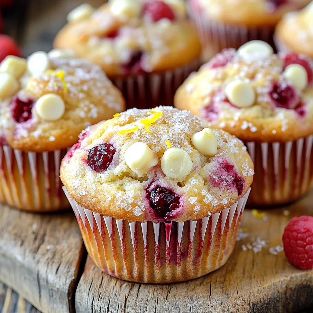 Baking starts with the right ingredients. For bakery-style raspberry white chocolate muffins, gather the following: - 2 cups all-purpose flour - 1 tablespoon baking powder - ½ teaspoon baking soda - ½ teaspoon salt - ¾ cup granulated sugar - ½ cup unsalted butter, melted and cooled - 2 large eggs - 1 teaspoon vanilla extract - ¾ cup buttermilk - 1 cup fresh raspberries (or frozen, thawed and drained) - ½ cup white chocolate chips - Zest of 1 lemon (optional) - Extra sugar for topping These ingredients work together to create moist, fluffy muffins with sweet bursts of raspberry and creamy white chocolate. Each component plays an important role. The flour gives structure, while the baking powder and baking soda make them rise. Sugar adds sweetness and helps with browning. The buttermilk keeps muffins tender and adds flavor. Using fresh raspberries provides a tart contrast to the sweet white chocolate. The lemon zest, if you choose to use it, adds a bright note. Feel free to adjust the sugar for your taste, but remember that the extra sugar on top creates that lovely bakery-style crunch! Preheat your oven to 375°F (190°C). This helps the muffins bake evenly. Line a muffin tin with paper liners or lightly grease it. This will make it easy to remove the muffins later. In a large bowl, mix the dry ingredients. Combine 2 cups of all-purpose flour, 1 tablespoon of baking powder, ½ teaspoon of baking soda, ½ teaspoon of salt, and ¾ cup of granulated sugar. Whisk them together until they blend well. This step is key for a fluffy muffin. In another bowl, blend the wet ingredients. Whisk together ½ cup of melted butter, 2 large eggs, 1 teaspoon of vanilla extract, and ¾ cup of buttermilk. Make sure everything blends smoothly. This mix adds moisture to the muffins. Now, pour the wet mix into the dry mix. Gently fold them together with a spatula. Do not overmix! A few lumps are fine. This keeps the muffins light and airy. Next, add in the fun stuff! Gently fold in 1 cup of fresh raspberries and ½ cup of white chocolate chips. If you like, include the zest of 1 lemon for a bright taste. Ensure they spread evenly in the batter. Fill each muffin cup about ¾ full with the batter. For a tall bakery-style muffin, you can fill them a bit more. Lightly sprinkle extra sugar on top for a nice crunch. Bake for 18-22 minutes. Check if a toothpick comes out clean. Let the muffins cool in the tin for about 5-10 minutes. Then, transfer them to a wire rack to cool completely. Enjoy the sweet aroma while they cool! To make bakery-style muffins, focus on measuring. Use a kitchen scale for the best results. If you don't have one, spoon flour into a cup without packing it down. This way, you avoid too much flour, which makes muffins dense. The batter should be thick but not dry. A few lumps are okay; they help keep muffins soft and tender. Oven temperature matters. I recommend using an oven thermometer. It helps you know if your oven is hot enough. Place the muffin tin in the center of the oven. This spot gets the best heat. If the muffins are too close to the heat source, they may burn. Check your muffins a few minutes early. Every oven is a bit different. To keep your muffins fresh, let them cool completely. Store them in an airtight container at room temperature. If you want to keep them longer, freeze them. Wrap each muffin tightly in plastic wrap and place them in a freezer bag. When you're ready to eat, thaw them at room temperature or warm them in the oven. Enjoy your fresh muffins! {{image_2}} If you need gluten-free muffins, try using almond flour or a gluten-free blend. For dairy-free options, swap the buttermilk with almond milk and use coconut oil instead of butter. To make vegan muffins, replace the eggs with flax eggs and use plant-based yogurt in place of buttermilk. These choices keep the muffins tasty and fluffy! You can play with flavors in many ways. Add nuts like chopped walnuts or pecans for a crunchy bite. Spices like cinnamon or nutmeg add warmth and depth. For a fruity twist, try using blueberries, strawberries, or peaches instead of raspberries. Each fruit gives a unique taste and keeps things exciting! Get creative with muffin toppings! Instead of just sugar, sprinkle on crushed nuts or oats for added crunch. A drizzle of honey or maple syrup adds sweetness. You can also top the muffins with a cream cheese glaze for a rich finish. Try adding lemon zest or fresh herbs for a fresh twist! To keep your muffins fresh, store them in an airtight container. This helps keep moisture in while keeping air out. You can also place a paper towel inside to absorb extra moisture. Store them at room temperature for up to three days. If you want them to last longer, consider refrigerating them. They can stay fresh for about a week in the fridge. Freezing muffins is a great way to save them for later. First, let the muffins cool completely. Wrap each muffin tightly in plastic wrap. Then, place them in a freezer bag or container. Be sure to remove as much air as possible. Muffins can stay frozen for up to three months. When you're ready to eat them, thaw in the fridge overnight or at room temperature for a few hours. To reheat muffins without drying them out, use the oven or microwave. For the oven, preheat to 350°F (175°C). Place the muffins on a baking sheet and cover with foil. Heat for about 10 minutes. For the microwave, wrap a muffin in a damp paper towel. Heat for 10 to 15 seconds. Check if it's warm, and repeat if needed. This keeps your muffins soft and tasty! To keep your muffins moist, avoid overmixing the batter. Overmixing can lead to dry muffins. Use room temperature ingredients like eggs and buttermilk. Always measure flour correctly; too much can dry out the muffins. Adding extra fat, like melted butter, also helps. Lastly, do not bake them too long. Aim for a golden top and a toothpick that comes out with just a few crumbs. Yes, you can use frozen raspberries. Thaw them and drain any extra liquid before adding to the batter. Frozen berries may break apart more, adding color to your muffins. Fresh raspberries are firmer and keep their shape better. Both options taste great, so choose based on what you have. You can make a buttermilk substitute easily. Mix one cup of milk with one tablespoon of vinegar or lemon juice. Let it sit for five minutes to curdle. You can also use plain yogurt or sour cream thinned with a bit of milk. Each option adds a nice tang and moisture to your muffins. To stop muffins from sticking, choose high-quality paper liners. Lightly grease the muffin tin before placing the liners in. You can use a bit of cooking spray or melted butter. This extra step will help your muffins release easily after baking. You now have a complete guide to making delicious raspberry and white chocolate muffins. We covered the key ingredients, step-by-step instructions, and practical tips for baking. Remember, measuring ingredients correctly is key to great muffins. You can also play with flavors and toppings to make these muffins your own. Storing them right keeps them fresh longer. Enjoy your baking adventure, and savor each bite of your tasty creations. Happy baking!