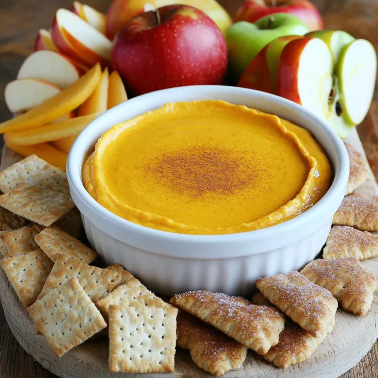 To create this tasty dip, gather these simple items: - 8 oz cream cheese, softened - 1 cup pumpkin puree - 1 cup powdered sugar - 1 teaspoon vanilla extract - 1 tablespoon pumpkin spice mix (or a blend of cinnamon, nutmeg, and ginger) - 1 cup whipped topping Each ingredient plays a key role. The cream cheese gives it a rich base. Pumpkin puree adds that warm, fall flavor. Powdered sugar sweetens it just right. Vanilla extract gives a nice, smooth taste. Pumpkin spice mix brings in the classic aroma of autumn. Finally, whipped topping lightens the dip, making it fluffy and fun. You need some fun dippers to enjoy this dip! Here are my favorites: - Graham crackers - Apple slices - Cinnamon sugar pitas Graham crackers add a sweet crunch. Apple slices give a fresh and crisp bite. Cinnamon sugar pitas bring a unique twist. Each choice pairs well with the creamy dip. Try mixing and matching them for a tasty experience! 1. Beating the cream cheese Start with 8 oz of softened cream cheese. Use an electric mixer to beat it. Mix until it is smooth and creamy. This step is key to a great dip. 2. Mixing ingredients together Next, add 1 cup of pumpkin puree, 1 cup of powdered sugar, 1 teaspoon of vanilla extract, and 1 tablespoon of pumpkin spice mix to the bowl. Mix them well. You want everything to blend into a fluffy mixture. 3. Folding in the whipped topping Gently fold in 1 cup of whipped topping. This makes the dip light and airy. Be careful not to mix too hard. You want to keep that fluffy texture. 1. Chilling time Transfer your dip to a serving bowl. Smooth the top with a spatula. Now, chill it in the fridge for at least 30 minutes. This helps the flavors blend nicely. 2. Serving suggestions Serve the dip with fun dippers. Graham crackers, apple slices, or cinnamon sugar pitas work great. Arrange them around the dip for a pretty fall-themed platter. 3. Garnishing tips For a special touch, sprinkle a little more pumpkin spice on top before serving. It adds a nice look and extra flavor. Enjoy your No-Bake Pumpkin Spice Cheesecake Dip! Sweetness adjustments You may want to tweak the sweetness. If you prefer a sweeter dip, add more powdered sugar. Start with a tablespoon at a time. Mix well and taste. This helps you find the perfect balance. Spice adjustments Pumpkin spice can vary in strength. If you love a stronger spice flavor, add more pumpkin spice mix. A half teaspoon can make a big difference. Mix and taste until it feels just right. Achieving the right fluffiness The goal is to make your dip light and fluffy. Beat the cream cheese well first. Then mix in the pumpkin puree and sugar. Finally, fold in the whipped topping gently. This keeps the dip airy. Avoiding deflation while mixing When folding in the whipped topping, use a spatula. Gently fold rather than stirring. This helps keep the air in the dip. Be careful not to overmix. The dip should remain light and creamy. {{image_2}} If you want to change things up, try different sweeteners. Instead of powdered sugar, use honey or agave syrup for a natural touch. Each sweetener gives the dip a unique taste. You can also switch up the whipped topping. Use a flavored one, like vanilla or caramel, to add a twist. This small change can make each bite feel fresh and exciting. Add some fun by mixing in chocolate chips. They blend well with the pumpkin spice. The sweetness of chocolate pairs nicely with the creaminess of the dip. Another idea is to sprinkle on nut toppings. Chopped pecans or walnuts add a nice crunch. This texture contrast makes the dip even more enjoyable. Plus, it brings in a festive feel that suits the season perfectly. This dip stays fresh in the fridge for about five days. Store it in an airtight container. Make sure to keep it covered to prevent it from absorbing other food smells. The longer it sits, the more the flavors meld together, which can make it even tastier! You can freeze this dip, but it changes the texture. To freeze it, place the dip in a freezer-safe container. Leave some space at the top because it will expand when frozen. When ready to eat, thaw it in the fridge overnight. Stir it well before serving to make it creamy again. Yes, you can make this dip ahead of time. I recommend preparing it the day before. This gives the flavors time to meld and improves the taste. Simply cover it and store it in the fridge. It stays fresh for up to three days. Just remember to give it a good stir before you serve it. You can easily make your own pumpkin spice mix. Use a blend of cinnamon, nutmeg, and ginger. Just mix one teaspoon of cinnamon, one-quarter teaspoon of nutmeg, and one-quarter teaspoon of ginger. This gives you a nice flavor, just like the store-bought mix. Feel free to adjust the spices to suit your taste. Yes, there is a vegan option for this dip. You can use vegan cream cheese instead of regular cream cheese. Also, choose a plant-based whipped topping. Make sure your powdered sugar is vegan too. This way, you can enjoy a tasty dip that fits your diet. This blog post covered how to make a delicious pumpkin dip. We explored the key ingredients, like cream cheese and pumpkin puree. We shared step-by-step instructions for prep and chilling. You learned tips to adjust flavors and perfect the dip’s texture. Variations help keep it exciting, while storage info ensures freshness. Enjoy this tasty dip with your favorite dippers. Get creative and make it your own!