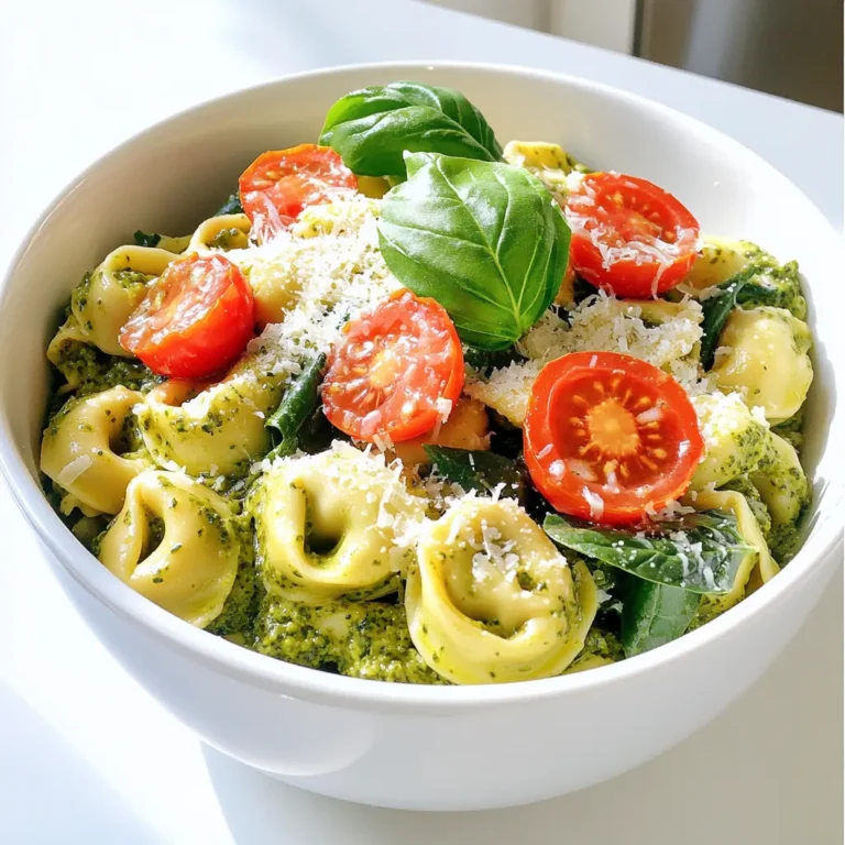 - 12 ounces cheese tortellini (fresh or frozen) - 1 cup cherry tomatoes, halved - 2 cups baby spinach - 1 cup heavy cream - ½ cup pesto (store-bought or homemade) - 1 cup vegetable broth - 1 tablespoon olive oil - 2 cloves garlic, minced - ½ teaspoon salt - ¼ teaspoon black pepper - Grated Parmesan cheese for serving - Fresh basil leaves for garnish To make One Pot Creamy Pesto Tortellini, you need simple ingredients. Start with cheese tortellini, which can be fresh or frozen. I love using cherry tomatoes for their sweet burst. Baby spinach adds color and nutrition. Heavy cream gives the dish its creamy texture, while pesto adds a rich flavor. Vegetable broth forms the base of the sauce. Olive oil and garlic create a savory aroma when sautéed. Don't forget salt and black pepper for seasoning. Grated Parmesan cheese enhances the taste when served. Lastly, fresh basil leaves add a lovely touch. Each ingredient plays a key role in making this dish delicious and satisfying. 1. Start by heating 1 tablespoon of olive oil in a large pot over medium heat. 2. Once the oil is hot, add 2 minced garlic cloves. Sauté for about 1 minute until it smells good. 3. Pour in 1 cup of vegetable broth and 1 cup of heavy cream. Stir well to mix everything. 4. Bring the mixture to a gentle simmer. This helps build the base's flavor. 5. Add 12 ounces of cheese tortellini and 1 cup of halved cherry tomatoes. Season with ½ teaspoon of salt and ¼ teaspoon of black pepper. 6. Cook for about 5-7 minutes. Stir occasionally until the tortellini is cooked and tender. 7. Slowly stir in ½ cup of pesto and 2 cups of baby spinach. Mix until the spinach has wilted. 8. The tortellini should now be well coated in the creamy sauce. 9. Remove the pot from heat. Serve warm and top with grated Parmesan cheese and fresh basil leaves for a bright finish. - Choosing the right tortellini: Use cheese tortellini for a rich flavor. Fresh tortellini cooks faster, while frozen can save time. Both options work well in this dish. - Adjusting the creaminess: Want it creamier? Add more heavy cream. For a lighter touch, reduce the cream and increase the broth. This change still keeps it tasty. - Enhancing flavors with spices: Add garlic powder or red pepper flakes for a kick. Fresh herbs like thyme or oregano can brighten the dish. Experiment with spices to find your favorite mix. - Using store-bought pesto: Store-bought pesto cuts down prep time. It still offers great flavor without the fuss. Just pour it in at the end for a quick finish. - Meal prep tips for busy weeknights: Cook extra tortellini on the weekend. Store them in the fridge for quick meals. You can also chop veggies in advance to save time later. {{image_2}} You can change the veggies to make this dish your own. Try adding bell peppers, zucchini, or broccoli. Each adds a fresh twist and more color to your plate. You can also use different types of pasta. For a gluten-free option, swap cheese tortellini for gluten-free pasta. Look for brands that offer a good texture and flavor. This way, everyone can enjoy this tasty meal. To boost protein, consider adding chicken or shrimp. Just cook the meat in the pot before adding the broth and cream. This will give your dish a hearty feel. For more flavor, you can also try different types of pesto. Basil is classic, but sun-dried tomato or spinach pesto can add a unique touch. Mix and match these ideas to create your perfect One Pot Creamy Pesto Tortellini! To keep your One Pot Creamy Pesto Tortellini fresh, store it in an airtight container. Make sure to let it cool to room temperature first. Place it in the fridge, where it will stay good for about three to four days. If you want to keep it longer, consider freezing it. It can last up to three months in the freezer. Just remember to label the container with the date! When it's time to enjoy your leftovers, you can reheat them easily. For the microwave, place the tortellini in a bowl. Add a splash of water or cream to keep it moist. Heat in short bursts, stirring in between until hot. On the stovetop, add the leftover tortellini to a pot. Use low heat and stir often. You can add a little cream or broth to help it heat evenly. Enjoy your meal just like the first time! Can I use dried tortellini? Yes, you can use dried tortellini instead of fresh or frozen. Just remember to check the cooking time on the package. Dried tortellini usually takes longer to cook. You may need to add more vegetable broth to keep it creamy. Is this recipe vegetarian? Yes, this recipe is vegetarian. It uses cheese tortellini, fresh spinach, and vegetable broth. Make sure your pesto does not contain any meat-based ingredients to keep it vegetarian. How can I make this dish dairy-free? To make this dish dairy-free, swap heavy cream for a non-dairy milk, like almond or coconut. Also, look for dairy-free tortellini and omit the Parmesan cheese. You can use nutritional yeast for a cheesy flavor. This blog post explored a tasty One Pot Creamy Pesto Tortellini dish. You learned about essential ingredients, from the cheese tortellini to fresh basil. I shared simple steps to make it and tips to perfect your meal. You can switch ingredients for more variety or save time with meal prep. Remember to store any leftovers properly and follow reheating tips. This dish is easy to customize and fun to make. Enjoy your cooking adventure with these tips in mind!