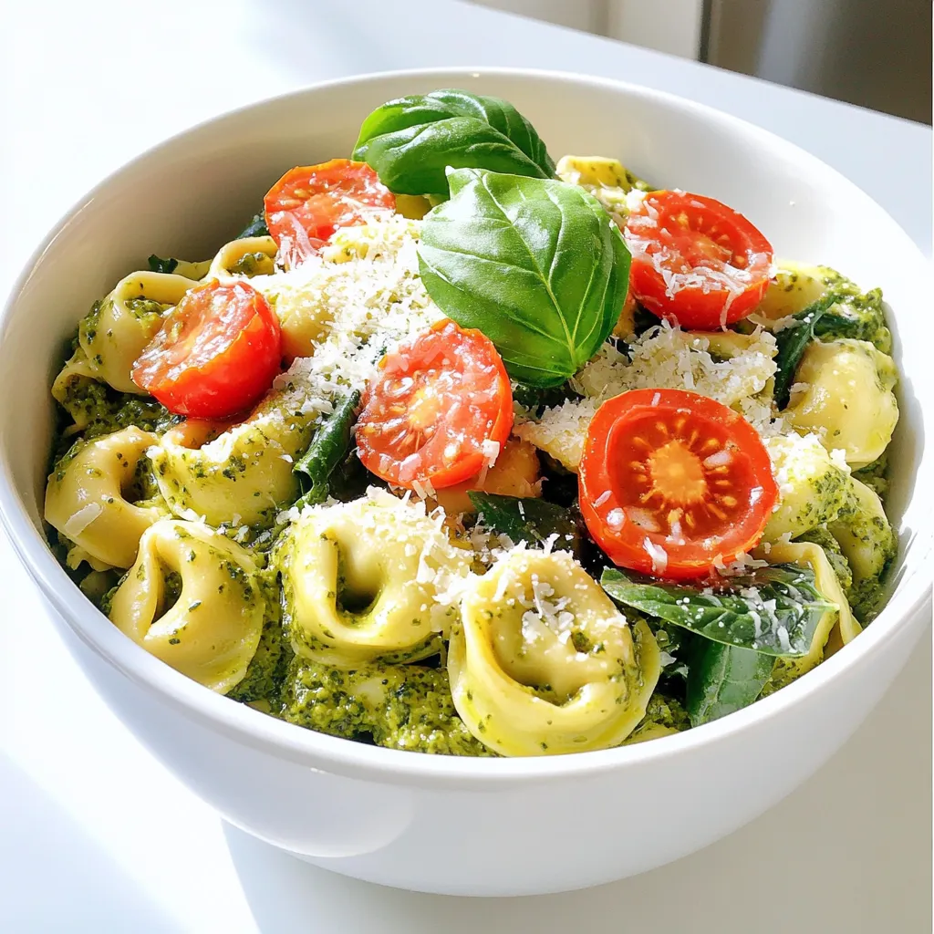 - 12 ounces cheese tortellini (fresh or frozen) - 1 cup cherry tomatoes, halved - 2 cups baby spinach - 1 cup heavy cream - ½ cup pesto (store-bought or homemade) - 1 cup vegetable broth - 1 tablespoon olive oil - 2 cloves garlic, minced - ½ teaspoon salt - ¼ teaspoon black pepper - Grated Parmesan cheese for serving - Fresh basil leaves for garnish To make One Pot Creamy Pesto Tortellini, you need simple ingredients. Start with cheese tortellini, which can be fresh or frozen. I love using cherry tomatoes for their sweet burst. Baby spinach adds color and nutrition. Heavy cream gives the dish its creamy texture, while pesto adds a rich flavor. Vegetable broth forms the base of the sauce. Olive oil and garlic create a savory aroma when sautéed. Don't forget salt and black pepper for seasoning. Grated Parmesan cheese enhances the taste when served. Lastly, fresh basil leaves add a lovely touch. Each ingredient plays a key role in making this dish delicious and satisfying. 1. Start by heating 1 tablespoon of olive oil in a large pot over medium heat. 2. Once the oil is hot, add 2 minced garlic cloves. Sauté for about 1 minute until it smells good. 3. Pour in 1 cup of vegetable broth and 1 cup of heavy cream. Stir well to mix everything. 4. Bring the mixture to a gentle simmer. This helps build the base's flavor. 5. Add 12 ounces of cheese tortellini and 1 cup of halved cherry tomatoes. Season with ½ teaspoon of salt and ¼ teaspoon of black pepper. 6. Cook for about 5-7 minutes. Stir occasionally until the tortellini is cooked and tender. 7. Slowly stir in ½ cup of pesto and 2 cups of baby spinach. Mix until the spinach has wilted. 8. The tortellini should now be well coated in the creamy sauce. 9. Remove the pot from heat. Serve warm and top with grated Parmesan cheese and fresh basil leaves for a bright finish. - Choosing the right tortellini: Use cheese tortellini for a rich flavor. Fresh tortellini cooks faster, while frozen can save time. Both options work well in this dish. - Adjusting the creaminess: Want it creamier? Add more heavy cream. For a lighter touch, reduce the cream and increase the broth. This change still keeps it tasty. - Enhancing flavors with spices: Add garlic powder or red pepper flakes for a kick. Fresh herbs like thyme or oregano can brighten the dish. Experiment with spices to find your favorite mix. - Using store-bought pesto: Store-bought pesto cuts down prep time. It still offers great flavor without the fuss. Just pour it in at the end for a quick finish. - Meal prep tips for busy weeknights: Cook extra tortellini on the weekend. Store them in the fridge for quick meals. You can also chop veggies in advance to save time later. {{image_2}} You can change the veggies to make this dish your own. Try adding bell peppers, zucchini, or broccoli. Each adds a fresh twist and more color to your plate. You can also use different types of pasta. For a gluten-free option, swap cheese tortellini for gluten-free pasta. Look for brands that offer a good texture and flavor. This way, everyone can enjoy this tasty meal. To boost protein, consider adding chicken or shrimp. Just cook the meat in the pot before adding the broth and cream. This will give your dish a hearty feel. For more flavor, you can also try different types of pesto. Basil is classic, but sun-dried tomato or spinach pesto can add a unique touch. Mix and match these ideas to create your perfect One Pot Creamy Pesto Tortellini! To keep your One Pot Creamy Pesto Tortellini fresh, store it in an airtight container. Make sure to let it cool to room temperature first. Place it in the fridge, where it will stay good for about three to four days. If you want to keep it longer, consider freezing it. It can last up to three months in the freezer. Just remember to label the container with the date! When it's time to enjoy your leftovers, you can reheat them easily. For the microwave, place the tortellini in a bowl. Add a splash of water or cream to keep it moist. Heat in short bursts, stirring in between until hot. On the stovetop, add the leftover tortellini to a pot. Use low heat and stir often. You can add a little cream or broth to help it heat evenly. Enjoy your meal just like the first time! Can I use dried tortellini? Yes, you can use dried tortellini instead of fresh or frozen. Just remember to check the cooking time on the package. Dried tortellini usually takes longer to cook. You may need to add more vegetable broth to keep it creamy. Is this recipe vegetarian? Yes, this recipe is vegetarian. It uses cheese tortellini, fresh spinach, and vegetable broth. Make sure your pesto does not contain any meat-based ingredients to keep it vegetarian. How can I make this dish dairy-free? To make this dish dairy-free, swap heavy cream for a non-dairy milk, like almond or coconut. Also, look for dairy-free tortellini and omit the Parmesan cheese. You can use nutritional yeast for a cheesy flavor. This blog post explored a tasty One Pot Creamy Pesto Tortellini dish. You learned about essential ingredients, from the cheese tortellini to fresh basil. I shared simple steps to make it and tips to perfect your meal. You can switch ingredients for more variety or save time with meal prep. Remember to store any leftovers properly and follow reheating tips. This dish is easy to customize and fun to make. Enjoy your cooking adventure with these tips in mind!