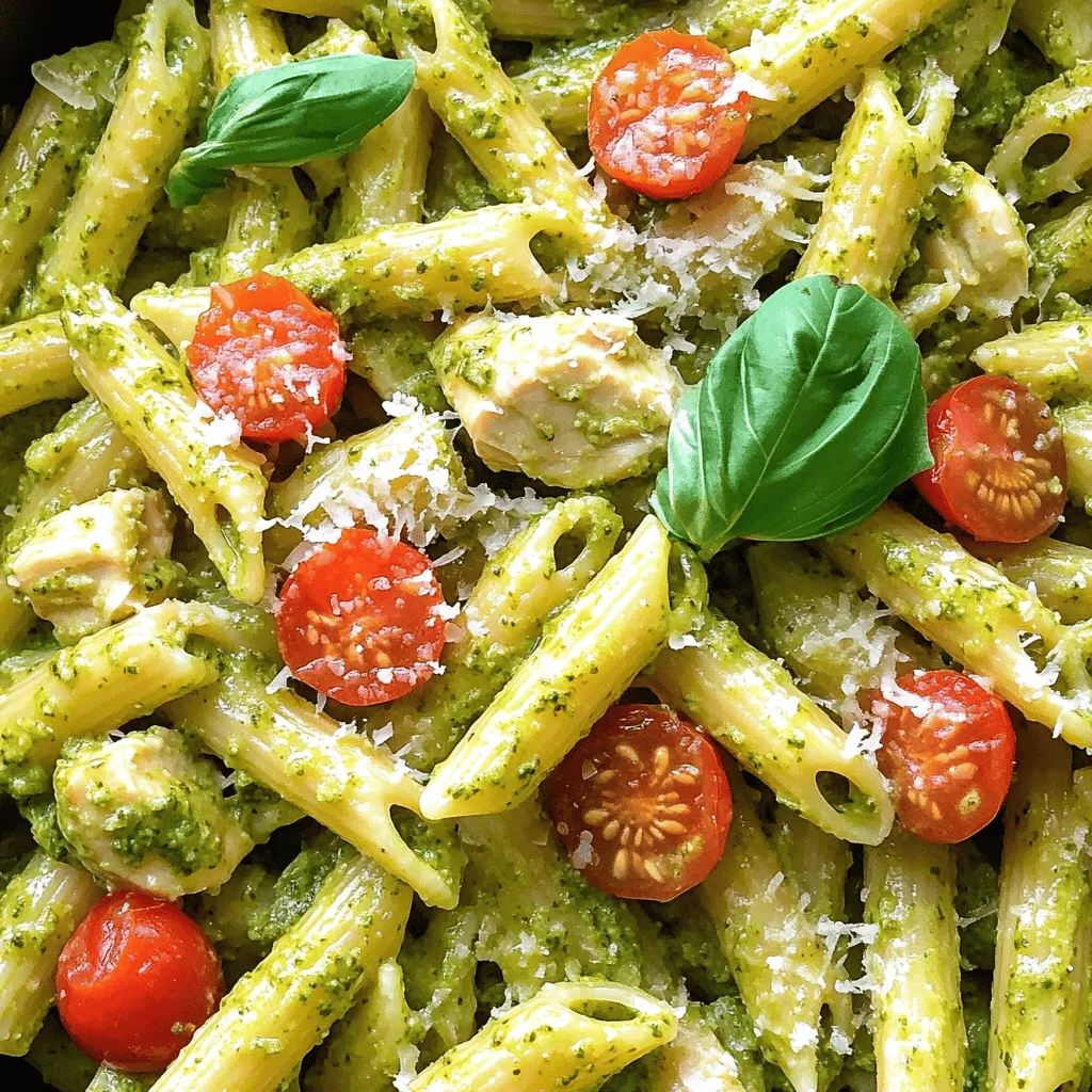 For this dish, you need fresh and simple ingredients. Here’s what you'll need: - 2 tablespoons olive oil - 1 pound boneless, skinless chicken breast, diced - 3 cloves garlic, minced - 1 cup cherry tomatoes, halved - 1 cup chicken broth - 1 cup heavy cream - 1 cup basil pesto - 12 ounces pasta (penne or fusilli) - Salt and pepper to taste - Fresh basil leaves, for garnish - Grated Parmesan cheese, for serving These ingredients come together to create a creamy and flavorful pasta dish. The chicken adds protein, while the basil pesto gives it a rich taste. The tomatoes add a pop of color and freshness. You don’t need fancy gear for this recipe. A few basic tools will work great: - Large pot or Dutch oven - Wooden spoon or spatula - Measuring cups and spoons - Knife and cutting board These tools help you cook everything in one pot, making clean-up easy. A large pot allows the pasta and sauce to mix perfectly. Seasoning is key to enhancing the flavors. Here are my top picks: - Salt - Black pepper - Fresh basil leaves - Grated Parmesan cheese Salt and pepper bring out the taste of the chicken and pasta. Fresh basil leaves add a lovely touch at the end. The grated Parmesan adds a creamy finish. Using these ingredients and equipment will help you make a delicious One-Pot Creamy Pesto Chicken Pasta. Enjoy the simple steps and the delightful taste! Start by heating 2 tablespoons of olive oil in a large pot over medium heat. Add 1 pound of diced chicken breast. Season it with salt and pepper. Cook the chicken for about 5 to 7 minutes. You want it to be browned and cooked all the way through. Once it looks good, add 3 cloves of minced garlic and sauté for 1 minute. This step adds a nice flavor. Next, stir in 1 cup of cherry tomatoes that you have halved. Cook this mix for 2 to 3 minutes. You want the tomatoes to soften a bit. After that, pour in 1 cup of chicken broth and let it simmer. Then, add 1 cup of heavy cream and 1 cup of basil pesto. Stir well until everything blends nicely. Now, it is time to add the pasta. Use 12 ounces of penne or fusilli. Make sure the pasta is submerged in the sauce. Cover the pot and cook on medium heat for about 12 to 15 minutes. Stir it occasionally. You want the pasta to be al dente and soak up most of the liquid. Once done, take it off the heat. Let it sit for a few minutes to thicken. Adjust the seasoning with salt and pepper if needed. Serve warm, garnished with fresh basil leaves and grated Parmesan cheese. Enjoy your creamy pesto chicken pasta! To make a rich and creamy sauce, start with heavy cream. This gives the dish a smooth texture. When you add the basil pesto, make sure to mix it well. This ensures every bite is packed with flavor. If you want a bit of tang, add a squeeze of lemon juice. It brightens the dish and balances the creaminess. Use a large pot for this recipe. It makes cooking and mixing easier. Dice the chicken into small, even pieces. This helps it cook faster. You can prep the garlic and tomatoes while the chicken cooks. This way, you save time and avoid extra dishes. If you want to save even more time, you can use pre-cooked chicken. Just add it in when you mix in the broth. You can swap out chicken for shrimp or tofu. Both options work well with the creamy sauce. If you don’t have heavy cream, use half-and-half or milk. Just remember, it may not be as thick. For pasta, penne and fusilli are great, but you can use any shape you like. Finally, if you need a dairy-free option, choose a dairy-free cream substitute. This keeps the dish creamy without the dairy. {{image_2}} You can easily boost the nutrition of your One-Pot Creamy Pesto Chicken Pasta by adding vegetables. Consider using spinach, broccoli, or zucchini. These veggies add color, taste, and health benefits. You can add spinach at the end of cooking. It wilts down quickly. For broccoli or zucchini, add them with the chicken. This way, they cook through and absorb all the flavors. Want to switch up the protein? You have options! Try shrimp, tofu, or turkey if you prefer. Shrimp cooks fast and adds a nice seafood touch. Tofu makes this dish plant-based, perfect for vegetarians. Just make sure to sauté it well. Turkey works great too and keeps it lean. Adjust the cooking times as needed for each protein type. Choosing the right pasta can change the dish. While penne or fusilli works best, you can try others. Bowtie, spaghetti, or even whole wheat pasta will work. Just remember to adjust the cooking time according to the pasta you select. Whole wheat pasta offers more fiber. You can also use gluten-free pasta for a different texture. Each option gives a unique twist to your creamy dish! To store leftovers, let the pasta cool completely. Then, transfer it to an airtight container. Make sure to seal it well. You can keep it in the fridge for up to three days. If you want to save it longer, consider freezing it. For reheating, you can use the microwave or the stovetop. If using the microwave, place the pasta in a bowl. Add a splash of water to keep it moist. Heat it for about one to two minutes, stirring halfway. On the stovetop, warm it in a pan over low heat. Stir often to avoid sticking. This helps bring back the creamy texture. To freeze the dish, pack the cooled pasta into freezer-safe bags or containers. Remove as much air as possible. It can last for up to three months in the freezer. When ready to eat, thaw it overnight in the fridge. Then, reheat as mentioned above. This method keeps the flavors intact while making meal prep easy. Yes, you can use store-bought pesto. It saves time and adds flavor. Just choose one without fillers. Look for fresh varieties in the fridge section. You can find many great brands that taste wonderful and make cooking easier. Absolutely! You can use gluten-free pasta. There are many brands that offer great taste and texture. Just check the cooking time, as it may differ from regular pasta. This way, everyone can enjoy this creamy dish. To spice it up, add red pepper flakes. Start with a pinch and taste. You can also add diced jalapeños for heat. If you prefer, mix in a hot sauce of your choice. This will give your pasta a fun kick! This blog covers the essential steps to make a one-pot creamy pesto chicken pasta. We discussed key ingredients, cooking equipment, and how to perfect the creamy sauce. I also shared tips on time-saving techniques and ingredient swaps. You can add veggies or try different proteins for variety. Remember to store leftovers properly and reheat them for best taste. Enjoy this simple yet delicious meal that's quick and satisfying!