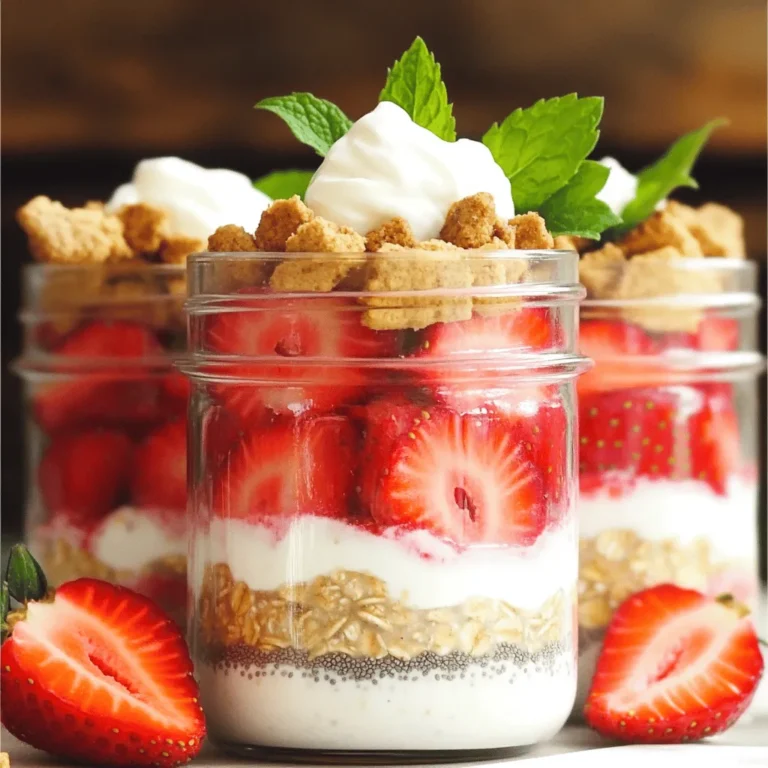 For strawberry shortcake overnight oats, gather these items: - 1 cup rolled oats - 2 cups almond milk (or any milk of choice) - 1 tablespoon chia seeds - 1 tablespoon maple syrup (or honey) - 1 teaspoon vanilla extract - 1 cup strawberries, hulled and sliced - 1/2 cup Greek yogurt (or dairy-free alternative) - 1/4 cup crushed graham crackers - Fresh mint leaves for garnish (optional) You can easily swap out some ingredients to fit your needs. For a nut-free option, choose oat milk or soy milk instead of almond milk. If you need a vegan recipe, use dairy-free yogurt and maple syrup instead of honey. For gluten-free oats, check that your rolled oats are labeled gluten-free. You can also skip the graham crackers or use gluten-free ones. Each ingredient in this recipe adds health benefits: - Rolled oats: High in fiber, they help keep you full longer. - Chia seeds: These tiny seeds pack a protein punch and add omega-3 fatty acids. - Strawberries: Loaded with vitamins, they boost your immune system and brighten your day. - Greek yogurt: It offers protein and probiotics for gut health. - Maple syrup: A natural sweetener that gives a hint of flavor without refined sugars. Using high-quality ingredients makes your overnight oats not just tasty, but also nutritious. Enjoy the blend of flavors and health benefits in every bite! Start by gathering your ingredients. In a large bowl, mix 1 cup of rolled oats, 2 cups of almond milk, and 1 tablespoon each of chia seeds and maple syrup. Add 1 teaspoon of vanilla extract for flavor. Stir until everything is well combined. The oats need to be fully covered in liquid. Next, gently fold in 1 cup of hulled and sliced strawberries. Save a few strawberries for later. This mixture will be creamy and fruity. Now it's time to fill the jars. Take two jars or containers with lids. Spoon the oat mixture into each jar, filling them about three-quarters full. This allows room for toppings. On top of the oats, add a scoop of Greek yogurt, around 1/4 cup per jar. Then sprinkle crushed graham crackers on top. This gives a nice crunch, just like shortcake. Seal the jars tightly and place them in the fridge. Let them sit for at least 4 hours or overnight. This time helps the oats soak up the flavors. When you are ready to eat, stir the oats well. Top each jar with the reserved strawberries and a few fresh mint leaves for a pop of color. Enjoy your delicious strawberry shortcake overnight oats! To make your oats creamy, use rolled oats. They soak up liquid well. Mix oats with almond milk, chia seeds, maple syrup, and vanilla. Stir until the oats are covered. Let them sit overnight. This helps them soften and thicken. If you want a thicker mix, add more chia seeds or yogurt. For a creamier texture, use full-fat yogurt. You can change the fruits based on your taste. Try blueberries, raspberries, or bananas. If you like it sweeter, add more maple syrup or honey. You can also use agave syrup. If you want a new twist, try adding spices like cinnamon or nutmeg. These add flavor without extra sugar. Serve your oats in clear jars. This shows off the layers of oats, yogurt, and fruit. Add a few extra strawberries on top for color. A drizzle of honey makes it look nice and adds flavor. Sprinkle crushed graham crackers on top for crunch. A few mint leaves add a fresh touch and make it pretty. {{image_2}} You can mix things up with different fruits. Blueberries add a burst of flavor. Just swap the strawberries for fresh blueberries. Bananas work well too. Slice them up and fold them in. Each fruit brings a new taste to your oatmeal. If you're vegan, it’s easy to adapt this recipe. Use almond milk or any plant-based milk. Replace Greek yogurt with coconut yogurt. Maple syrup is already vegan, so no changes needed there. This way, you still get a creamy texture without dairy. Seasonal fruits can change your overnight oats game. In summer, try peaches or raspberries. In fall, consider apples or pears. Each season offers unique flavors. Use what’s fresh for the best taste and nutrition. Mixing in seasonal fruits keeps your oats fun and interesting! To keep your strawberry shortcake overnight oats fresh, store them in airtight jars. This helps maintain flavor and texture. Always place the jars in the fridge right after you prepare them. Keep the oats away from strong-smelling foods, as they can absorb odors. If you plan to eat the oats later, add toppings like yogurt and graham crackers just before serving. These delicious oats will last up to five days in the fridge. The oats soak up the liquid, adding flavor over time. However, the strawberries may lose some crunch after a couple of days. It's best to eat them within three days for the best taste and texture. You can freeze these overnight oats if you want to store them longer. Use freezer-safe jars and leave some space at the top. The oats can last for about three months in the freezer. To enjoy them, thaw in the fridge overnight before serving. Add fresh toppings after thawing to keep everything tasty and appealing. Yes, you can use quick oats. They will absorb liquid faster. This change will make your overnight oats softer. If you prefer more texture, stick with rolled oats. They hold their shape and give a nice bite. Quick oats may lead to a creamier finish. You can replace Greek yogurt with dairy-free yogurt. Look for coconut or almond yogurt. These options work great for a creamy texture. If you want to avoid dairy, use silken tofu blended until smooth. This will give you a similar creaminess. To make the recipe nut-free, swap almond milk for oat or soy milk. Both are great choices and have good flavor. Ensure any yogurt you use is also nut-free. Check labels to avoid any hidden nut products. This way, you can enjoy your oats safely! In this post, we explored ingredients and steps to create delicious overnight oats. We listed key ingredients, their benefits, and how to customize flavors. You now know the best practices for prepping and storing your oats. Remember to try different fruits and toppings for variety. Whether you prefer oats with yogurt or a nut-free option, you can easily adjust the recipe. Enjoy making your breakfast fun and healthy with these tips!
