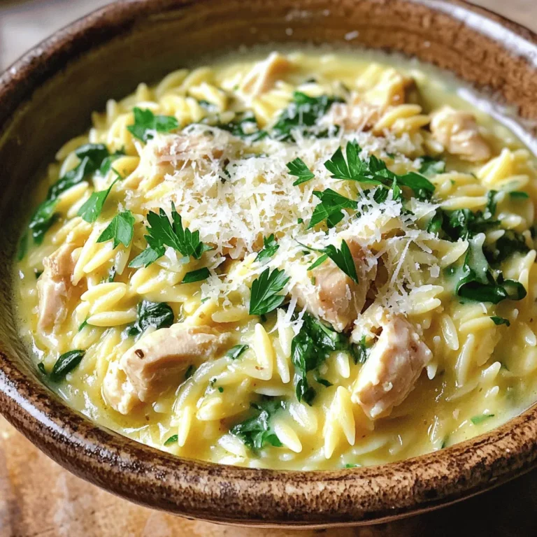 - 1 cup orzo pasta - 2 chicken breasts, diced - 2 tablespoons olive oil - 4 cloves garlic, minced - 1 cup chicken broth - 1 cup heavy cream - 1 cup spinach, chopped - 1 lemon, zested and juiced - 1/2 cup grated Parmesan cheese - Salt and pepper to taste - Fresh parsley, chopped (for garnish) To make this dish, start with one cup of orzo pasta. You will need two diced chicken breasts. Use two tablespoons of olive oil to cook the chicken. For flavor, you need four cloves of minced garlic. Add one cup of chicken broth for moisture. For creaminess, use one cup of heavy cream. One cup of chopped spinach adds color and taste. Add zest and juice from one lemon for brightness. Finally, mix in half a cup of grated Parmesan cheese. Season with salt and pepper to your liking. Use fresh parsley as a garnish before serving. You can swap orzo pasta with another small pasta like ditalini or couscous. If you prefer, use turkey or tofu instead of chicken. For a lighter option, switch heavy cream with half-and-half or coconut cream. You can replace spinach with kale or arugula for a new twist. If you don't have Parmesan cheese, try pecorino or nutritional yeast for a vegan option. To start, bring a large pot of salted water to a boil. Add 1 cup of orzo pasta to the pot. Cook the orzo according to the package directions until it is al dente. This usually takes about 8-10 minutes. Once done, drain the orzo and set it aside. It’s great to keep it separate so it doesn’t stick together. In the same pot, heat 2 tablespoons of olive oil over medium heat. Add 2 diced chicken breasts to the pot. Season with salt and pepper to taste. Cook the chicken for about 5-7 minutes. Stir it often until it turns golden brown and is fully cooked. Once ready, remove the chicken from the pot and set it aside. This step adds flavor to your dish. Next, add 4 minced garlic cloves to the pot. Sauté the garlic for about 1 minute until you smell its lovely aroma. Pour in 1 cup of chicken broth and bring it to a simmer. Lower the heat and stir in 1 cup of heavy cream. Add the zest and juice of 1 lemon to the mix. Let this cook for 2-3 minutes. Now, add the cooked orzo, chicken, and 1 cup of chopped spinach to the pot. Mix everything well until the spinach wilts and the sauce coats the pasta. Finally, stir in 1/2 cup of grated Parmesan cheese. Adjust the seasoning with salt and pepper as needed. Cook for an extra 2-3 minutes until heated through. Enjoy your creamy lemon garlic orzo with chicken! To enhance the taste, always use fresh garlic. It gives a bright kick. Zest the lemon before juicing it. The zest adds a lovely aroma. Feel free to add more lemon juice if you like it tangy. Season the chicken well with salt and pepper. This simple step makes a big difference. You can also add fresh herbs like thyme or basil for extra flavor. The secret to creaminess lies in the heavy cream and cheese. Use full-fat heavy cream for the best texture. Stir the cream slowly into the pot to mix well. Add the Parmesan cheese at the end. It melts perfectly, creating a rich sauce. If you want it even creamier, add a little more cream. To save time, prep your ingredients before you start cooking. Chop the chicken and garlic in advance. Use pre-cooked chicken to cut down on cooking time. You can also cook the orzo while prepping the sauce. This way, everything comes together quickly. If you're in a real hurry, consider using frozen spinach. It cooks fast and is still tasty. {{image_2}} You can easily make this dish meat-free. Swap the chicken for chickpeas. They add protein and texture. You can also use mushrooms for a rich flavor. Sauté them with garlic for extra taste. The creamy sauce still shines with these swaps. Feel free to add fresh, seasonal veggies. Asparagus and peas work great in spring. In summer, try zucchini or bell peppers. Just toss them in with the spinach. This keeps the dish colorful and healthy. Want a kick? Add red pepper flakes to the sauce. Start with a pinch and taste as you go. You can also stir in diced jalapeños. They add heat and fun to the dish. Enjoy the zesty twist while keeping the creamy goodness. To keep your creamy lemon garlic orzo with chicken fresh, let it cool first. Use an airtight container for storage. This helps prevent moisture loss and keeps flavors intact. Store it in the fridge if you plan to eat it within three days. For longer storage, freezing is a great option. When you're ready to enjoy leftovers, reheat gently. Place the orzo in a pot over low heat. Add a splash of chicken broth or water to help it warm up. Stir often to prevent sticking. You can also use the microwave. Heat in short bursts, stirring in between. If you want to freeze the orzo, do it within two days of cooking. Portion it into smaller containers for easy meals later. Make sure to leave some space at the top of the container. This allows for expansion as it freezes. To enjoy, thaw in the fridge overnight before reheating. Yes, you can use different pasta. Penne or fusilli work well. Just adjust the cooking time. Follow the package directions for timing. Remember, orzo has a unique shape and texture. It holds sauce nicely, so other shapes may change the dish's feel. But don't worry! You will still enjoy great flavors. You can use half-and-half or whole milk. For a lighter option, try Greek yogurt. Cream cheese is another good choice, but mix it with milk for smoothness. Each choice may slightly change the dish’s creaminess. Experiment to find what you love best! To make this dish gluten-free, use gluten-free orzo. Many brands offer great options. Check the package for cooking times, as they may differ. Ensure all other ingredients are gluten-free too. This way, you can enjoy creamy lemon garlic orzo without worry! This blog post shared easy steps to make a tasty dish using orzo and chicken. We covered ingredients, how to cook them, and fun variations. You can easily swap ingredients based on what you have. Remember, you can store leftovers safely and enjoy them later. With these tips, you’ll impress everyone with your cooking skills. Try making this dish and adapt it to your taste! Happy cooking!