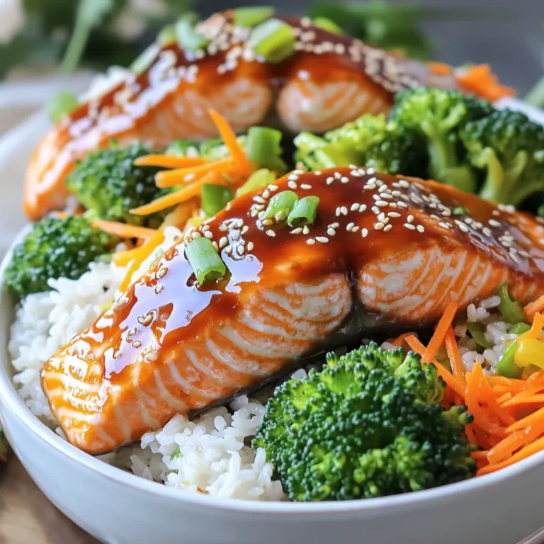 - 2 salmon fillets (about 5 oz each) - 1 cup jasmine rice - 1/4 cup low-sodium soy sauce - 2 tablespoons honey - 1 tablespoon rice vinegar - 1 tablespoon sesame oil - 1 teaspoon grated ginger - 1 teaspoon minced garlic - 1/2 cup broccoli florets - 1/4 cup shredded carrots - 1 green onion, sliced - Sesame seeds for garnish - You can use chicken or tofu instead of salmon. - Brown rice or quinoa works well if you prefer different grains. - For vegan options, swap honey with maple syrup. These ingredients make a simple and tasty meal. The salmon gives a rich flavor, while the rice adds a nice base. The veggies bring in color and crunch. Feel free to mix and match based on what you have at home. Whether you stick to the original or try new things, this dish will be fun to make and eat! - Rinsing the rice: Start by rinsing 1 cup of jasmine rice under cold water. This helps remove excess starch. Keep rinsing until the water runs clear. - Cooking instructions: In a medium saucepan, bring 2 cups of water to a boil. Add the rinsed rice and a pinch of salt. Cover the pan and reduce the heat to low. Cook for 15 minutes or until the water is absorbed. Let it sit covered for 5 minutes after cooking. - Mixing the sauce ingredients: In a small bowl, whisk together 1/4 cup of low-sodium soy sauce, 2 tablespoons of honey, 1 tablespoon of rice vinegar, 1 tablespoon of sesame oil, 1 teaspoon of grated ginger, and 1 teaspoon of minced garlic. Mix well until all ingredients are combined. - Cooking techniques: You will use this sauce later to glaze the salmon. It adds a sweet and savory flavor. - Salmon cooking method: Heat a non-stick skillet over medium-high heat. Add a drizzle of oil if needed. Place 2 salmon fillets skin-side down in the skillet. Cook for 5 minutes on one side, then flip them over. - Adding vegetables and timing: Pour the teriyaki sauce over the salmon. Cook for an additional 3-4 minutes. Baste the salmon with the sauce for even cooking. In the same skillet, add 1/2 cup of broccoli florets and 1/4 cup of shredded carrots. Cook for 2-3 minutes until tender. How do you know when salmon is done? Salmon is done when it flakes easily with a fork. The color should change from bright pink to light pink. Aim for an internal temperature of 145°F. You can use a meat thermometer to check this. What about skin-on vs. skinless salmon? Skin-on salmon adds flavor and keeps the fish moist. Cook skin-side down for a crispy texture. Skinless salmon cooks faster, so watch it closely to avoid overcooking. How do you fluff the rice? After cooking, let the rice sit covered for 5 minutes. Then, use a fork to gently fluff it. This helps separate the grains and keeps it light. What about cooking rice variations? You can use brown rice or quinoa for a different texture. Adjust cooking times and water amounts as needed. Brown rice usually takes about 40-45 minutes to cook. What are some additional garnishes? Sliced green onions and sesame seeds add crunch and flavor. You can also try adding avocado or chopped cilantro for freshness. How can you incorporate more vegetables? Add bell peppers, snap peas, or bok choy for extra color and crunch. Stir-fry them along with the broccoli and carrots for a quick cook. This boosts nutrition and makes your bowl more colorful. {{image_2}} You can mix things up by using different proteins. - Chicken teriyaki bowls: Swap salmon for chicken. Use chicken breast or thigh. Cook it the same way, just check for doneness. - Tofu teriyaki bowls: For a vegetarian twist, try tofu. Use firm tofu and press it to remove moisture. Cut it into cubes and follow the salmon cooking steps. Veggies add color and nutrition. You can change them based on the season. - Stir-frying different vegetables: Try bell peppers, snap peas, or zucchini. Just chop them up and stir-fry them with the salmon. - Using frozen vegetables for convenience: Frozen veggies work great too! They save time and have good nutrients. Just toss them in with the salmon for a quick cook. You can tweak the teriyaki sauce to fit your taste. - Spicy variations: Want some heat? Add red pepper flakes or sriracha. Mix it into the sauce for a spicy kick. - Addition of citrus flavors: For a fresh twist, squeeze in some lime or orange juice. This brightens up the flavors and makes it zing. You can store your teriyaki salmon rice bowls easily. First, let them cool. Place the salmon, rice, and veggies in an airtight container. Store it in the fridge. It stays fresh for up to three days. For freezing, use freezer-safe containers. Keep the rice and salmon separate. This helps maintain their texture. You can freeze leftovers for up to a month. When reheating, use the microwave for speed. Place the bowl in the microwave and cover it with a damp paper towel. This keeps moisture in. Heat for one to two minutes. Check to make sure it's warm all the way through. You can also reheat on the stove. Add a splash of water to a skillet. Heat on low, stirring gently. This helps keep the salmon and veggies tender. Enjoy your meal just as it was made! Can I make teriyaki salmon rice bowls in advance? Yes, you can make teriyaki salmon rice bowls in advance. Prepare the rice and salmon separately, then store them in airtight containers. When ready to eat, just reheat and combine. What can I substitute for jasmine rice? You can substitute jasmine rice with white rice, brown rice, or quinoa. Each option offers a different texture and flavor but still works well with teriyaki salmon. How do I make the teriyaki sauce gluten-free? To make the teriyaki sauce gluten-free, use tamari instead of soy sauce. Tamari has a similar taste but is free from gluten, making it a great choice. Is teriyaki salmon healthy? Yes, teriyaki salmon is a healthy meal. Salmon is rich in omega-3 fatty acids, which are good for your heart. The veggies add fiber and nutrients, making this dish balanced and nutritious. How can I adjust the sweetness of the teriyaki sauce? You can adjust the sweetness by adding more or less honey. If you want it less sweet, reduce the honey amount. For a sweeter sauce, add a little more honey until you reach your taste preference. This guide covered all the key steps for making teriyaki salmon rice bowls. You learned about essential ingredients and how to cook them perfectly. I shared tips for variations, storage, and reheating, so your meals stay fresh. Remember, you can swap ingredients to fit your taste. Whether you choose salmon, chicken, or tofu, delicious options await. Enjoy exploring different flavors and making this meal your own. Happy cooking!