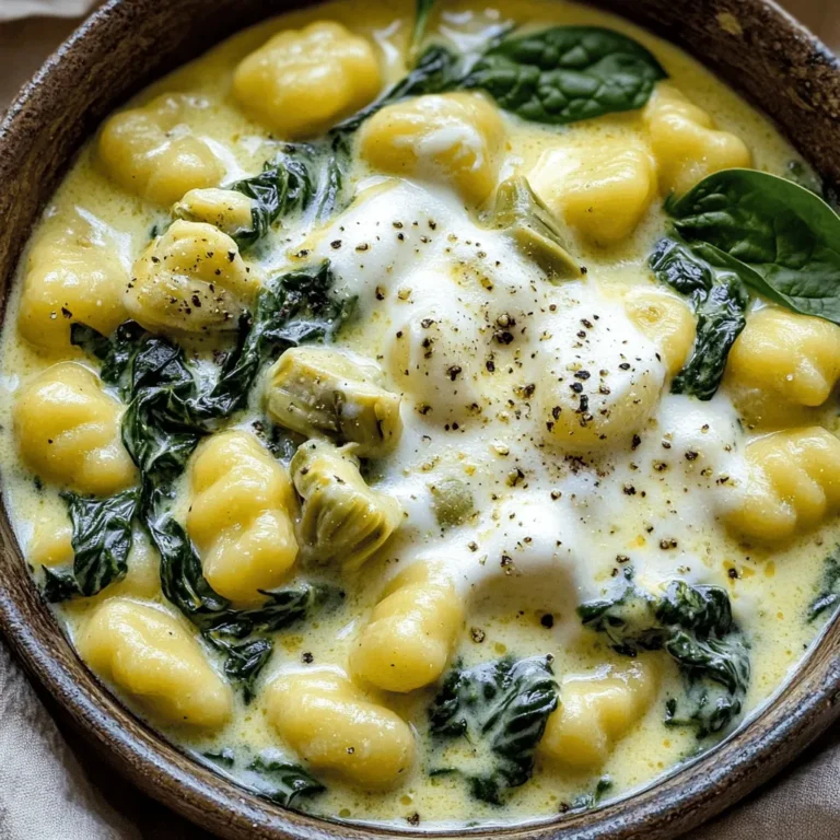- 1 pound potato gnocchi - 1 cup frozen artichoke hearts - 2 cups fresh spinach - 1 cup heavy cream - 1 cup cream cheese, softened - 1 cup shredded mozzarella cheese - 1/2 cup grated Parmesan cheese - 3 cloves garlic, minced - 1 teaspoon onion powder - 1 teaspoon Italian seasoning - Olive oil, salt, and pepper Gather these ingredients before you start cooking. Each one plays a role in making this dish creamy and tasty. The potato gnocchi brings a soft texture, while artichokes add a nice bite. Spinach gives it color and a fresh taste. Heavy cream is key for that rich flavor. The cream cheese, mozzarella, and Parmesan create a cheesy, smooth sauce. Garlic adds depth, and the onion powder and Italian seasoning enhance the overall taste. Olive oil helps sauté the garlic and artichokes. Don't forget salt and pepper to balance all the flavors. With everything ready, you’ll enjoy your cooking process more. Each bite of the finished dish will be a delight. Start by heating a drizzle of olive oil in a large pot over medium heat. Add the minced garlic. Sauté it for about one minute until you smell its strong aroma. This step adds a great flavor base to your dish. Next, toss in the thawed and chopped artichoke hearts. Sauté them for 2-3 minutes until they start to brown slightly. This browning brings out their natural sweetness and enhances the taste. Now, pour in the vegetable broth and heavy cream. Stir these together until they blend well. This mixture forms the base of your creamy sauce. Then, add in the softened cream cheese. Simmer the pot, stirring often, until the cream cheese melts fully into the sauce. This creates a rich, velvety texture that coats the gnocchi perfectly. Next, add the potato gnocchi and the roughly chopped spinach into the pot. Sprinkle in the Italian seasoning, onion powder, salt, and pepper. Gently stir everything together. Bring the mixture to a gentle boil. Once it starts boiling, reduce the heat to low. Cover the pot and let it cook for 5-7 minutes. Stir occasionally until the gnocchi are tender. The spinach will wilt down, adding a lovely green color. Once the gnocchi are soft, remove the pot from the heat. Fold in the shredded mozzarella and grated Parmesan cheese. This step adds creaminess and flavor. Stir until the cheeses melt into the dish. Taste and adjust the seasoning if needed. Enjoy! To make your dish shine, taste is key. Adjust the seasoning to fit your liking. I often add a pinch of salt and pepper for balance. For a twist, try red pepper flakes for heat. You can also add fresh herbs like basil or thyme for extra depth. Cook the gnocchi just right. They should float and be soft but not mushy. To keep your sauce creamy, add the cheese slowly. Stir gently to mix it in without clumping. If the sauce is too thick, a splash of vegetable broth can help. Make your dish look as good as it tastes. After serving, top it with freshly grated Parmesan cheese. A sprinkle of black pepper brings a nice pop. For color, add a few fresh spinach leaves on top. This not only enhances the look but also adds fresh flavor. {{image_2}} You can switch up the vegetables in this dish. Try using kale or mushrooms for a new twist. Both add flavor and nutrition. If you want a dairy-free version, use a non-dairy cream. Coconut cream or cashew cream work well. These will keep the dish rich and creamy. Want to boost the taste? Add cooked chicken or shrimp for protein. They blend well with the creamy sauce. You can also mix in sun-dried tomatoes or olives. These add a nice tang and depth to the dish. If you need a gluten-free option, use gluten-free gnocchi. They taste great and keep the dish intact. For vegan choices, swap out the cream and cheese. Use cashew cheese or almond milk cream. Both will keep your dish delicious and plant-based. To store your creamy spinach artichoke gnocchi, let it cool first. Place it in an airtight container. It will stay fresh in the fridge for up to three days. Make sure to label the container with the date. This helps you track how long it has been stored. You can freeze this dish if you want to save some for later. Use a freezer-safe container and fill it to leave some space for expansion. It can keep well for up to three months in the freezer. When you want to eat it, thaw it overnight in the fridge. Reheat in a pot over low heat, adding a splash of cream or broth if needed. This dish pairs well with a simple side salad. A fresh green salad with a lemon vinaigrette adds a nice touch. You can also serve it with garlic bread for a comforting meal. For drinks, a crisp white wine like Pinot Grigio works great. If you prefer non-alcoholic options, try sparkling water with a slice of lemon. This dish takes about 30 minutes to cook. You will spend 10 minutes prepping. Cooking the gnocchi and sauce takes around 20 minutes. It’s quick, easy, and perfect for busy days when you want something tasty! Yes, you can make this dish ahead of time! Prepare the gnocchi and sauce, then let it cool. Store it in an airtight container in the fridge for up to two days. When you are ready to eat, just reheat it on the stove. Add a little broth if it seems thick. If you don’t have fresh spinach, use frozen spinach instead. Thaw and drain it well before adding it to the pot. You can also try kale or Swiss chard as a substitute. Both will add great flavor and nutrition! This recipe for One Pot Creamy Spinach Artichoke Gnocchi is simple and delicious. You learned about the main ingredients, how to make the creamy sauce, and tips for the best texture. I shared variations to fit your taste and dietary needs, plus storage tips to keep it fresh. Enjoy cooking this dish, and feel free to be creative with your ingredients. With practice, you will master it and impress your friends and family. Enjoy your meal!
