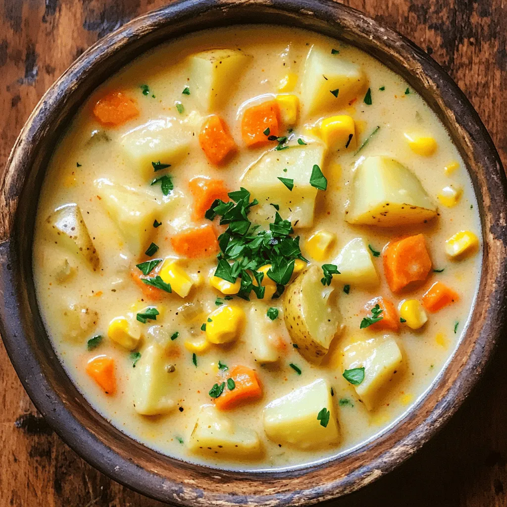 To make this chowder, you will need: - 4 cups vegetable broth - 2 cups diced potatoes - 1 cup chopped carrots - 1 cup corn kernels (fresh or frozen) - 1 cup diced celery - 1 cup chopped onion - 2 cloves garlic, minced These main ingredients create a base full of flavor and nutrition. The vegetable broth provides a savory depth, while the potatoes and carrots add heartiness and sweetness. Corn brings a pop of texture, and the onion and garlic give a lovely aroma. To flavor the chowder, gather: - 1 teaspoon dried thyme - 1 teaspoon dried oregano - 1/2 teaspoon smoked paprika - Salt and pepper to taste Spices are key in this recipe. Thyme and oregano add warmth, while smoked paprika brings a hint of smoke that enhances the chowder’s taste. Don’t forget to season with salt and pepper for balance. For added creaminess and flavor, consider: - 1 can (15 oz) coconut milk - 1 tablespoon olive oil - Chopped fresh parsley for garnish (optional) Coconut milk gives the chowder a rich, creamy texture. Olive oil adds healthy fat and flavor, while parsley brightens the dish when sprinkled on top. Feel free to use these optional ingredients to make it your own! To start, I heat olive oil in my slow cooker on the sauté setting. I add chopped onion, minced garlic, and diced celery. I cook these for about 3-4 minutes. This brings out their sweet flavors. Once they soften, I stir in diced potatoes, chopped carrots, and corn. These veggies add heartiness and color to the chowder. Next, I pour vegetable broth over the vegetables. This broth is the base of our chowder, giving it depth. I mix in dried thyme, oregano, smoked paprika, salt, and pepper. This step is key for layering flavors. I make sure everything is well combined. Now, I cover the slow cooker. I set it to low for 6-7 hours or high for 3-4 hours. Low heat allows the flavors to develop fully. High heat is great when I need it faster. I check the vegetables for tenderness before adding coconut milk. This adds creaminess and completes the chowder. To make your chowder more exciting, try adding spices like cumin or rosemary. A pinch of cayenne can add heat if you like it spicy. For toppings, consider shredded cheese or crispy bacon bits. Fresh herbs like chives or cilantro also bring a fresh twist. Layering ingredients is key. Start with the harder veggies, like potatoes and carrots. Next, add softer ones, like corn and celery. This helps them cook evenly. Always keep the lid closed while cooking. Each time you lift it, you lose heat and extend cooking time. Do you prefer a thicker chowder? You can mash some of the potatoes after cooking. For a creamier texture, add more coconut milk. If you want to sneak in extra veggies, chop them small and stir them in. Spinach or zucchini works great! {{image_2}} To make this chowder a vegetarian or vegan delight, swap out the vegetable broth for a rich, homemade or store-bought vegan broth. For creaminess, I recommend using almond milk or soy cream in place of coconut milk. These alternatives keep the dish light while still providing a wonderful texture. You can also add legumes like lentils or chickpeas for a protein boost. They cook well in the slow cooker and add a nice bite to the chowder. Try adding one cup of cooked beans or lentils just before serving. If you crave heat, add chopped hot peppers or a dash of cayenne pepper. This will give your chowder a kick! Always taste as you go to get the heat just right. For an extra layer of flavor, serve with spicy condiments like sriracha or a spicy pesto. These can elevate each bowl and let you customize the heat level for each person. Using seasonal vegetables can enhance the flavor and freshness of your chowder. In spring, add peas or asparagus. In fall, consider using butternut squash or sweet potatoes for a sweeter taste. Adjust the cooking time based on your veggies. For example, softer vegetables like zucchini need less time than sturdier potatoes. Just keep an eye on your chowder and taste during cooking to ensure everything is tender and delicious. To store your chowder, let it cool first. Then, pour it into a clean container. Make sure the lid seals tightly. This keeps the chowder fresh. It lasts in the fridge for about 3 to 4 days. If you want to reheat, just warm it on the stove or in the microwave. Stir well before serving. If you want to save chowder for later, freezing is a great choice. Use a freezer-safe container. Leave some space at the top for the chowder to expand. It can last in the freezer for up to 3 months. When ready to eat, thaw it in the fridge overnight. Then, reheat it on the stove. Add a little water or broth if it seems thick. Don’t throw away leftover chowder! You can make new meals. Try using it as a sauce for pasta. Or, pour it over baked potatoes. You can also make a vegetable casserole. For storage, use airtight containers. Glass containers work well. They keep the chowder fresh and are easy to clean. Yes, you can. If you want to skip coconut milk, use regular milk or cream instead. For a dairy-free option, try almond milk or oat milk. These alternatives will still give your chowder a nice, creamy texture. You can also blend some cooked potatoes into the chowder for added creaminess. To make your chowder more filling, add protein-rich foods. You could toss in cooked beans like chickpeas or navy beans. Adding cooked chicken or ham also works well. For extra veggies, consider adding spinach or kale. Serve the chowder with crusty bread or a side salad for a full meal. Yes, frozen vegetables are great for this recipe. They can save you prep time. Just toss them in the slow cooker as you would fresh ones. No need to thaw them first. Keep an eye on the cooking time, as frozen veggies may cook faster than fresh ones. This article covered how to make a tasty slow cooker vegetable chowder. You learned about key ingredients like broth, veggies, and spices. I shared tips for flavor, cooking times, and storage. You can also explore variations to match your taste and dietary needs. Now, you have the tools to create a warm, hearty dish that’s easy to prepare. Enjoy making this chowder and feel free to experiment as you go!