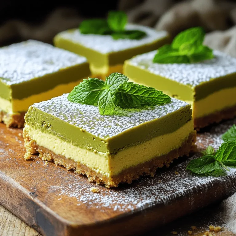 To create No-Bake Matcha Cheesecake Bars, gather these simple ingredients: - 1 ½ cups almond flour - ½ cup coconut oil, melted - ¼ cup maple syrup - 1 ½ cups cream cheese, softened - ½ cup Greek yogurt - ½ cup powdered sugar - 3 tablespoons culinary matcha powder - 1 teaspoon vanilla extract - Pinch of salt - Fresh mint leaves for garnish (optional) These ingredients work together to create a creamy and vibrant dessert. Almond flour gives the crust a nutty flavor. Coconut oil adds richness, while maple syrup brings sweetness. Cream cheese and Greek yogurt form a smooth filling, making it indulgent yet light. Culinary matcha powder not only colors the bars but also adds a unique taste. Each ingredient plays a role. For example, the pinch of salt enhances all the flavors. If you want a pop of color and freshness, consider adding mint leaves on top. This mix leads to a treat that's not just tasty but also visually stunning. 1. In a bowl, mix 1 ½ cups almond flour, 1/2 cup melted coconut oil, and 1/4 cup maple syrup. Stir well until a crumbly mixture forms. 2. Press the mixture firmly into the bottom of an 8x8 inch lined baking pan. Aim for an even layer. 3. Refrigerate the crust for 15 minutes to set. This helps it hold together later. 1. In a mixing bowl, combine 1 ½ cups softened cream cheese, 1/2 cup Greek yogurt, 1/2 cup powdered sugar, 3 tablespoons culinary matcha powder, 1 teaspoon vanilla extract, and a pinch of salt. 2. Beat the mixture with an electric mixer on medium speed. Continue until the filling is smooth and fluffy. This step is key for a light texture. 1. Pour the matcha cheesecake filling over the chilled crust. Use a spatula to spread it evenly. 2. Cover the baking pan with plastic wrap. This keeps it fresh while chilling. 3. Refrigerate for at least 4 hours. The bars need to firm up before you slice them. Enjoy the wait! To get a smooth filling, mix the cream cheese well. Use an electric mixer to blend until fluffy. The key is to ensure no lumps remain. Add the Greek yogurt, powdered sugar, matcha, vanilla, and salt. Blend again until it looks creamy and even. Chilling time is very important. After you pour the filling over the crust, cover it with plastic wrap. Let it chill for at least four hours. This helps the bars set properly and makes them easier to slice. You can adjust the flavor by changing the sweetener. Instead of powdered sugar, you can use honey or agave syrup. These options can add a unique taste. If you want less sweetness, reduce the amount of sweetener. Try adding a splash of lemon juice for a tangy twist. It can brighten the matcha flavor. You can also mix in some cocoa powder for a chocolatey taste. Experiment to find your favorite flavor combo! To slice the bars cleanly, use a sharp knife. Dip the knife in warm water before slicing. This helps create clean cuts without messing up the layers. Pair your bars with a nice cup of green tea or matcha latte. The flavors complement each other perfectly. You can also add toppings like fresh berries or whipped cream for extra fun. Fresh mint leaves make a lovely garnish and add a pop of color. {{image_2}} To make these bars vegan, you need to change a few ingredients. For the cream cheese, use a plant-based cream cheese. You can find this in most grocery stores. Swap Greek yogurt for coconut yogurt. For powdered sugar, ensure it does not contain bone char. These simple swaps will keep the creamy texture you love. You can play with flavors to make this treat even better. Try adding fruit, like mashed bananas or berries, to the cheesecake filling. This adds sweetness and freshness. You can also infuse the mix with spices like cinnamon or nutmeg for warmth. A drop of almond or orange extract can give it a unique twist. If you need a gluten-free option, use gluten-free crust recipes. Try crushed gluten-free cookies or oats blended into flour. Check all your ingredients to make sure they are gluten-free. This way, everyone can enjoy these delicious matcha cheesecake bars without worry. To keep your no-bake matcha cheesecake bars fresh, use an airtight container. Glass or plastic containers work well. Make sure the container is not too big, as excess air can spoil the bars. Store the cheesecake bars in the fridge at a temperature of 35°F to 40°F. This helps maintain their creamy texture and flavor. These cheesecake bars stay fresh for about 5 to 7 days in the fridge. After that, they may lose their taste and texture. Look for any signs of spoilage. If you see mold or an off smell, it’s best to toss them out. Enjoy them while they are fresh for the best taste! You can freeze these bars for up to 2 months. To freeze, wrap each bar in plastic wrap, then place them in a freezer bag. Be sure to remove as much air as possible before sealing. When you're ready to eat, take the bars out of the freezer. Let them thaw in the fridge for a few hours for the best flavor. Enjoy them chilled and creamy! Yes, you can make these bars ahead of time. I recommend preparing them a day before your event. This allows the flavors to meld and the cheesecake to set properly. Just store them in the fridge, covered with plastic wrap. This keeps them fresh and ready to serve when you need them. If you can't find matcha powder, you can use green tea powder. It has a similar flavor and color. Another option is to use spirulina for a vibrant green hue, but it will change the taste. You can also try vanilla extract for a different flavor. Just keep in mind that this will alter the final taste of the cheesecake. Matcha offers many health benefits. It is rich in antioxidants, which help fight free radicals. These antioxidants can support your immune system. Matcha also contains L-theanine, which promotes calmness without drowsiness. Additionally, it may boost your metabolism and provide a gentle energy boost. Enjoying matcha in these cheesecake bars adds a tasty way to benefit from its goodness. In this blog post, you learned how to make tasty matcha cheesecake bars. We covered key ingredients, simple steps for making the crust and filling, and tips for great texture and flavor. You also saw variations for vegan, gluten-free options and storage tips for keeping them fresh. These bars are fun to make and share. Experiment with flavors and enjoy your delicious creations. Happy baking!