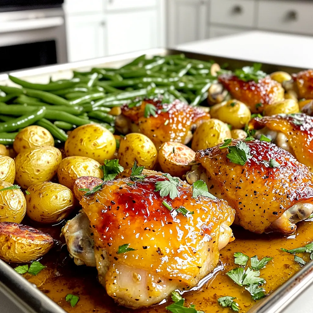 To make this dish, gather these key ingredients: - 4 chicken thighs, skin-on and bone-in - 1/4 cup maple syrup - 3 tablespoons Dijon mustard - 2 tablespoons olive oil - 2 cloves garlic, minced - 1 teaspoon fresh thyme leaves (or 1/2 teaspoon dried thyme) - Salt and pepper to taste - 1 pound baby potatoes, halved - 1 cup green beans, trimmed These ingredients blend well to create a sweet and savory flavor that will impress. You can enhance your dish with these optional items: - Fresh parsley, chopped (for garnish) - Lemon wedges (for a fresh squeeze) - Extra thyme or other fresh herbs These add brightness and color, making your meal look even more appealing. For this recipe, you will need the following tools: - A large sheet pan - Parchment paper (for easy cleanup) - A mixing bowl - A whisk - A large zip-top bag or shallow dish - An oven thermometer (to ensure correct cooking temperature) Having the right tools makes cooking easier and more fun. Start by preheating your oven to 400°F (200°C). This step is key for good roasting. Next, line a large sheet pan with parchment paper. This makes cleanup easy. Now, let’s make the marinade! In a bowl, whisk together 1/4 cup maple syrup, 3 tablespoons Dijon mustard, 2 tablespoons olive oil, and 2 cloves of minced garlic. Add 1 teaspoon of fresh thyme leaves, plus salt and pepper to taste. This mix will give the chicken a tasty glaze. Place 4 chicken thighs in a large zip-top bag. Pour half of the marinade over them. Seal the bag and let it sit in the fridge for at least 30 minutes. For even more flavor, let it marinate for up to 2 hours. While the chicken marinates, wash and halve 1 pound of baby potatoes. Toss them in a bowl with the rest of the marinade. Add a pinch of salt and pepper to enhance their flavor. After marinating, take the chicken out of the fridge. Arrange the chicken thighs on one side of the sheet pan. Next, add the marinated baby potatoes next to the chicken. Roast everything in the oven for 20 minutes. Once 20 minutes pass, take the pan out. Add 1 cup of trimmed green beans to the pan. Toss them with a little olive oil, salt, and pepper. This adds a nice crunch. Return the pan to the oven and cook for another 15 to 20 minutes. The chicken should reach an internal temperature of 165°F (75°C). You want the potatoes to be tender, too. To ensure the chicken turns out juicy, don't skip the marinating step. It adds flavor and keeps the meat moist. Make sure to space your chicken and veggies on the pan. This allows hot air to circulate, helping everything cook evenly. After roasting, let the pan rest for a few minutes. This lets the juices settle, making each bite tender. For a pop of color, sprinkle fresh chopped parsley on top before serving. Enjoy your meal! To get the best taste, start with a good marinade. Mix maple syrup, Dijon mustard, olive oil, minced garlic, thyme, salt, and pepper. This blend gives the chicken a sweet and tangy kick. Marinate the chicken thighs for at least 30 minutes. For even more flavor, let them sit for up to 2 hours. The longer they soak, the better they'll taste. To keep your chicken juicy, choose skin-on, bone-in thighs. They stay moist during cooking. Also, let the chicken rest for a few minutes after baking. This step allows the juices to settle back in the meat. Trust me, this makes all the difference in taste and texture. When you roast, timing is key. Start with the chicken and baby potatoes first. They take longer to cook. Roast for 20 minutes, then add the green beans. This method ensures everything cooks evenly. Use a meat thermometer to check that the chicken reaches 165°F (75°C). This confirms it's safe to eat and perfectly cooked. {{image_2}} You can easily switch the chicken thighs for other proteins. Chicken breasts work well and cook faster. If you prefer a plant-based option, try tofu. Use firm tofu, and press it to remove extra moisture. Then, cut it into cubes. Marinate it just like the chicken. Feel free to mix in different veggies. Carrots, bell peppers, and zucchini all roast nicely. You can also use broccoli or asparagus for a colorful dish. Just chop them into even pieces for even cooking. Toss them in the marinade to soak up flavor. You can change the marinade for a unique taste. Swap maple syrup for honey for a sweeter touch. Try balsamic vinegar for a tangy twist. You can even mix in soy sauce for a savory kick. Adjust the mustard for different flavors, like whole grain. Each variation gives a new spin on this dish. After making Sheet Pan Maple Mustard Chicken, let it cool down. Store leftovers in an airtight container. This keeps the flavors fresh. Make sure to separate the chicken, potatoes, and green beans. They can all go into the same container, but they may get soggy if stored together. Keep them in the fridge for up to three days. To reheat the chicken, use an oven or microwave. If using an oven, preheat it to 350°F (175°C). Place the chicken on a baking sheet and cover it with foil. This keeps the moisture in. Heat for about 15-20 minutes, or until warm. For the microwave, place the chicken on a plate and cover it with a damp paper towel. Heat in 30-second intervals to avoid drying it out. If you want to freeze the chicken, it works well! Wrap each piece in plastic wrap. Then, place them in a freezer bag. Make sure to remove any air to prevent freezer burn. You can freeze the chicken for up to three months. When ready to eat, thaw it in the fridge overnight. Reheat it as mentioned to enjoy again. Yes, you can make this recipe ahead of time. Marinate the chicken for up to two hours before cooking. This adds more flavor. You can also prepare the veggies and toss them in the marinade. Store everything in the fridge. When ready, just pop it in the oven. You can serve this dish with many sides. Here are some ideas: - Rice or quinoa for a hearty grain. - A fresh salad for a light touch. - Crusty bread to soak up the sauce. - Roasted carrots or Brussels sprouts for more veggies. These sides will balance the sweet and tangy flavors. Check the chicken's internal temperature. It should be 165°F (75°C) when done. Use a meat thermometer for accuracy. If you don’t have one, cut into the thickest part of the chicken. The juices should run clear, not pink. This ensures it is safe to eat. We explored how to make Sheet Pan Maple Mustard Chicken. This dish brings great flavors with simple steps. You learned about the main ingredients, optional seasonings, and essential tools needed. I shared tips for juicy chicken and timings for perfect cooking. Remember, you can swap proteins and veggies to suit your taste. Storing and reheating leftovers keeps meals fun. Use these insights for yummy meals and impress your family. Happy cooking!