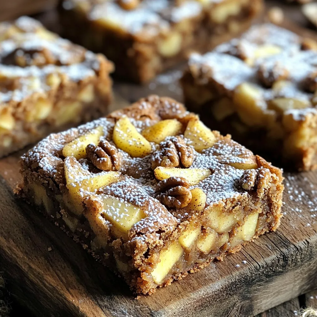 To make these Brown Butter Apple Cinnamon Blondies, you will need simple ingredients that blend well together. Here’s a detailed list: - Butter: 1/2 cup unsalted butter (1 stick) - Sugars: 1 cup packed brown sugar, 1/2 cup granulated sugar - Eggs: 2 large eggs - Vanilla extract: 1 teaspoon - Flour: 1 1/2 cups all-purpose flour - Baking powder: 1 teaspoon - Baking soda: 1/2 teaspoon - Salt: 1/2 teaspoon - Cinnamon: 1 tablespoon - Apples: 1 cup diced apples (peeled and cored) - Walnuts: 1/2 cup chopped walnuts (optional) Each ingredient adds its own unique flavor and texture. The butter gives richness, while the sugars add sweetness. The eggs help bind everything together. Vanilla adds a nice aroma. The flour, baking powder, and baking soda create a soft texture. Salt and cinnamon enhance the taste. Finally, the apples bring moisture and sweetness, and walnuts add a nice crunch if you choose to use them. These ingredients work in harmony to create a treat that's not just tasty but also comforting. You can mix and match some ingredients based on your taste. Enjoy the process! Start by melting the butter in a small saucepan over medium heat. Keep stirring as it melts. After a few minutes, the butter will foam. This means it is cooking. Continue to cook it until it turns a nice golden brown. You will smell a rich, nutty aroma after about 5 to 7 minutes. Be careful not to burn it. Once it reaches that color, remove it from the heat. Let it cool for a few minutes. In a large mixing bowl, combine the warm brown butter with the brown sugar and granulated sugar. Use a whisk to blend them well. You want a smooth and creamy mix. Make sure there are no lumps. This step is key for a rich flavor in your blondies. Next, add the eggs and the vanilla extract to the sugar mix. Whisk them together until you see a smooth consistency. The eggs add moisture, while the vanilla gives a warm flavor. Mix well, and ensure everything is fully blended. In a separate bowl, mix together the flour, baking powder, baking soda, salt, and cinnamon. These dry ingredients are important for the structure of your blondies. Gradually add this dry mix to the wet ingredients. Stir until just combined. Do not overmix, as this can make the blondies tough. Now it's time to fold in the diced apples and chopped walnuts if you are using them. Gently mix them into the batter. Make sure they are evenly distributed. This adds a nice texture and flavor. The apples will keep the blondies moist. Preheat your oven to 350°F (175°C). While it heats, prepare your baking dish. Grease or line an 8x8-inch baking pan with parchment paper. This helps with easy removal. Pour the batter into the pan and smooth the top with a spatula. Bake for 25 to 30 minutes. Check for doneness by inserting a toothpick in the center. It should come out clean. After baking, let the blondies cool in the pan for about 10 minutes. This helps them set. Once slightly cool, transfer them to a wire rack to cool completely. Once cooled, cut them into squares or rectangles. Enjoy your delicious treat! To make brown butter, melt unsalted butter in a saucepan over medium heat. Stir it often. Keep an eye on the color. You want it to turn a rich golden brown. This process takes about 5 to 7 minutes. Watch closely to avoid burning. Once it smells nutty and looks brown, remove it from the heat. Let it cool slightly before using it in your blondies. The brown butter adds a deep flavor that makes these blondies special. For this recipe, choose apples that are sweet and firm. Good options include Granny Smith, Honeycrisp, or Fuji apples. Granny Smith apples add a nice tartness that balances the sweetness. Honeycrisp apples bring a crunchy texture and sweetness. Fuji apples are sweet and juicy, perfect for baking. Make sure to peel and core the apples before dicing them. This helps them mix well into the batter. Adding spices can boost the flavor of your blondies. Along with cinnamon, you can try nutmeg or allspice for warmth. A pinch of ginger adds a nice zing. If you like a little heat, add a touch of cayenne. These spices work well together and enhance the apple flavor. Just remember to keep the spice amounts balanced. Too much can overpower the dish. {{image_2}} You can make these blondies even better by adding chocolate chips. Just fold in 1 cup of semi-sweet or dark chocolate chips with the apples. The warm, melted chocolate pairs perfectly with the cinnamon and apple flavor. You can also mix in peanut butter chips for a fun twist. If you don't like walnuts, you can try other nuts. Chopped pecans or almonds work well. You can even skip the nuts if you prefer a nut-free treat. Seeds like pumpkin or sunflower seeds are great options too. They add a nice crunch without overpowering the other flavors. You can change the fruit in this recipe based on the season. In fall, try using pears or cranberries for a fresh taste. In summer, swap in diced peaches or berries. You can also play with spices. Add nutmeg or ginger for a warm flavor. Experimenting makes each batch special and fun! To keep your blondies fresh, store them in an airtight container. Line the bottom with parchment paper. This helps prevent sticking. Place a piece of parchment paper between layers if you stack them. Keep them at room temperature for the best flavor. You can freeze blondies for later. First, let them cool completely. Wrap each piece in plastic wrap, then place them in a freezer bag. Remove as much air as possible. When you want to enjoy one, take it out and let it thaw at room temperature. You can also warm it in the oven for a few minutes. Brown butter apple cinnamon blondies stay fresh for about 3 days at room temperature. In the fridge, they last about a week. Freezing extends their life to about 3 months. You can use cake flour, but it will change the texture. Cake flour has less protein than all-purpose flour. This means your blondies will be softer and lighter. If you choose cake flour, reduce the amount by about 2 tablespoons. This keeps the blondies from being too airy. To make these blondies gluten-free, try using almond flour or a gluten-free blend. Both options work well. Ensure the blend has xanthan gum for the best texture. You can also use oat flour for a nutty flavor. Just check labels to be sure they are gluten-free. These blondies shine with a scoop of vanilla ice cream. A drizzle of caramel sauce adds a lovely touch. You can also serve them with whipped cream and a sprinkle of cinnamon. For a festive twist, top with chopped nuts or fresh apple slices. Enjoy them warm for the best flavor! In this article, we explored a delicious Brown Butter Apple Cinnamon Blondies recipe. I shared key ingredients, step-by-step instructions, and helpful tips for perfect results. You also learned how to store and freeze blondies for future enjoyment. Baking these blondies is a fun way to enjoy apples and brown butter. Try mixing in different flavors or nuts for a unique twist. Enjoy your baking adventure!