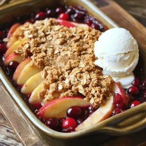 - 4 medium apples (preferably Granny Smith or Honeycrisp), peeled, cored, and sliced - 1 cup fresh or frozen cranberries - 1/2 cup brown sugar The apples in this recipe provide a crisp texture and tart flavor. I love using Granny Smith or Honeycrisp apples. They hold their shape well during baking. The cranberries add a burst of tartness that balances the sweetness of the brown sugar. You can use fresh or frozen cranberries, which makes this dessert versatile for any season. - 1 tablespoon lemon juice - 1 teaspoon ground cinnamon - 1/2 teaspoon ground nutmeg Lemon juice brightens the flavors of the apples and cranberries. It adds a nice zing. Ground cinnamon is a must for warmth and depth. I often use nutmeg for its earthy aroma. These spices turn the crisp into a cozy dessert that feels like a big hug. - 1 cup rolled oats - 1/2 cup all-purpose flour - 1/2 cup unsalted butter, melted - 1/2 cup chopped walnuts or pecans (optional) The topping adds a delightful crunch to the crisp. Rolled oats give it a chewy texture that pairs well with the soft fruit. All-purpose flour helps bind the topping. The melted butter creates a rich flavor and helps everything brown nicely. If you want an extra crunch, sprinkle some chopped nuts. Walnuts or pecans work well and add a lovely nutty taste. - Preheat the Oven: Start by setting your oven to 350°F (175°C). This step is key for even baking. - Combine Ingredients in a Bowl: In a large bowl, mix sliced apples, cranberries, brown sugar, lemon juice, cinnamon, nutmeg, ginger, and salt. Toss gently to coat all the fruit evenly. - Transfer to Baking Dish: Pour the fruit mixture into a greased 9-inch square baking dish. Spread it out evenly. - Mix Dry Ingredients: In a separate bowl, combine rolled oats, all-purpose flour, and optional chopped nuts. This mix adds great texture. - Add Melted Butter: Pour in the melted butter. Stir until everything comes together and forms a crumbly texture. - Create a Crumbly Texture: Use your fingers to break up any large clumps. You want the topping to be loose and even. - Sprinkle Topping Over Fruit: Evenly distribute the crumbly topping over the fruit mixture. This will form a delicious crust. - Baking Time and Temperature: Place the baking dish in the oven. Bake for 30-35 minutes, or until the topping is golden brown and the fruits are bubbly. - Cooling Before Serving: Once baked, take it out and let it cool for about 10 minutes. This helps the flavors meld and makes it easier to serve. - Best Varieties for Crisp: Granny Smith and Honeycrisp apples are great choices. They hold their shape and add a tart flavor. - Flavor Considerations: Choose apples that balance sweetness and tartness. This mix enhances the overall taste of the crisp. - Adding Extra Spices: You can add a pinch of cloves or allspice for warmth. These spices deepen the flavor profile and make it richer. - Using Different Nuts: Try pecans or almonds instead of walnuts. Each nut adds a unique taste and texture to your crisp. - Ice Cream and Cream Options: Serve the crisp warm with a scoop of vanilla ice cream. Whipped cream also pairs well for a creamy touch. - Presentation Tips for Serving: Use clear bowls to show off the vibrant colors. Add a sprinkle of cinnamon or extra nuts on top for flair. {{image_2}} What fruits can I use instead of apples and cranberries? You can explore many fruit options! Try using other berries like blueberries or raspberries. They add a bright taste. Seasonal fruits like pears or peaches work well too. Keep in mind that different fruits change the flavor and texture. What can I use for gluten-free flour? To make this crisp gluten-free, substitute all-purpose flour with almond flour or coconut flour. Both options work great and taste lovely. You can also use gluten-free rolled oats, which will keep the crisp's texture intact. Can I use honey or maple syrup instead of sugar? Yes! You can replace brown sugar with honey or maple syrup. This choice adds a nice depth of flavor. Just remember to adjust the sweetness. You may need less honey since it’s sweeter than brown sugar. - Refrigeration Tips: Store any leftover warm spiced apple cranberry crisp in an airtight container. Place it in the fridge within two hours of baking. This helps keep it fresh. - Best Practices for Freshness: Consume the leftovers within three to four days for the best taste. Always check for any signs of spoilage before eating. - Oven vs. Microwave: The oven is the best way to reheat your crisp. Preheat it to 350°F (175°C) and bake for about 10-15 minutes. This keeps the topping crunchy. If you’re in a hurry, you can use the microwave. Heat it in 30-second bursts until warm. - Maintaining Texture and Flavor: Cover the crisp with foil in the oven to prevent over-browning. This helps keep the topping crisp and the fruit warm. - How to Freeze: If you have extra crisp, cool it completely. Cut it into portions and wrap each piece tightly in plastic wrap. Then, place them in a freezer-safe bag. This keeps them fresh for longer. - Thawing Tips Before Serving: To enjoy later, move the crisp from the freezer to the fridge. Let it thaw overnight. You can reheat it as mentioned before for the best taste and texture. To get a crunchy topping, use cold butter. Cut it into small pieces and mix it with the oats. This will help create a nice, crumbly texture. - Use rolled oats for better crunch. - Add nuts like walnuts or pecans for extra texture. - Bake until the top is golden brown, around 30-35 minutes. Yes, you can use frozen apples or cranberries. Just remember to thaw them first. - Drain excess liquid to avoid a soggy crisp. - If using frozen fruit, slightly increase the baking time to ensure even cooking. You can store the crisp for about 3-4 days. - Keep it in an airtight container in the fridge. - For longer storage, freeze it for up to 3 months. Just thaw it in the fridge before baking. This blog explored how to create a delicious apple cranberry crisp. We covered ingredients, the step-by-step process, and tips to enhance flavor. You can customize the recipe with different fruits, toppings, or sweeteners. Remember to store leftovers properly for the best taste, and don’t forget to enjoy it warm. Now, you have all the tools to make a delightful treat. Happy baking!