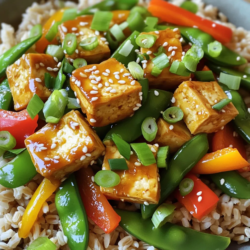 - 14 oz firm tofu, drained and pressed - 2 tablespoons sesame oil - 1 tablespoon fresh ginger, grated - 2 cloves garlic, minced - 1 bell pepper, sliced (any color) - 1 cup snap peas, trimmed - 1 carrot, julienned - 3 green onions, chopped - 2 tablespoons soy sauce (or tamari for gluten-free) - 1 tablespoon sesame seeds - Cooked brown rice or quinoa, for serving This dish is packed with nutrients. Each serving has about: - Calories: 250 - Protein: 15g - Carbohydrates: 30g - Fat: 10g - Fiber: 4g It provides a mix of protein from tofu and fiber from veggies. The sesame oil adds healthy fats, too. This recipe makes about four servings. You can serve it over: - 1 cup cooked brown rice - 1 cup cooked quinoa Each serving is colorful and full of flavor. It’s a great dish for a quick meal or to share with friends. Start by draining and pressing 14 oz of firm tofu. This step is key; it removes excess water. Once pressed, cut the tofu into bite-sized cubes. Make sure they are even in size. This helps them cook evenly. Heat 2 tablespoons of sesame oil in a large skillet over medium-high heat. Wait until the oil is hot. Then, add the tofu cubes. Cook them for about 5 minutes. Turn them occasionally so they brown on all sides. Next, add 1 tablespoon of grated fresh ginger and 2 minced garlic cloves. Stir this mixture for 1 minute. You want the aroma to fill your kitchen. Now, toss in 1 sliced bell pepper, 1 cup of snap peas, and 1 julienned carrot. Stir-fry these veggies for about 3-4 minutes. They should stay colorful and tender but not mushy. After that, drizzle 2 tablespoons of soy sauce over the stir-fry. Stir well to combine everything. Let it cook for an additional 2 minutes. This helps the flavors meld together. Remove the skillet from heat. Sprinkle with 3 chopped green onions and 1 tablespoon of sesame seeds. This adds color and crunch. Serve your stir-fry hot over cooked brown rice or quinoa. Enjoy the vibrant colors and flavors on your plate! Tofu can be tricky, but it’s easy to get it right. Start with firm tofu. Drain and press it well to remove excess water. This step helps the tofu absorb flavors. Cut the tofu into small cubes. When cooking, use high heat and sesame oil. This method gives you crispy edges and a soft center. Don’t rush; let it brown for about five minutes. Flip the cubes gently to avoid breaking them. Tofu loves flavor, so don’t hold back! Fresh ginger and garlic are must-haves. Grate the ginger for a bright taste. Mince the garlic finely to mix well. Use soy sauce or tamari for a savory kick. For a hint of sweetness, add a dash of honey or maple syrup. Finally, sprinkle sesame seeds on top. They add a nice crunch and nutty flavor to your dish. Cooking doesn’t have to take long. Prep your veggies while the tofu cooks. Slice the bell pepper and julienne the carrot ahead of time. Use pre-trimmed snap peas to save time. You can also cook brown rice or quinoa in advance. Store it in the fridge for quick meals. This way, you can whip up your stir-fry in just 20 minutes! {{image_2}} You can mix up the veggies in this stir-fry. Try using broccoli, zucchini, or mushrooms. Each adds a new taste and texture. You can even use frozen mixed vegetables for a quick option. Just adjust the cooking time slightly. The goal is to keep the veggies bright and crisp. If you want to swap tofu for another protein, go for tempeh or seitan. Both are great for a meaty bite. You can also use chicken or shrimp if you eat meat. Just make sure to cook them fully before adding the veggies. This keeps everything safe to eat. To make this dish gluten-free, use tamari instead of soy sauce. Tamari has a similar taste but is safe for those who avoid gluten. You can also check your tofu brand to ensure it’s gluten-free. Most brands are, but it’s always good to check. Enjoy your meal without worries! After making Minute Sesame Ginger Tofu Stir-Fry, let it cool. Store your leftovers in an airtight container. Place it in the fridge within two hours. This dish stays fresh for up to three days. When you are ready to eat, check for any off smells or changes in texture. You can freeze this stir-fry if you want to save it for later. First, let it cool completely. Then, transfer it to a freezer-safe bag or container. Remove as much air as possible. This way, it can last for about three months in the freezer. When you're ready to enjoy it, thaw it overnight in the fridge. To reheat, you have a few options. Use the microwave for quick warming. Heat on medium power for about two to three minutes. Stir halfway to heat evenly. Alternatively, use a skillet over medium heat. Add a splash of water or oil and stir until hot. This keeps the tofu from drying out. Enjoy your tasty meal again! This recipe is already vegan! It uses firm tofu and fresh vegetables. All the ingredients, like ginger and soy sauce, are plant-based. You don’t need to change anything. Enjoy this dish as is for a tasty vegan meal. You can serve this stir-fry with cooked brown rice or quinoa. Both add fiber and nutrients. You could also serve it with noodles for a fun twist. A simple green salad would pair well too, adding freshness. Yes, you can! Olive oil or avocado oil works well as substitutes. They both have a mild taste, which won’t overpower the dish. However, sesame oil adds a nice nutty flavor. If you have it, I recommend using it. Tofu stir-fry lasts about 3 to 4 days in the fridge. Store it in an airtight container to keep it fresh. When you’re ready to eat, just reheat in a pan or microwave. Enjoy a quick meal from your leftovers! This blog post covered how to make a tasty tofu stir-fry. I shared a list of ingredients and their nutritional details. You learned step-by-step how to prepare and cook tofu. I offered tips to improve texture and flavor. There are variations for different diets, plus storage tips for leftovers. Enjoy experimenting with your stir-fry. With practice, you will create delicious meals. Stay curious and keep cooking!