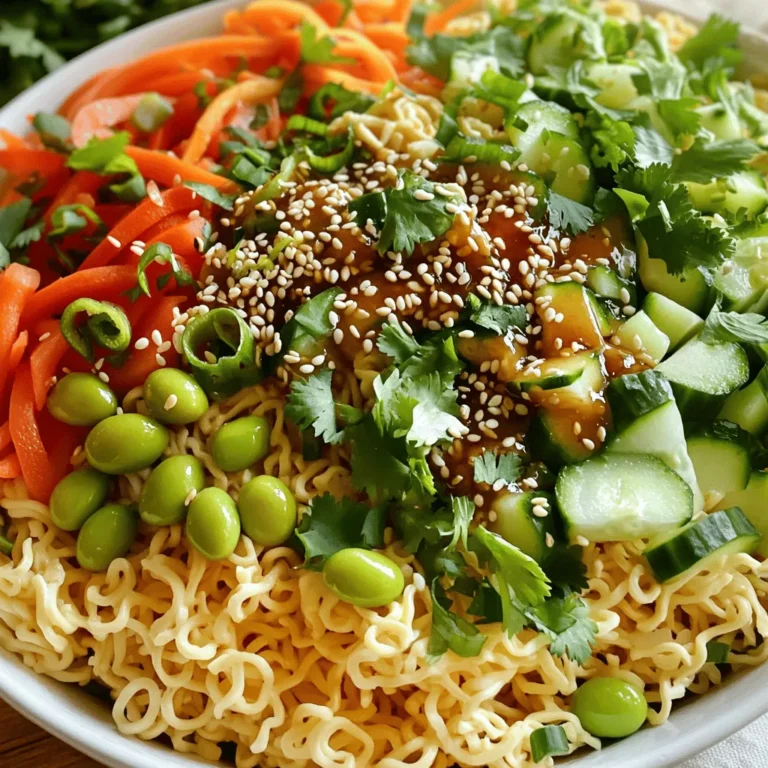 - 2 packs of instant ramen noodles (discard the seasoning packets) - 1 cup shredded carrots - 1 bell pepper (any color), thinly sliced - 1 cup cucumber, thinly sliced - 4 green onions, chopped - 1/4 cup cilantro, chopped - 1/4 cup sesame seeds, toasted - 1/2 cup edamame, shelled (cooked and cooled) - 1/4 cup vegetable oil - 3 tablespoons soy sauce - 2 tablespoons rice vinegar - 1 tablespoon sesame oil - 3 cloves garlic, minced - 1 tablespoon ginger, grated - Salt and pepper to taste Gather these ingredients before you start. The ramen noodles form the base of the dish. I love using instant ramen, as it cooks quickly and tastes great. Toss in fresh veggies like carrots, bell pepper, cucumber, and green onions. They add crunch and color. Cilantro brings a fresh taste, while edamame adds protein. The toasted sesame seeds bring a nutty flavor that’s hard to resist. For the dressing, mix vegetable oil, soy sauce, rice vinegar, sesame oil, garlic, and ginger. This mix ties the salad together. Adjust salt and pepper to your liking for extra flavor. With these simple ingredients, you can create a savory dish full of taste and texture. Happy cooking! Boiling Instructions First, fill a large pot with water. Bring it to a boil over high heat. Once boiling, add the instant ramen noodles. Cook them according to the package instructions, usually around three to five minutes. The noodles should be soft but still firm enough to hold their shape. Rinsing and Draining After cooking, carefully drain the noodles in a colander. Rinse them under cold water. This stops the cooking process and cools them down. When they are cool, transfer the noodles to a large mixing bowl. Cutting Techniques While the noodles cool, wash and cut the vegetables. Shred the carrots finely. Slice the bell pepper and cucumber into thin pieces. Chop the green onions and cilantro. This makes the salad colorful and fresh. Mixing with Noodles Add all the chopped vegetables to the bowl with the noodles. Include the edamame too. Gently toss everything together. This helps to combine the flavors well. Whisking Techniques In a small bowl, combine vegetable oil, soy sauce, rice vinegar, sesame oil, minced garlic, and grated ginger. Use a whisk to mix them together. Whisk until the ingredients blend into a smooth dressing. Dressing Tips Taste the dressing and adjust if needed. You can add salt and pepper for extra flavor. A good dressing should balance the saltiness of the soy sauce with the sweetness of the ginger and garlic. Mixing Process Pour the dressing over the noodle and vegetable mixture. Toss everything together well. Ensure each piece is coated with the dressing. This is key for a tasty salad. Adding Sesame Seeds Finally, sprinkle toasted sesame seeds on top of the salad. Gently fold them in with a spatula. This adds a nice crunch and rich flavor to the dish. Importance of Chilling Chilling the salad is important for the best flavor. It allows the dressing to soak into the noodles and vegetables. This makes every bite delicious. Recommended Time Let the salad chill in the fridge for at least 30 minutes. This step is optional but highly recommended. Your salad will taste even better when served cold! Flavor Enhancements To boost the taste of your sesame garlic ramen noodle salad, use fresh herbs. Fresh cilantro adds brightness and flavor. You can also add a splash of lime juice. This gives a zesty kick that pairs well with the dressing. If you want a little heat, include some red pepper flakes. Just a pinch can really elevate the dish. Texture Tips For the best crunch, add vegetables that are crisp. Cucumber and bell pepper are great choices. Cut them thin for a better bite. You could also add some chopped nuts. Toasted peanuts or cashews add a nice crunch. Don't forget to toss everything well. This ensures even texture and flavor throughout. Presentation Ideas When serving, make it look nice! Use a big bowl or individual plates. Garnish with extra cilantro and a sprinkle of sesame seeds. This adds color and makes it more appealing. You can serve it chilled or at room temperature. Both options are tasty, but chilling helps the flavors meld. Best Pairings This salad goes well with many dishes. Try serving it with grilled chicken or tofu for protein. It also pairs nicely with a side of spring rolls. If you want a lighter meal, enjoy it with a miso soup. These pairings will create a balanced and tasty meal that everyone will love. {{image_2}} To make this salad heartier, you can add protein. Chicken or tofu works well. Both options soak up the dressing nicely. - Chicken: Grilled or shredded chicken adds great flavor. Cook it simply with salt and pepper for best results. - Tofu: Firm tofu is a good choice. Press it to remove water, then sauté or grill until golden. You can also try seafood. Shrimp or crab can add a fresh twist. Just cook them until they are done. Toss them into the salad before serving. You can change up the veggies to keep things fun. Seasonal choices are always best. Fresh produce adds nutrition and color. - Seasonal Choices: Try snap peas in spring or roasted butternut squash in fall. Both provide a unique taste. - Colorful Additions: Think about adding radishes or purple cabbage for crunch and color. They make the dish pop! Mixing in different vegetables can change the whole flavor, so get creative! Not everyone can have soy sauce, and that's okay! You can make soy-free options easily. - Soy-Free Options: Try using coconut aminos or tamari. These give a similar taste without soy. - Spice Level Adjustments: If you love heat, add chili paste or sriracha. Start small, then taste it. Adjust to your liking. Different dressings can completely change your salad. Don’t be afraid to experiment! To keep your sesame garlic ramen noodle salad fresh, store it in an airtight container. This helps prevent moisture and keeps flavors intact. If you plan to eat it later, do not add the sesame seeds until just before serving. They taste better fresh and add a nice crunch. The shelf life of this salad is about 3 to 4 days in the fridge. After that, the noodles can become mushy, and the veggies lose their crispness. Always check for any off smells or changes in texture before eating. You may want to reheat your salad if you prefer it warm. You can do this with the noodles only, as the veggies taste best cold. If you do reheat, do it only once. For reheating, use the microwave. Place the noodles in a bowl, add a splash of water, and cover it. Heat in short bursts of 30 seconds until warm. Stir between heating to ensure even warming. Avoid the stovetop, as it can overcook the noodles. You can use many types of noodles. Some good options are soba, udon, or rice noodles. They will change the taste and texture a bit. Just remember to cook them as the package says. Rinse them in cold water after cooking. This keeps them from sticking. This salad stays fresh in the fridge for about three days. Store it in a covered container. The veggies will stay crisp. The dressing may soak in, but the taste remains great. If you make it ahead, wait to add the sesame seeds until just before serving. Yes! To make it vegan, use a plant-based oil. You can swap soy sauce for tamari or a gluten-free option. Use maple syrup instead of honey if you want some sweetness. These changes keep the flavor while making it vegan. For crunch, try adding roasted peanuts or cashews. You can also use crispy fried onions or chow mein noodles. Shredded cabbage adds a nice bite. These toppings boost flavor and make the salad more fun to eat. This blog post guided you through the steps to make a tasty ramen salad. We covered key ingredients, from noodles to the best veggies. You learned how to cook and prepare everything, plus tips for delicious dressings. Remember to chill your salad for the best flavor. With variations, you can customize it to fit your taste. Storing and reheating strategies ensure it stays fresh. Now you’re ready to make a vibrant salad that's both easy and delightful! Enjoy your cooking adventures!