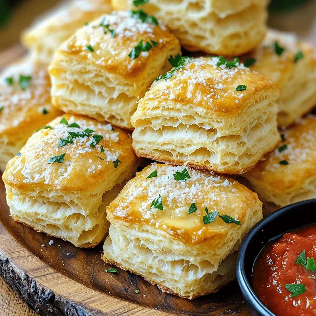 - 2 cups all-purpose flour - 1 tablespoon baking powder - 1 teaspoon salt - 1/2 cup unsalted butter, melted (plus more for brushing) - 1/2 cup milk - 1 teaspoon garlic powder - 1/2 cup grated Parmesan cheese - 2 tablespoons fresh parsley, chopped (optional for garnish) - 1/2 teaspoon black pepper For this recipe, I use standard U.S. measurements. Here’s a breakdown of the ingredients: - Flour: It provides the base for the biscuits. - Baking Powder: This helps the biscuits rise. - Salt: It enhances the flavor, balancing the dish. - Unsalted Butter: I recommend using unsalted butter for better control of salt. - Milk: It adds moisture to the dough. - Garlic Powder: This gives a strong garlic flavor. - Parmesan Cheese: It adds a rich, savory taste. - Fresh Parsley: It adds color and a fresh touch. - Black Pepper: This gives a little kick to the biscuits. You will need a few key tools for this recipe: - Mixing Bowl: For combining dry and wet ingredients. - Whisk: To mix the dry ingredients well. - Rolling Pin: To shape the dough into a log. - Sharp Knife: To cut the dough into pieces. - Baking Pan: A 9-inch round pan is best for this recipe. - Oven: Preheat it to 425°F (220°C) for perfect baking. - Pastry Brush: For brushing melted butter on top of the biscuits. These tools make your baking process smoother and more fun! 1. Start by preheating your oven to 425°F (220°C). This step is key for a nice rise. 2. Grease a 9-inch round baking pan. This helps the biscuits come out easily. 3. In a large bowl, whisk together 2 cups of flour, 1 tablespoon of baking powder, 1 teaspoon of salt, 1 teaspoon of garlic powder, and 1/2 teaspoon of black pepper. This mix gives the biscuits flavor. 4. Pour in 1/2 cup of melted butter and 1/2 cup of milk. Stir it all together until just mixed. The dough should feel slightly sticky. 5. Turn the dough out onto a floured surface. Knead it gently a few times until it feels smooth. 6. Roll the dough into a log shape. Cut it into 12 equal pieces. 7. Roll each piece into a small ball. Make sure they are all about the same size. 1. Dip each ball into the rest of the melted butter. Make sure they get coated well. 2. Roll the balls in 1/2 cup of grated Parmesan cheese until they are fully covered. 3. Place the coated dough balls in the greased pan, stacking them for that pull-apart look. 4. Bake in the preheated oven for 15-20 minutes. Watch for a golden-brown color on top. 1. Look for a golden-brown color on the biscuits. This means they are likely done. 2. Insert a toothpick into the center of the biscuits. If it comes out clean, they are ready. 3. If the tops are brown but the insides seem wet, reduce the oven heat and bake a bit longer. To get fluffy biscuits, use cold butter. Cold butter helps the dough rise well. Don't over-mix the dough; mix until just combined. This keeps the biscuits light and airy. Also, make sure your baking powder is fresh. Old baking powder can lead to dense biscuits. A common mistake is using too much flour. Measuring flour correctly is key. Use a kitchen scale if you have one. Another mistake is not kneading the dough gently. Knead just a few times to keep it soft. Lastly, don’t skip the butter coating. It adds flavor and helps the cheese stick. You can boost the flavor in many ways. Try adding herbs like rosemary or thyme. Fresh herbs give a nice aromatic touch. For a spicy kick, add red pepper flakes. You can also experiment with different cheeses. Cheddar or mozzarella can add a fun twist. {{image_2}} You can change up the flavor of these biscuits easily. Try adding dried herbs like oregano or thyme. A teaspoon of Italian seasoning gives a nice twist. If you love heat, sprinkle in some red pepper flakes for a kick. Fresh herbs like rosemary or chives can also boost the taste. Just mix them into the dry ingredients for better flavor. While Parmesan is tasty, you can use other cheeses too. Cheddar adds a sharp flavor. Mozzarella gives a gooey texture. If you want something bolder, try blue cheese or feta. Each cheese brings its unique taste, so feel free to experiment. Just remember to adjust the amount based on the cheese's strength. If you need a gluten-free version, use a gluten-free flour blend. Look for one made for baking to keep the texture. You may need to add a bit more baking powder for lift. Keep an eye on the dough; it may feel different. Follow the same steps, and you’ll have a tasty treat for everyone. To keep your Garlic Parmesan Pull Apart Biscuits fresh, store them in the fridge. Place them in an airtight container. They will stay good for about 2 to 3 days. For best taste, reheat them before serving. Avoid leaving them out at room temperature for too long. This keeps them soft and tasty. You can freeze these biscuits for later use. First, let them cool completely. Then, wrap each biscuit in plastic wrap. After that, place them in a freezer bag. Be sure to remove as much air as possible. They can last up to 2 months in the freezer. When you're ready to eat, thaw them in the fridge overnight. Reheating is easy and helps restore the biscuits' softness. You can use the oven or microwave. For the oven, preheat it to 350°F (175°C). Place the biscuits on a baking sheet and cover them with foil. Bake for about 10 minutes. If using a microwave, heat them for 15 to 20 seconds. Check if they are warm enough. Enjoy your tasty biscuits again! You can serve these biscuits with a variety of tasty sides. They pair well with marinara sauce for dipping. A fresh garden salad adds a nice crunch. You might also enjoy them with a bowl of soup. Try them alongside a creamy pasta dish for a fun twist. Yes, you can prepare the dough ahead of time. After mixing the ingredients, wrap the dough tightly in plastic wrap. Store it in the fridge for up to 24 hours. When you're ready, let it sit at room temperature for about 30 minutes before shaping and baking. To boost the savory flavor, add more garlic powder. You can also mix in herbs like thyme or rosemary. Using aged Parmesan gives a stronger taste. A sprinkle of crushed red pepper adds some heat too. Experiment to find your perfect flavor balance! This post covered everything you need for Garlic Parmesan Pull Apart Biscuits. We looked at ingredients, measurements, and equipment. Then, I shared step-by-step instructions to guide your baking. You learned tips for fluffy biscuits and how to avoid mistakes. I added ways to change flavors and storage tips. In the end, making these biscuits is simple and fun. Give them a try and enjoy the yummy results!