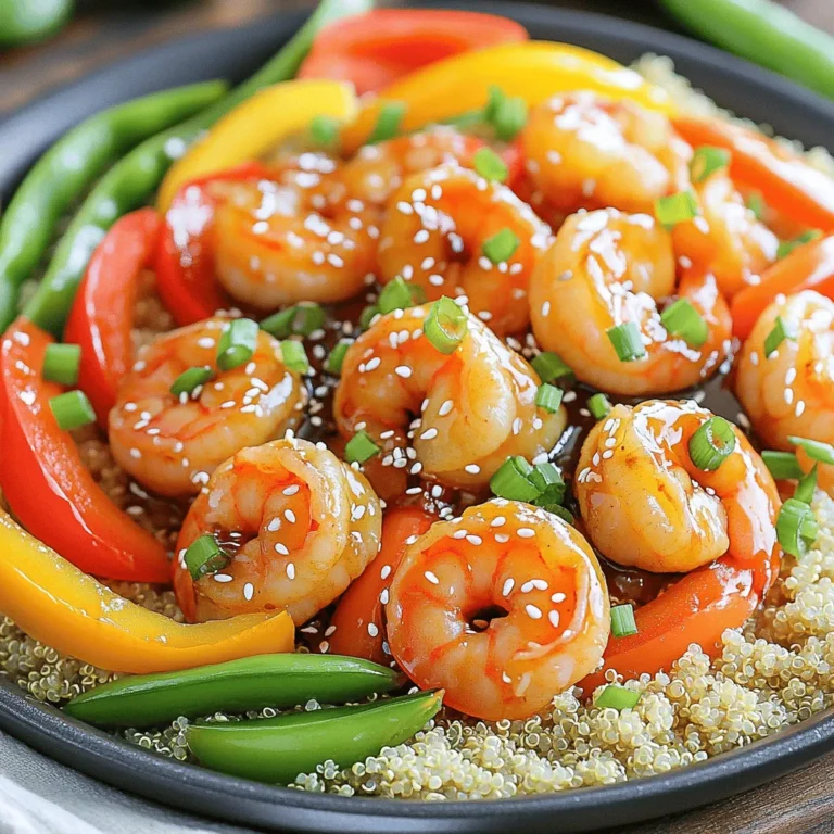 For the One-Pan Honey Garlic Shrimp Quinoa, gather these tasty items: - 1 pound shrimp, peeled and deveined - 1 cup quinoa, rinsed - 2 cups vegetable broth - 4 tablespoons honey - 3 tablespoons soy sauce (or tamari for gluten-free) - 3 cloves garlic, minced - 1 tablespoon ginger, minced - 2 tablespoons olive oil - 1 cup bell peppers, diced (red, yellow, or orange) - 1 cup snap peas - 1 green onion, chopped (for garnish) - Sesame seeds (for garnish) - Salt and pepper to taste You can swap some ingredients based on your taste or needs. - Use chicken or tofu instead of shrimp for protein. - Substitute quinoa with rice or farro if you prefer. - Try maple syrup in place of honey for a vegan option. - Use coconut aminos instead of soy sauce for a different flavor. - Any colorful veggies can work; consider zucchini or carrots. This dish packs a punch of nutrition. Here's why these ingredients shine: - Shrimp is low in fat and high in protein. It also has omega-3 fatty acids. - Quinoa is a complete protein, full of fiber and minerals. It supports digestion. - Bell peppers are rich in vitamins A and C, which help your immune system. - Garlic can boost heart health and has anti-inflammatory properties. - Ginger aids digestion and adds a nice zing to the dish. By choosing these fresh ingredients, you not only enjoy great flavor but also support your health. Start by heating the olive oil in a large skillet over medium heat. Add the minced garlic and ginger once the oil is warm. Stir them for 1-2 minutes until you smell their sweet scent. Be careful not to burn them, as this can change the flavor. Next, raise the heat to medium-high. Toss in the shrimp and sprinkle with salt and pepper. Cook the shrimp for about 2-3 minutes. They should turn pink and opaque. Once cooked, remove them from the skillet and set them aside for later. In the same skillet, add your rinsed quinoa. Toast the quinoa for 1-2 minutes, stirring often until it turns lightly golden. After that, pour in the vegetable broth, honey, and soy sauce. Mix in the diced bell peppers and snap peas. Bring everything to a gentle simmer. Cover the skillet and lower the heat. Let it cook for about 15 minutes. This time allows the quinoa to soak up all the liquid and become fluffy. When the quinoa is ready, take off the lid and fold the cooked shrimp back in. Warm them for another 2 minutes before serving. To cook shrimp well, start with fresh shrimp. Look for shrimp that smells clean and has a firm texture. Heat your skillet on medium-high and add olive oil. Once the oil is hot, add the shrimp. Cook them for 2-3 minutes until they turn pink. Remove them from the heat right away. Overcooking makes shrimp tough and chewy. Seasoning is key to making your dish pop. Salt and pepper add basic flavor. For more depth, use soy sauce and honey. Garlic and ginger bring warmth and zest. Feel free to experiment with fresh herbs like cilantro or parsley. These add freshness and brighten the dish. Taste as you go to get the balance just right. Rinsing quinoa removes its bitter coating. This step is crucial for a light flavor. Toast the rinsed quinoa in the skillet for 1-2 minutes. This brings out its nutty taste. When you add broth, let it simmer on low heat with a lid on. After 15 minutes, check if all liquid is absorbed. Fluff it with a fork to prevent clumping. {{image_2}} You can swap shrimp for other proteins or seafood. Chicken or tofu works well. For seafood lovers, try scallops or salmon. Adjust the cooking time based on your choice. Chicken needs more time, while tofu cooks quickly like shrimp. To make this dish vegetarian or vegan, skip the shrimp. Use firm tofu or tempeh as your protein. Marinate them in soy sauce and honey for flavor. You can also add chickpeas for extra protein and fiber. This keeps the meal hearty and satisfying. You can add seasonal veggies for more freshness. In spring, use asparagus or peas. In summer, zucchini or corn adds color and taste. Fall calls for squash or mushrooms. Each season brings new flavors, making the dish exciting all year. Mix and match to suit your taste. To store leftovers, let the dish cool first. Then, transfer it to an airtight container. This keeps the shrimp and quinoa fresh. Place it in the fridge. It will stay good for up to three days. Make sure to label the container with the date. This helps you know when to eat it. When you are ready to eat, you can reheat it easily. Use a microwave-safe bowl. Add a splash of water or broth to keep it moist. Heat it in the microwave for about 1-2 minutes. Stir halfway through to ensure even heating. You can also reheat it on the stove. Just warm it over low heat until hot. If you want to keep it longer, freezing is a great option. First, let the dish cool completely. Then, scoop it into freezer-safe bags or containers. Remove as much air as possible before sealing. Label the bags with the date. You can freeze it for up to three months. When ready to eat, thaw it in the fridge overnight. Reheat as mentioned above. To make this dish, start by sautéing garlic and ginger in olive oil. After they smell great, add shrimp. Cook the shrimp for about 2-3 minutes until they turn pink. Remove the shrimp and toast the quinoa in the same pan. Next, mix in vegetable broth, honey, and soy sauce. Add bell peppers and snap peas, then simmer it all. Once the quinoa is fluffy, fold in the shrimp and serve hot. If you don't have quinoa, you can use rice or farro. Both grains work well and absorb flavors great. Rice cooks a bit longer, so keep that in mind. For a gluten-free option, try using millet or even cauliflower rice for a low-carb choice. This dish lasts about 3-4 days in the fridge. To store it, place it in an airtight container. Make sure to cool it down first. This keeps it fresh and tasty for your next meal. Yes, you can make this dish in advance! Prepare it up to the point of serving. Then, store it in the fridge. When you’re ready to eat, reheat it on the stove. This makes it easy for quick meals during busy days. In this blog post, we explored the key ingredients for the one-pan honey garlic shrimp quinoa. We covered substitutions, health benefits, and step-by-step cooking instructions. You learned tips for perfect shrimp, flavorful seasoning, and fluffy quinoa. We also shared variations and storage tips to keep your dish fresh. Remember, cooking can be fun and easy. With these insights, you can create a tasty meal that suits your taste. Enjoy experimenting in the kitchen!