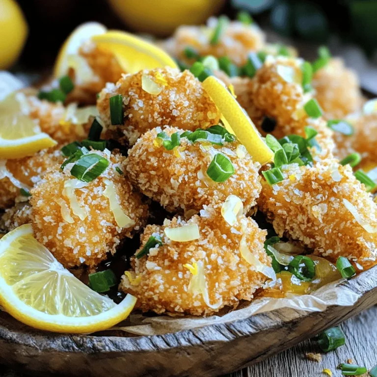 To make Crispy Lemon Chicken, gather these key items: - 1 lb (450g) boneless, skinless chicken thighs, cut into bite-sized pieces - 1 cup all-purpose flour - 1 teaspoon garlic powder - 1 teaspoon onion powder - 1 teaspoon paprika - 1/2 teaspoon black pepper - 1/2 teaspoon salt - 2 large eggs - 1 cup breadcrumbs (panko for extra crunch) - 1/4 cup lemon juice (freshly squeezed) - Zest of 1 lemon - 2 tablespoons soy sauce - 1 teaspoon honey - 2 tablespoons sesame oil - Chopped green onions and lemon slices for garnish Each ingredient plays a role. The chicken thighs stay juicy inside, while the flour and breadcrumbs create a crispy coat. The lemon juice and zest add a bright, zesty flavor that lifts the dish. Feel free to add these items to enhance your dish: - Chopped green onions - Lemon slices - Steamed rice - Stir-fried vegetables These garnishes bring color and freshness to your plate. They also balance the rich flavors of the chicken. You can make some swaps if needed: - Use chicken breasts instead of thighs for a leaner option. - Replace all-purpose flour with gluten-free flour for a gluten-free dish. - Substitute honey with maple syrup for a vegan-friendly option. - Use olive oil instead of sesame oil for a different taste. These substitutions allow you to tailor the recipe to your diet or taste preferences. With these ingredients, you can create a dish that feels homemade and tastes better than takeout. Start by gathering your chicken. I like to use boneless, skinless chicken thighs. Cut them into bite-sized pieces. This size helps them cook evenly and stay juicy. Next, prepare your breading station. In one bowl, mix 1 cup of flour with garlic powder, onion powder, paprika, black pepper, and salt. This adds great flavor. In another bowl, beat 2 large eggs until smooth. In a third bowl, pour in 1 cup of breadcrumbs. Panko works best for that extra crunch. Heat 2 tablespoons of sesame oil in a large skillet over medium-high heat. Make sure the oil is hot before adding chicken. This keeps the chicken from getting soggy. Take a piece of chicken and dip it first in the flour mix, then in the eggs, and finally coat it in breadcrumbs. Place the coated chicken pieces in the skillet. Fry them in batches so they get crispy. Cook for about 5-7 minutes on each side. They should turn golden brown. Once cooked, put the chicken on a paper towel-lined plate. This helps absorb extra oil. While the chicken cooks, mix your lemon sauce. In a small bowl, combine 1/4 cup of lemon juice, the zest of 1 lemon, 2 tablespoons of soy sauce, and 1 teaspoon of honey. Whisk it all together until smooth. When the chicken is done, remove it from the skillet, but keep the heat on. Pour the lemon sauce into the same skillet. Scrape up any brown bits from the chicken. This adds flavor. Let it simmer for 2-3 minutes until it thickens slightly. Finally, add the crispy chicken back into the skillet. Toss it gently in the sauce until coated. To get your chicken super crispy, follow these steps: - Use panko breadcrumbs. They give a great crunch. - Make sure the oil is hot before adding chicken. This helps to seal in moisture. - Don’t overcrowd the skillet. This allows even cooking and crispiness. You can also double coat your chicken. Dip it in the flour, then eggs, and repeat the breadcrumbs. This adds even more crunch. Frying chicken can be tricky, but these tips help: - Use a deep skillet or pot. This gives enough space for chicken to cook. - Maintain the oil temperature. If it cools, the chicken absorbs more oil. - Flip the chicken only once. This keeps the coating intact and crispy. Cook in batches if needed. This way, every piece gets the perfect golden color. Want to boost your lemon sauce flavor? Try these ideas: - Add fresh herbs like thyme or basil. They bring a nice aroma. - Include a pinch of chili flakes for heat. This balances the lemon's tang. - Mix in a splash of chicken broth. It adds depth to the sauce. These enhancements make your lemon sauce bright and flavorful. Enjoy creating your own version! {{image_2}} Want to add a kick? Mix in some heat. You can add crushed red pepper flakes to the flour mix. Start with 1/2 teaspoon and adjust to taste. This gives your chicken a warm, spicy flavor that pairs well with the lemon. You can also try a dash of hot sauce in the lemon sauce for extra zing. Chicken is great, but other proteins can shine too. Try using shrimp or tofu for a fun twist. For shrimp, just peel, devein, and follow the same steps. Tofu needs to be pressed and cubed first. This gives it a better texture. Both options bring unique tastes while keeping the crispy lemon theme. If you're looking for a vegetarian dish, swap chicken for cauliflower. Cut a head of cauliflower into bite-sized florets. Follow the same coating steps for the crispy texture. You can also use eggplant for a different flavor. Slice it into thick rounds and coat just like the chicken. Both options are delicious and keep the recipe fun! To keep your crispy lemon chicken fresh, store it in an airtight container. Let it cool first, then place it in the fridge. It will last for about three days this way. This method helps maintain the flavor and texture. When you're ready to enjoy leftovers, reheat them in a skillet. Add a little oil to keep the chicken crispy. Heat over medium until warm, about 5-7 minutes. You can also use an oven. Preheat to 350°F (175°C) and bake for 10-15 minutes. Avoid microwaving, as it can make the chicken soggy. You can freeze crispy lemon chicken for later meals. Place cooled chicken in a freezer-safe bag before sealing. Remove as much air as possible to avoid freezer burn. It can stay in the freezer for up to three months. To reheat, let it thaw overnight in the fridge before reheating as mentioned above. This keeps the chicken tasty and crispy. To make this chicken gluten-free, swap the all-purpose flour and breadcrumbs. Use gluten-free flour and gluten-free breadcrumbs instead. These options work well in the recipe. You can often find them at local stores. This way, you can enjoy the same great taste without gluten. Yes, you can use chicken breasts instead of thighs. Chicken breasts will cook faster, so check them often. Cut them into similar bite-sized pieces for even cooking. The dish will still taste delicious, but thighs add more moisture and flavor. You can serve Crispy Lemon Chicken with various sides. Here are some tasty options: - Steamed rice - Stir-fried vegetables - Noodles - A fresh salad - Garlic bread These sides balance the flavors and make a complete meal. Choose what you enjoy most! This article explored how to make crispy lemon chicken. We covered essential ingredients, step-by-step cooking methods, and tips for extra crispiness. You learned about different variations, how to store leftovers, and common questions. Crispy lemon chicken can delight your taste buds. With simple steps and a few tweaks, you can create this dish just the way you like it. Enjoy experimenting with flavors and make it your own!