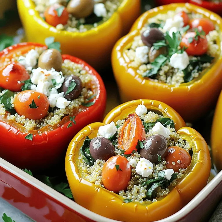 - 4 medium bell peppers (any color) - 1 cup quinoa, rinsed - 2 cups vegetable broth - 1 cup cherry tomatoes, halved - 1 cup baby spinach, chopped - 1/2 cup Kalamata olives, pitted and chopped - 1/2 cup feta cheese, crumbled - 1 tablespoon olive oil - 1 teaspoon dried oregano - 1 teaspoon garlic powder - Salt and pepper to taste - Fresh parsley, for garnish Bell peppers form a sweet and colorful base. Quinoa adds protein and texture. Vegetable broth infuses great flavor into the quinoa. Cherry tomatoes bring juiciness and acidity. Baby spinach adds nutrients and a pop of green. Kalamata olives give a salty, briny taste. Feta cheese adds creaminess and tang. Olive oil enhances flavor and helps with cooking. Dried oregano is key for that Mediterranean taste. Garlic powder adds depth to the dish. Salt and pepper enhance all the flavors. Fresh parsley is a lovely garnish that adds color. When choosing bell peppers, look for ones that are firm and shiny. They should feel heavy for their size. Select quinoa that is clean and free from debris. For cherry tomatoes, pick ones that are plump and have a bright color. Baby spinach should be vibrant and crisp. Choose Kalamata olives that are pitted and look glossy. Feta cheese should be fresh and crumbly. Always check the olive oil for a strong aroma, as freshness is key. To make the quinoa, start by rinsing it under cold water. This step helps remove any bitter taste. Next, bring two cups of vegetable broth to a boil in a medium saucepan. Once boiling, add one cup of rinsed quinoa. Lower the heat to a simmer, cover, and let it cook for about 15 minutes. The quinoa will absorb the broth and become fluffy. After cooking, remove it from heat and let it sit for a few minutes. Fluff the quinoa with a fork to separate the grains. This makes the base for your filling. While the quinoa cools, prepare your bell peppers. Cut off the tops and remove the seeds and membranes. This ensures your peppers will be ready to hold the filling. Place the peppers upright in a baking dish. In a large bowl, mix the cooked quinoa with halved cherry tomatoes, chopped baby spinach, chopped Kalamata olives, and crumbled feta cheese. Drizzle in one tablespoon of olive oil, and sprinkle with oregano, garlic powder, salt, and pepper. Combine everything well. This mixture bursts with Mediterranean flavors. Now, spoon the filling into each pepper, packing it down gently. Fill them generously, but avoid overstuffing. Preheat your oven to 375°F (190°C) to ensure even cooking. Cover the baking dish with foil, then bake the peppers for 25 minutes. This helps steam them while cooking. After that, remove the foil and bake for another 15 minutes. This allows the tops to brown and the peppers to soften. You want them tender but still holding their shape. When done, take the baking dish out of the oven and let the peppers cool for a few minutes. Garnish with fresh parsley before serving. Enjoy your tasty Mediterranean quinoa stuffed peppers! When making Mediterranean quinoa stuffed peppers, it’s easy to make some common mistakes. Here are a few to watch out for: - Under-cooking the quinoa: Always cook the quinoa until fluffy. If it’s too hard, it won’t taste good. - Over-filling the peppers: Don’t pack the quinoa too tightly. The peppers need space to cook evenly. - Skipping the seasoning: Make sure to salt well. It brings out the flavors in the dish. To get the most flavor from your stuffed peppers, follow these tips: - Use fresh herbs: Fresh parsley adds a bright taste when you garnish the dish. - Add lemon zest: A little lemon zest in the filling can brighten the flavors. - Let the mixture rest: Allow the quinoa mixture to sit for a few minutes before stuffing. This helps the flavors blend. These stuffed peppers make a great main dish or a side. Here are some ideas: - Serve with a side salad: A light salad with lettuce and vinaigrette pairs well. - Add a yogurt sauce: A dollop of yogurt on top adds creaminess and tang. - Pair with crusty bread: A slice of warm bread can soak up any extra flavors on the plate. {{image_2}} You can easily make Mediterranean quinoa stuffed peppers vegetarian or vegan. To make them vegetarian, simply use more cheese, like mozzarella or a mix of cheeses. For vegan options, skip the cheese or use a plant-based cheese. You can also add nuts or seeds for extra crunch and protein. This way, you keep the dish flavorful and satisfying without animal products. If you have specific dietary needs, substitutions work well. If you're gluten-free, ensure the quinoa is certified gluten-free. For a low-sodium version, use low-sodium vegetable broth and olives. If you can't have nuts, replace them with sunflower seeds for crunch. Each swap maintains taste while catering to your needs. You can mix up the filling based on your taste. Try adding black beans for protein or corn for sweetness. You can also swap in other veggies like zucchini or mushrooms. For a spicier kick, add diced jalapeños. Each choice adds a new layer of flavor and makes the dish unique. Experimenting with fillings keeps the recipe fresh and fun! To store your Mediterranean quinoa stuffed peppers, let them cool completely. Place them in an airtight container. You can keep them in the fridge for up to 4 days. This method locks in freshness and flavor, so you can enjoy them later. If you want to freeze your stuffed peppers, wrap each one in plastic wrap. Then, put them in a freezer-safe bag or container. They will last up to 3 months in the freezer. When you are ready to eat, just thaw them in the fridge overnight. To reheat, place the stuffed peppers in an oven-safe dish. Preheat your oven to 350°F (175°C). Cover the dish with foil to keep them moist. Heat for about 20 minutes or until warmed through. This method helps keep the peppers tender and the filling delicious. Enjoy your meal! Yes, you can make these stuffed peppers ahead of time. Prepare the filling and stuff the peppers, then store them in the fridge for up to two days. This makes dinner easier on busy nights. Just remember to cover them tightly to keep them fresh. When you're ready to eat, bake them straight from the fridge. They may need a few extra minutes in the oven. If you don’t have quinoa, try using rice, couscous, or farro. Each grain adds its own flavor and texture. Brown rice works well for a nutty taste. Couscous is quick to cook and fluffy. Farro gives a chewy bite that is very satisfying. Adjust the cooking time based on what you choose, so it cooks fully. Stuffed peppers are quite healthy! They are low in calories and rich in nutrients. Bell peppers provide vitamins A and C, while quinoa adds protein and fiber. The olives and feta cheese offer healthy fats and flavor. This dish is balanced and can fit well into many diets. Enjoy them as a main dish or a tasty side! This blog post walked you through the key steps for making stuffed peppers. We explored the main ingredients and their roles, gave tips for fresh produce, and outlined easy instructions. I shared common mistakes to avoid and how to boost flavor. You learned about cool variations and ways to store leftovers too. In conclusion, making stuffed peppers is simple and fun. Enjoy experimenting with flavors and share with friends and family!