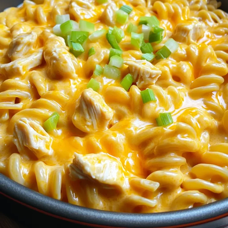 - 2 cups rotini or penne pasta - 1 pound boneless, skinless chicken breasts, diced - 1 tablespoon olive oil - 1 cup chicken broth - 1 cup heavy cream - 1/2 cup buffalo sauce (adjust to taste) - 1 cup shredded cheddar cheese - 1/2 cup cream cheese, softened - 1 teaspoon garlic powder - 1 teaspoon onion powder - Salt and pepper to taste - Chopped green onions or parsley for garnish You need quality ingredients for a great dish. Start with 2 cups of rotini or penne pasta. This pasta holds sauce well. Next, get 1 pound of boneless, skinless chicken breasts. Dice them into small pieces for even cooking. You'll also need 1 tablespoon of olive oil. This helps to cook the chicken and adds flavor. For the sauce, use 1 cup of chicken broth and 1/2 cup of buffalo sauce. Adjust the buffalo sauce to match your spice level. Dairy is key for creaminess. You'll need 1 cup of heavy cream and 1/2 cup of softened cream cheese. The cream cheese makes it extra rich. Don't forget 1 cup of shredded cheddar cheese for that gooey texture. Seasoning is important too. Use 1 teaspoon each of garlic powder and onion powder. Add salt and pepper to taste for balance. Finally, garnish with chopped green onions or parsley. This adds color and freshness to your dish. With these ingredients, you are set for a delicious meal! First, heat one tablespoon of olive oil in a large pot over medium-high heat. Next, add 1 pound of diced chicken breasts. Season the chicken with salt, pepper, garlic powder, and onion powder. Cook the chicken for about 5-7 minutes. You want it to be fully cooked and no longer pink inside. This step is key for a safe and tasty dish. After the chicken is done, it’s time to add the flavor! Pour in 1 cup of chicken broth and 1/2 cup of buffalo sauce. Stir it well and bring the mixture to a simmer. Now, add 2 cups of rotini or penne pasta to the pot. Cook the pasta according to the package instructions, usually about 10-12 minutes. Stir it often to keep it from sticking. Once the pasta is al dente, reduce the heat to low. Pour in 1 cup of heavy cream and add 1/2 cup of softened cream cheese. Stir continuously until the cream cheese melts completely. This will make your dish creamy and rich. Now for the best part—cheese! Gradually add 1 cup of shredded cheddar cheese while stirring. Keep stirring until everything is creamy and smooth. If you like more heat, adjust the buffalo sauce to your taste. Once it’s all combined and heated through, remove the pot from the heat. Serve hot, garnished with chopped green onions or parsley for a fresh finish. To keep your pasta from sticking, stir it often. Use a large pot with enough water. Make sure to add salt to the water. This helps flavor the pasta. Check for doneness by tasting a piece. It should be firm but not hard. You can also look for a slight bounce. This means it's al dente. Adjust the spice level to fit your taste. If you want more heat, add more buffalo sauce. Just do it a little at a time. For extra flavor, try adding vegetables. Chopped bell peppers or spinach work great. You can also mix in some cooked bacon for added richness. Use a large, shallow bowl to serve. This makes the dish look inviting. For garnish, chop some green onions or parsley. Sprinkling these on top adds color and freshness. You can also add a drizzle of extra buffalo sauce for flair. {{image_2}} You can change the pasta type in this recipe. Rotini or penne works well. But you can also use gluten-free pasta if you need. Just follow the cooking time on the package. For proteins, chicken is great, but you can swap it out. Turkey is a good choice, too. If you prefer a plant-based option, use diced tofu. It absorbs flavors well, making it a tasty alternative. Want a spicy kick? Add jalapeños to your dish. They give heat and a nice crunch. You can also mix in veggies like spinach or bell peppers. They add color and nutrients, making your meal even better. Don’t be afraid to experiment! You can add more buffalo sauce if you like it hot. Adjust the flavors to fit your taste. If you are gluten-free, use gluten-free pasta. This way, you can enjoy the meal without worry. For a dairy-free option, swap the heavy cream and cheese with plant-based alternatives. Use coconut milk or cashew cream. These give creaminess without the dairy. These variations make this dish flexible and fun to enjoy in many ways! To store your One-Pot Creamy Buffalo Chicken Pasta, let it cool first. Place it in an airtight container. This keeps the flavors fresh. You can store it in the fridge for up to three days. When you are ready to eat, just take it out and reheat. If you want to save some for later, freezing works well. Use a freezer-safe container to store the pasta. You can freeze it for up to three months. To thaw, move it to the fridge overnight. This helps keep the taste and texture. For the best flavor, reheat the pasta on the stove. Add a splash of chicken broth or cream to keep it creamy. Stir it over low heat until warm. You can also use the microwave, but keep an eye on it. Heat in short bursts to avoid overcooking. Enjoy your tasty meal again! Yes, you can make this dish ahead of time. To prep, cook the pasta and chicken as directed. After that, let it cool. Store the pasta in an airtight container. Keep it in the fridge for up to three days. When ready to eat, simply reheat on the stove. Add a splash of chicken broth to keep it creamy. This dish pairs well with several sides. Here are some ideas: - Garlic bread for dipping - A fresh garden salad - Steamed broccoli for a healthy touch - Roasted vegetables for extra flavor These sides will balance out the richness of the pasta and add more texture to your meal. If you want to tone down the heat, follow these tips: - Use less buffalo sauce. Start with a quarter cup and add more if needed. - Mix in some cream cheese to balance the spice. - Add a dollop of sour cream on top when serving. This cools it down nicely. - Consider using a milder hot sauce if you prefer less heat. These changes help you enjoy the dish without too much spice. This blog post covered how to make One-Pot Creamy Buffalo Chicken Pasta. You learned about the key ingredients, step-by-step cooking instructions, and helpful tips for perfecting the dish. I also shared variations to suit different tastes and dietary needs. In my final thoughts, this is a fun and easy recipe. You can adapt it to fit your taste. Enjoy making it from scratch and impress your family or friends!