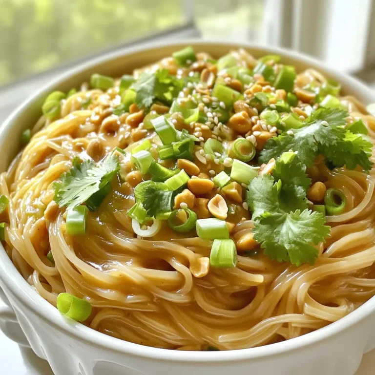 This dish is simple and packed with flavor. Here’s what you need: - 8 oz (225g) rice noodles - 3 tablespoons creamy peanut butter - 2 tablespoons soy sauce - 2 tablespoons sesame oil - 2 tablespoons lime juice - 3 cloves garlic, minced - 1 teaspoon red chili flakes (adjust to taste) - 1 tablespoon honey (or maple syrup for vegan option) - 3 green onions, chopped - Fresh cilantro, for garnish - Crushed peanuts, for garnish Each ingredient brings its own charm. The rice noodles are soft and comforting. Peanut butter adds creaminess. Soy sauce gives a salty depth. Sesame oil brings a nutty aroma. Lime juice adds brightness. Garlic and red chili flakes pack a punch. Honey balances the heat and salt. Green onions add a fresh crunch. Cilantro and crushed peanuts finish the dish with color and texture. You can make this dish your own with some fun toppings: - Sliced cucumber for crunch - Chopped bell peppers for sweetness - A sprinkle of sesame seeds for extra nutty flavor - Sliced jalapeños for more heat These options let you customize your meal. They add freshness or extra spice based on your taste. If you have dietary needs, here are some easy swaps: - Use gluten-free soy sauce or tamari for a gluten-free meal. - Substitute almond butter or sunflower seed butter for those with nut allergies. - Swap rice noodles for zucchini noodles or other vegetable noodles for a low-carb option. These substitutions keep the dish tasty while catering to different diets. You can enjoy this meal without worry. Start by cooking the rice noodles. Soak the noodles in hot water. Let them sit for about 5-6 minutes. They should be soft but not mushy. After soaking, drain the noodles well. Set them aside in a large bowl. Next, make the peanut sauce. In a mixing bowl, add creamy peanut butter, soy sauce, and sesame oil. Squeeze in fresh lime juice for a zesty kick. Then, add minced garlic and red chili flakes. If you like heat, add more flakes! Drizzle in honey for sweetness. Whisk everything together until smooth. If it’s too thick, add warm water a little at a time. This will help reach your desired consistency. Now, it’s time to mix. Toss the cooked noodles into the peanut sauce. Make sure every noodle gets coated. This is where the magic happens! Next, add chopped green onions for a fresh crunch. Give it another gentle toss. Now your Minute Garlic Chili Peanut Noodles are ready to serve! Enjoy them warm and garnish with fresh cilantro and crushed peanuts. To boost the taste of your Minute Garlic Chili Peanut Noodles, use fresh ingredients. Fresh garlic adds a punch. You can also try adding a splash of rice vinegar. This gives a nice tang. For an extra kick, add more chili flakes. If you love umami, mix in a bit of miso paste. This adds depth and richness. To save time, soak the rice noodles while you prep the sauce. This can cut down on cooking time. Use a whisk to mix the sauce quickly. If you have a jar of peanut sauce, you can use that instead. It saves even more time. Pre-chop your green onions and cilantro ahead of time. Keep them in the fridge for quick use. For a beautiful presentation, create a nest with the noodles in a bowl. Top it with a handful of fresh cilantro. Add crushed peanuts for crunch. Drizzle a little extra sesame oil on top. This gives a nice shine and flavor. Serve with lime wedges on the side for an extra zesty touch. {{image_2}} You can easily make this dish vegan. Just swap honey for maple syrup. This small change keeps the sweetness while making it plant-based. You can also use a brand of peanut butter that is dairy-free. Check the label to ensure there are no hidden dairy ingredients. Want to boost protein in your meal? Add cooked tofu or chickpeas. They blend nicely with the flavors. You can also use shredded chicken or shrimp for a non-vegetarian twist. Cooked protein adds heartiness and makes the dish even more filling. Adding veggies is a simple way to enhance this dish. You can toss in bell peppers, carrots, or snap peas. These colorful veggies not only add nutrition but also crunch. Try steaming them lightly before mixing them in. This keeps their bright colors and adds a fresh taste to your noodles. After you enjoy your Minute Garlic Chili Peanut Noodles, store leftovers in an airtight container. This keeps them fresh for about three days. Make sure to let the noodles cool before sealing the container. This helps prevent sogginess. To reheat the noodles, place them in a pan over low heat. Add a splash of water or sesame oil to avoid drying out. Stir gently until warmed through. This keeps the noodles soft and tasty. You can also use a microwave for quick reheating. Just cover the bowl with a damp paper towel to keep moisture in. If you want to save these noodles for later, freezing is a great option. Place the noodles in a freezer-safe bag or container. Squeeze out as much air as you can. They can last up to a month in the freezer. When ready to eat, thaw them in the fridge overnight. Reheat as mentioned above, and enjoy your tasty meal again! You can use many types of noodles for this dish. Rice noodles are my favorite because they soak up the sauce well. You can also try udon or egg noodles if you prefer. Just make sure to adjust cooking times based on the type you choose. Yes, you can make this dish ahead of time. Cook the noodles and mix the sauce. Store them separately in the fridge. When you’re ready to eat, combine the noodles and sauce. This keeps the noodles from getting too soft. The spice level depends on your taste. The recipe calls for one teaspoon of red chili flakes. If you like it spicy, add more. If you prefer less heat, use less. You can always adjust it to fit your liking. Garlic chili peanut noodles are easy to make and packed with flavor. We covered the main ingredients, optional toppings, and substitutions for diets. You learned how to prepare the noodles, make the sauce, and combine them. I shared tips to enhance flavor and save time. We also explored vegan options and how to store leftovers. These noodles are versatile and fun to make. Enjoy experimenting with flavors and sharing them with others. Happy cooking!