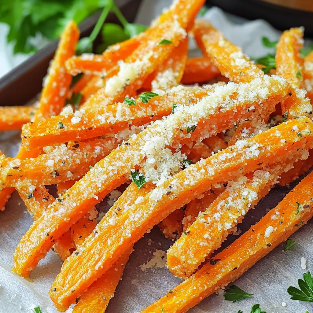 - 4 large carrots, cut into fries - 2 tablespoons olive oil - 3 cloves garlic, minced - 1/4 cup grated Parmesan cheese - 1 teaspoon dried Italian herbs (oregano, thyme, basil) - Salt and pepper to taste - Fresh parsley, chopped (for garnish) To make these carrot fries, gather the following tools: - Air fryer - Large bowl - Knife and cutting board - Peeler - Measuring spoons - Spatula or tongs This recipe serves four and provides the following nutrition per serving: - Calories: 130 - Total Fat: 6g - Saturated Fat: 2g - Carbohydrates: 18g - Fiber: 4g - Protein: 4g - Sodium: 150mg These carrot fries are a tasty and healthy snack. They offer a good mix of fiber and vitamins. The Parmesan adds a nice touch of flavor and richness. You can enjoy them guilt-free! Start by peeling the carrots. Use a sharp peeler for ease. Cut them into fry-shaped pieces. Aim for 1/4 inch thick to cook evenly. This size helps them get crispy. Place them in a large bowl once cut. In the same bowl, add 2 tablespoons of olive oil. Mince three cloves of garlic and add them too. Sprinkle in 1 teaspoon of dried Italian herbs. Season with salt and pepper to taste. Toss everything together until the carrots are well coated. Make sure every fry gets the flavors. Preheat your air fryer to 400°F (200°C). This takes about 3-5 minutes. Once preheated, place the carrot fries in the basket. Keep them in a single layer. If your air fryer is small, do this in batches. Cook for 15-18 minutes. Shake the basket halfway through for even cooking. The fries should look golden and crispy. When done, remove them and sprinkle 1/4 cup of grated Parmesan cheese on top. Toss gently so the cheese sticks. Garnish with fresh parsley before serving. Enjoy your tasty carrot fries! For crispy carrot fries, cut them into even pieces. Aim for about 1/4 inch thick. This helps them cook evenly. Make sure to dry the carrots well after washing. Moisture can make them soggy. When you season them, use just enough olive oil to coat. Too much oil can lead to less crispiness. Finally, do not crowd the air fryer basket. Cook in batches if needed to allow air to flow. Seasoning is key for great flavor. Start by tossing the carrot fries with olive oil. Use about 2 tablespoons for 4 large carrots. Add minced garlic for a bold taste. I like to use 3 cloves. Sprinkle in 1 teaspoon of dried Italian herbs. This mix of oregano, thyme, and basil adds a nice touch. Finish with salt and pepper to taste. Taste the mixture before cooking. Adjust if needed for your flavor preference. To boost the flavor, consider adding lemon zest. A little zest brightens the dish. You can also use fresh herbs like rosemary or dill. If you want more heat, add a pinch of cayenne pepper. After cooking, sprinkle more Parmesan cheese on top. It melts beautifully and adds creaminess. For freshness, don’t forget the chopped parsley for garnish. This adds color and a burst of flavor. {{image_2}} You can change the flavor of your carrot fries easily. Try using smoked paprika for a smoky taste. If you like a kick, add cayenne pepper for heat. You can also use chili powder for a rich flavor. For a zesty twist, mix in lemon zest. Experimenting with these spices can create a new favorite dish! Carrots are great, but other veggies can also shine. Sweet potatoes offer a sweet flavor that pairs well with garlic. Zucchini fries are lighter and cook quickly in the air fryer. You can even use parsnips for a unique taste. Just cut them into similar shapes for even cooking. Each veggie brings its own fun twist to this dish. Making this dish fit your needs is easy. To keep it gluten-free, ensure your seasonings are certified gluten-free. For a vegan option, skip the Parmesan cheese or use a plant-based cheese instead. You can also try nutritional yeast for a cheesy flavor without dairy. These swaps keep the dish tasty while fitting your dietary choices. After you enjoy your Air Fryer Garlic Parmesan Carrot Fries, store any extras in an airtight container. They will stay fresh for up to three days in the fridge. Make sure they cool down before sealing the container. This helps keep them crispy longer. To reheat your carrot fries, use the air fryer again for the best results. Set it to 350°F (175°C). Heat the fries for about 5-7 minutes, shaking the basket halfway through. This method keeps them crispy and tasty. You can also use a microwave, but the texture won't be as great. You can freeze these carrot fries for later. First, lay them out on a baking sheet in a single layer. Freeze them for about one hour until hard. Then, transfer them to a freezer bag. They can last up to three months in the freezer. When you're ready to eat, cook them straight from frozen in the air fryer. Air fryer carrot fries stay fresh for about 3 to 5 days in the fridge. To keep them tasty, store them in an airtight container. Reheat in the air fryer for a few minutes to regain that crispiness. Yes, you can use baby carrots! Just cut them into fry shapes. They may cook a bit faster than larger carrots, so keep an eye on them while air frying. Garlic parmesan carrot fries pair well with many dishes. You can serve them with grilled chicken, burgers, or even as a snack with dipping sauces. Try ranch or garlic aioli for an extra kick! In this blog post, we explored how to make tasty carrot fries. We discussed the key ingredients, cooking steps, and helpful tips for perfect crispiness. You can spice up your fries with different flavors and store leftovers easily. Remember, using fresh ingredients and the right seasonings enhances taste. Experiment with plant-based options to suit your diet. Enjoy making these fries your own and impress your friends and family with your delicious dish. Now, grab your air fryer and start cooking!