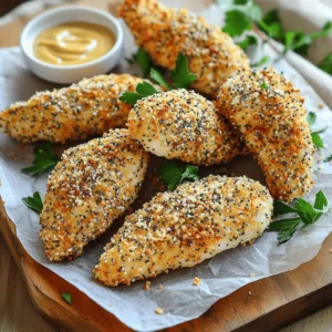 - 1 lb chicken tenders - 1 cup buttermilk (or milk with a splash of vinegar) - 1 cup all-purpose flour - 2 large eggs - 1 ½ cups panko breadcrumbs - 3 tablespoons everything bagel seasoning - Salt and pepper to taste - Cooking spray For this recipe, I use fresh chicken tenders because they cook quickly. Buttermilk is key. It adds moisture and flavor. If you don't have buttermilk, mix regular milk with a splash of vinegar. This trick works great for a tender result. I use all-purpose flour for coating. It helps the egg and breadcrumbs stick well. The two eggs create a rich, tasty layer on the chicken. The panko breadcrumbs give the chicken a light, crispy texture. I love using panko because it makes the tenders crunchier than regular breadcrumbs. Everything bagel seasoning adds a fun flavor twist. It includes garlic, onion, sesame seeds, and poppy seeds for a savory kick. Lastly, season with salt and pepper to taste. This enhances the dish's overall flavor. And don't forget the cooking spray! It keeps the chicken from sticking and helps it crisp up nicely in the air fryer. Gather all these ingredients for a fun cooking adventure! Start by placing the chicken tenders in a bowl. Pour in the buttermilk until the chicken is fully covered. This step adds flavor and makes the chicken tender. Cover the bowl with plastic wrap and put it in the fridge. Let the chicken marinate for at least 30 minutes. For extra flavor, you can add spices to the buttermilk if you like. Now, let’s set up your breading stations. You need three bowls for this. In the first bowl, mix 1 cup of all-purpose flour with a pinch of salt and pepper. In the second bowl, beat two large eggs until they are well mixed. In the third bowl, combine 1 ½ cups of panko breadcrumbs with 3 tablespoons of everything bagel seasoning. Make sure to mix them well so every piece of breadcrumb is seasoned. Once the chicken has marinated, take each tender out of the buttermilk. Shake off any extra liquid. First, dredge the chicken in the flour mix, coating it evenly. Next, dip it into the beaten eggs, letting the excess drip off. Finally, roll the chicken in the panko mixture, pressing gently to make sure it sticks. Repeat this for all chicken tenders. Before you start cooking, preheat your air fryer. Set it to 380°F (193°C) and let it heat up for about 5 minutes. While it’s preheating, lightly spray the basket with cooking spray. This helps prevent sticking and gives a nice crisp to the chicken. Now it’s time to cook! Place the breaded chicken tenders in a single layer in the air fryer basket. Make sure not to overcrowd them; it’s better to cook in batches. Spray the tops lightly with cooking spray for extra crispiness. Cook for about 10-12 minutes. Flip the tenders halfway through for even cooking. They are done when they are golden brown and reach an internal temperature of 165°F (74°C). Once cooked, carefully remove the chicken tenders from the air fryer. Let them rest for a few minutes before serving. For an appealing presentation, serve them on a wooden board lined with parchment paper. Add a side of your favorite dipping sauce, like honey mustard or spicy mayo. For a colorful touch, garnish with fresh parsley or chives. Enjoy your crispy, flavorful chicken tenders! Marinating chicken is key. I suggest at least 30 minutes in buttermilk. This helps keep the chicken juicy. If you’re short on time, even 15 minutes helps. You can swap buttermilk for milk mixed with a splash of vinegar. This gives a similar tangy taste. For crispy tenders, preheat your air fryer to 380°F (193°C). This helps the chicken crisp up nicely. Lightly spray the basket with cooking spray before you add the chicken. After breading, spray the tops with cooking spray too. This boosts that crunchy texture you want. Fry in a single layer. Avoid overcrowding the basket. This ensures even cooking and crispiness. Watch out for a few key pitfalls. First, don’t skip the marinating step. It keeps the chicken tender. Second, ensure the air fryer is preheated. This makes a big difference. Lastly, avoid using too much breading. It can make the tenders soggy. Aim for a nice, even coat. Following these tips will help you make perfect tenders every time! {{image_2}} You can add a fun spin to your chicken tenders. Mix in spices like smoked paprika or garlic powder with the flour. You can also use herbs like dried oregano or thyme. These additions give a unique taste to the chicken. Get creative and find your favorite mix! If you want a lighter meal, swap out the flour for almond flour. This makes the dish gluten-free and lower in carbs. You can also use whole wheat panko breadcrumbs for more fiber. For a lower-calorie option, try using less oil when cooking. These changes keep the flavor without the extra calories. You can still enjoy these chicken tenders without an air fryer. To bake them, preheat your oven to 400°F (200°C). Place the breaded chicken on a baking sheet lined with parchment paper. Bake for about 15-20 minutes, flipping halfway. For pan frying, heat oil in a skillet over medium heat. Cook the chicken for about 5-7 minutes on each side until golden brown. Enjoy the same great flavors! To keep your Air Fryer Everything Bagel Chicken Tenders fresh, place them in an airtight container. If you have a lot, split them into smaller containers. This helps them cool quickly and stay safe. You can store them in the fridge for up to three days. If you want to keep them longer, you can freeze them. Wrap each tender in plastic wrap, then place them in a freezer bag. To reheat chicken tenders, the air fryer is your best friend. Preheat it to 350°F (175°C) for about 5 minutes. Place the chicken tenders in the basket in a single layer. Heat them for 5 to 7 minutes or until they are crispy again. You can also use an oven for reheating. Set it to 350°F (175°C) and bake for 10 to 12 minutes. Both methods keep the chicken tasty and crisp. In the fridge, cooked chicken tenders last about three days. If you freeze them, they can last up to three months. Always check for signs of spoilage before eating. If they smell off or look strange, it's best to toss them. Enjoy your delicious tenders while they are fresh! Yes, you can use regular breadcrumbs. Panko has a lighter, crispier texture. This helps give your chicken tenders a crunchier bite. If you use regular breadcrumbs, your chicken may not be as crisp. You can also mix regular breadcrumbs with a bit of oil for added crunch. To check if chicken tenders are done, look for a few signs. First, the color should be golden brown. Second, the chicken should feel firm to the touch. Most importantly, use a meat thermometer. The internal temperature should reach 165°F (74°C). This ensures the chicken is safe to eat. Yes, you can prep this recipe ahead. Marinate the chicken in buttermilk and store it in the fridge. You can also bread the chicken and keep it in the fridge. Just make sure to cover it tightly. If you plan to freeze the tenders, freeze them before cooking. They can last up to three months in the freezer. When ready, cook them straight from frozen. Adjust your cooking time as needed. This blog post gave you a complete guide for making tasty chicken tenders. We covered the right ingredients, how to marinate, and step-by-step cooking methods. You now have tips for perfecting crispiness and great serving ideas. Whether you choose to spice them up or keep them classic, these tenders can be a hit. Keep experimenting with flavors and methods to find your favorite version. Enjoy making and sharing these delicious treats with friends and family!