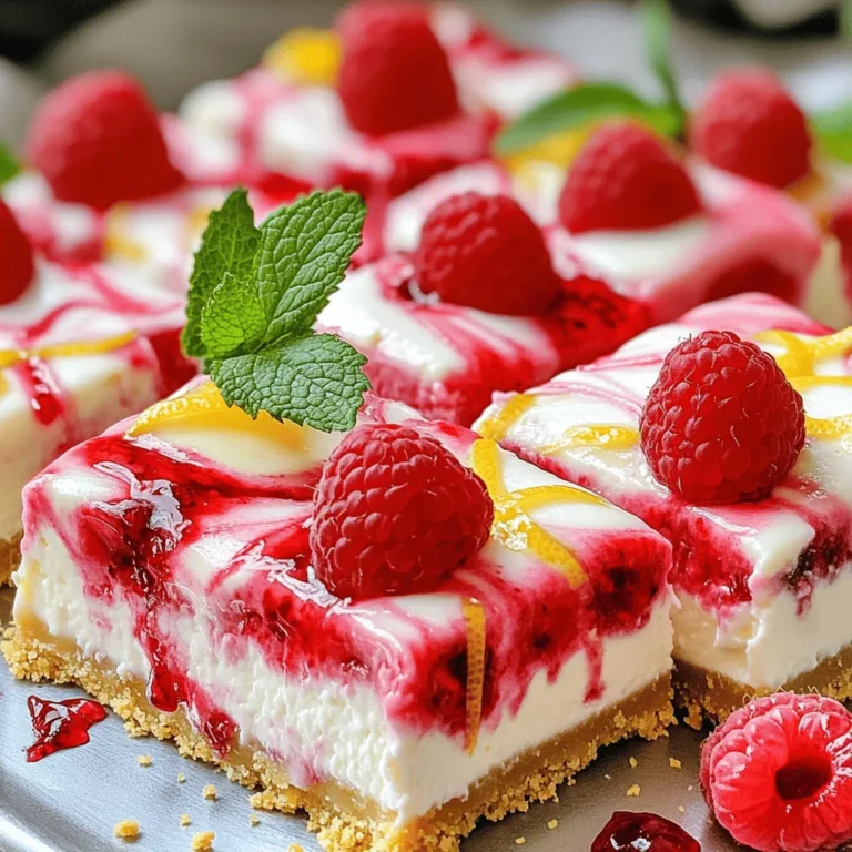 To whip up these tasty Raspberry Lemonade Cheesecake Squares, gather these items: - 1 ½ cups graham cracker crumbs - ½ cup unsalted butter, melted - 2 tablespoons sugar - 16 oz cream cheese, softened - 1 cup granulated sugar - 3 large eggs - Zest of 1 lemon - ¼ cup fresh lemon juice - 1 cup fresh raspberries (or frozen, thawed) - 2 tablespoons raspberry puree (optional for drizzling) - Fresh mint leaves for garnish (optional) Using high-quality ingredients makes a big difference. I recommend using fresh raspberries whenever possible. They offer great flavor and color. Opt for full-fat cream cheese for a rich and creamy texture. Unsalted butter lets you control the salt level. Fresh lemon juice brightens the taste, while zest adds a fragrant note. You can easily swap some ingredients if needed. Use gluten-free graham crackers for a gluten-free option. If you want a lighter option, try low-fat cream cheese. For a fruity twist, you can replace raspberries with blueberries or strawberries. If you don’t have fresh lemon juice, bottled juice works in a pinch, though fresh is best. Start by preheating your oven to 325°F (160°C). In a medium bowl, mix 1 ½ cups of graham cracker crumbs, ½ cup of melted unsalted butter, and 2 tablespoons of sugar. Stir until the mix is well combined. Next, press this mixture into the bottom of a 9x9 inch baking pan. Make sure it’s even and compact. Bake it for 10 minutes, then take it out and let it cool slightly. In a large mixing bowl, beat 16 oz of softened cream cheese with 1 cup of granulated sugar until it's smooth and creamy. Add 3 large eggs, one at a time, mixing well after each addition. Then, stir in the zest of 1 lemon and ¼ cup of fresh lemon juice. This will give your filling a bright and fresh taste. Gently fold in 1 cup of fresh raspberries into the cheesecake mixture. Be careful not to break them too much. You want to keep some whole berries for texture and flavor. If you like, you can also prepare raspberry puree for drizzling later. Pour the cheesecake filling over the cooled crust. Spread it evenly. Bake in the oven for about 30-35 minutes. The center should be slightly set but have a small jiggle. Once done, take it out and let it cool at room temperature for about an hour. After that, refrigerate the cheesecake squares for at least 4 hours to let them set completely. To bake your Raspberry Lemonade Cheesecake Squares well, follow these steps closely: - Preheat your oven to 325°F (160°C). - Use a 9x9 inch pan for perfect size. - Always press the crust down firmly for even baking. - Bake the crust for 10 minutes to set it. - Let it cool slightly before adding the filling. These steps help to keep your crust crisp and tasty. For a smooth cheesecake filling, make sure to soften the cream cheese first. Here are some tips: - Use room temperature cream cheese to avoid lumps. - Beat cream cheese and sugar until creamy and smooth. - Add eggs one by one, mixing well after each. - Fold in raspberries gently to keep them whole. These tricks help create a creamy texture that melts in your mouth. To serve your cheesecake squares beautifully, consider these ideas: - Cut the squares neatly with a sharp knife. - Drizzle raspberry puree over the top for color. - Add fresh mint leaves for a pop of green. - Serve chilled for the best flavor and texture. These presentation tips will make your dessert look as good as it tastes! {{image_2}} You can change the flavor in fun ways. Try adding other berries like blueberries or strawberries. Swirl in some berry puree before baking. This gives a pretty look and extra flavor. You can mix and match flavors for a unique taste. Each bite will be a surprise! You can make these cheesecake squares dairy-free or vegan. Use vegan cream cheese instead of regular cream cheese. Swap the eggs for flax eggs or a store-bought egg replacer. For the crust, use coconut oil instead of butter. This way, everyone can enjoy this treat. Not everyone likes the same sweetness. You can adjust the sugar to your taste. Try reducing the granulated sugar in the filling. If you want it sweeter, add a bit of honey or agave syrup. Taste as you mix to find your perfect balance. Enjoy your squares just how you like them! To keep your raspberry lemonade cheesecake squares fresh, store them in an airtight container. This helps keep moisture out and flavor in. Place the squares in the fridge if you plan to eat them within a week. If you're not eating them soon, freezing is a great option. Freezing these treats is easy. First, let the cheesecake squares cool completely. Cut them into squares and wrap each piece tightly in plastic wrap. Then, place them in a freezer bag or container. They can last up to three months in the freezer. When ready to eat, thaw them in the fridge overnight. These cheesecake squares stay fresh in the fridge for about five to seven days. For the best taste, enjoy them within the first few days. If you notice any change in texture or smell, it's best to toss them. Always check for any signs of spoilage before indulging. Yes, you can use frozen raspberries. Just make sure to thaw them first. Drain any extra liquid to keep your cheesecake from getting too wet. Frozen berries work great and will still add that lovely tart flavor. These cheesecake squares will last in the fridge for about five days. Make sure to cover them tightly with plastic wrap or place them in an airtight container. If they last that long, you're doing great! Absolutely! To make these cheesecake squares gluten-free, simply use gluten-free graham cracker crumbs. You can find them in stores or online. The rest of the ingredients are naturally gluten-free, so you’re all set! If your cheesecake cracks, don’t worry! It can still taste great. To avoid cracks in the future, try baking it in a water bath. If a crack happens, you can cover it with whipped cream or fruit puree for a pretty fix. You’ll know your cheesecake is done when the edges are set, but the center still jiggles slightly. It will firm up as it cools. A toothpick inserted in the center should come out mostly clean. Keep an eye on it during the last few minutes of baking! This blog post showed you how to make delicious cheesecake squares from scratch. We discussed the key ingredients you need and the best ways to prepare them. I shared step-by-step instructions and helpful tips for perfect results. You also learned about tasty variations and how to store your cheesecake. Now you can bake with confidence! Try this recipe and share your tasty results.