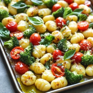 To make this delightful dish, you need: - 1 pound gnocchi (store-bought or homemade) - 2 cups broccoli florets - 1 red bell pepper, chopped - 1 cup cherry tomatoes, halved - 4 cloves garlic, minced - ½ cup grated Parmesan cheese These ingredients form the heart of the recipe. The gnocchi adds a soft and chewy base. The broccoli and bell pepper bring color and crunch. Cherry tomatoes add sweetness and juiciness. Garlic infuses a strong, rich flavor. Parmesan gives a salty and nutty finish. In addition to the main ingredients, gather these: - ¼ cup olive oil - 1 teaspoon garlic powder - 1 teaspoon Italian seasoning - Salt and pepper to taste Olive oil helps everything cook evenly. Garlic powder boosts the garlic flavor. Italian seasoning adds herbs for a fresh touch. Salt and pepper balance the dish, enhancing all the flavors. You can customize your dish with: - Fresh basil leaves, for garnish Basil adds a pop of color and fresh taste. Feel free to add more vegetables if you like. Zucchini or asparagus can work well too. You can also try adding a squeeze of lemon for brightness. First, gather all your ingredients. You need 1 pound of gnocchi, 2 cups of broccoli florets, 1 chopped red bell pepper, and 1 cup of halved cherry tomatoes. Also, grab 4 cloves of minced garlic, ½ cup of grated Parmesan cheese, ¼ cup of olive oil, 1 teaspoon of garlic powder, 1 teaspoon of Italian seasoning, and salt and pepper. Prep time is just 10 minutes. In a large mixing bowl, add the gnocchi, broccoli, bell pepper, and cherry tomatoes. Drizzle the olive oil over the mixture. Then, add the minced garlic, garlic powder, Italian seasoning, and salt and pepper. Mix everything well until the gnocchi and veggies are coated. The oil helps the flavors stick. Preheat your oven to 425°F (220°C). Spread the mixture evenly on a large baking sheet lined with parchment paper. Make sure the gnocchi and vegetables stay in a single layer. This step is key for even cooking. Sprinkle the grated Parmesan cheese on top. Bake for 20-25 minutes until the gnocchi is golden and the veggies are tender. Toss the mix halfway through for even browning. After baking, let it cool for a few minutes. Lastly, garnish with fresh basil leaves before serving. Enjoy your meal! To get the best taste, use fresh garlic. It adds a strong flavor. Mix in grated Parmesan cheese right before baking. This gives a nice crust. Don't skip the olive oil; it helps everything roast well. A pinch of salt and pepper boosts all the flavors. For even cooking, spread the gnocchi and veggies in a single layer. This way, they cook well and get crispy. Toss the mix halfway through baking. This helps everything brown nicely. If you notice some parts cooking faster, move them around. You can swap out veggies based on what you like. Try zucchini or asparagus instead of broccoli. If you prefer a little heat, add red pepper flakes. For a twist, use feta cheese instead of Parmesan. Make it your own and enjoy! {{image_2}} You can easily change this dish to suit a vegetarian diet. Use more veggies like zucchini, carrots, or peas. You can also swap the Parmesan cheese for a plant-based version. Nutritional yeast works great for a cheesy taste without dairy. If you want a heartier meal, add protein to the dish. Cooked chicken, shrimp, or sausage blend well with gnocchi and veggies. Just chop them into bite-sized pieces and mix them in before baking. You can also try chickpeas or lentils for a plant-based option. Using seasonal vegetables makes this dish even better. In spring, add asparagus or snap peas. During summer, use bell peppers and zucchini. In fall, sweet potatoes or Brussels sprouts shine. In winter, root vegetables like carrots or parsnips work well. These choices give you fresh flavors all year round. To store leftovers, let your dish cool down first. Then, transfer it to an airtight container. Keep it in the fridge. It will last up to three days. If you want to keep it longer, freezing is a great option. When it's time to eat again, reheating is simple. Preheat your oven to 350°F (175°C). Place the leftovers on a baking sheet. Cover them with foil to keep moisture in. Heat for about 15-20 minutes. You can also use a microwave for quick reheating. Just use a microwave-safe dish and cover it. Heat for 1-2 minutes, stirring halfway through. If you want to freeze your dish, portion it out first. Use freezer-safe containers or bags. Make sure to remove as much air as possible. Label the containers with the date. You can freeze it for up to three months. To reheat, thaw it in the fridge overnight before warming it up. Enjoy your easy meal anytime! Yes, you can use homemade gnocchi. Fresh gnocchi adds a special touch to this dish. If you make your own, ensure it is firm enough to hold up in the oven. The cooking time may change slightly, so keep an eye on it. You can add many vegetables to this recipe. Try zucchini, asparagus, or carrots for a colorful twist. Green beans or mushrooms also work great. Just cut them into similar sizes for even cooking. To check if it is fully cooked, look for a golden color. The gnocchi should be slightly crispy on the outside. The veggies should be tender but not mushy. You can use a fork to poke the largest pieces to see if they are soft. Yes, you can make this recipe dairy-free. Simply skip the Parmesan cheese or use a dairy-free alternative. Nutritional yeast can add a cheesy flavor without dairy. Always check labels to ensure all other ingredients are dairy-free. This guide covers everything you need to make sheet-pan garlic parmesan gnocchi. You learned about key ingredients, step-by-step cooking, and helpful tips. We also explored variations, storage tips, and answered common questions. Remember, you can easily modify the recipe to fit your taste. Enjoy trying different veggies or proteins. With a few simple steps and ingredients, you can create a delicious meal. Happy cooking!
